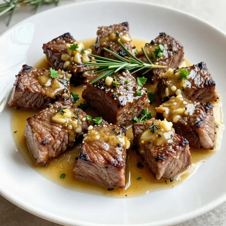 - 1 lb sirloin steak, cut into bite-sized cubes - 4 tablespoons unsalted butter - 4 cloves garlic, minced - 1 teaspoon fresh rosemary, chopped - 1 teaspoon fresh thyme, chopped - Salt and pepper, to taste - 1 tablespoon olive oil - Fresh parsley, chopped (for garnish) When I make garlic butter steak bites, I choose sirloin steak for its flavor and tenderness. Cutting it into bite-sized cubes helps with cooking and serving. The unsalted butter adds richness, while the minced garlic gives it that savory kick. I use fresh rosemary and thyme for a bright flavor. They enhance the steak without overpowering it. Salt and pepper are essential to bring out all the tastes. In my cooking, I never skip the olive oil. It helps to sear the steak and adds a nice crust. Fresh parsley is a must for garnish. It makes the dish look great and adds a fresh touch. Each ingredient plays a role in making this dish a tasty delight. {{ingredient_image_1}} Pat the steak cubes dry with paper towels. This helps get a nice sear. Season them with salt and pepper. Good seasoning brings out the flavor of the meat. Always taste a small piece to check the seasoning. Heat your skillet over medium-high heat. Add olive oil and wait until it shimmers. This shows the pan is hot enough. Avoid overcrowding the pan with steak. Cook in batches if needed. This helps to sear the meat properly. Add the steak cubes to the hot skillet in a single layer. Cook for about 2-3 minutes on each side. Check for a golden-brown color for medium-rare. Use a meat thermometer if needed. Aim for 130°F for perfect doneness. Remove the steak bites and set them aside. In the same skillet, reduce the heat to medium. Add the butter and let it melt slowly. Once melted, add minced garlic, chopped rosemary, and thyme. Stir often for 1-2 minutes. You want the garlic to be fragrant and slightly golden. This adds depth to the dish. Return the steak bites to the skillet. Toss them in the garlic butter until well-coated. Cook for an extra minute to warm through. This step ensures every bite is flavorful and juicy. Remove the skillet from heat. Garnish with chopped fresh parsley. This adds color and freshness to the dish. Serve the steak bites right away for the best taste. Enjoy them as an appetizer or a main dish with sides you love. To make great steak bites, pick the best cut. Sirloin is perfect. It’s tender and flavorful. You can also use ribeye for more fat and flavor. Look for bright red meat. Avoid any brown spots. The marbling of fat is key. It adds taste and keeps the meat juicy. Always ask your butcher for advice if unsure. To boost the taste, think about adding spices. Try smoked paprika or cayenne for heat. A dash of soy sauce adds depth. If you like tanginess, a splash of balsamic vinegar works well. Cooking methods also matter. Searing in a hot pan gives a nice crust. Broiling can add a smoky flavor too. Just keep an eye on it to avoid burning. Overcooking is a common issue. Use a meat thermometer for the best results. Aim for 130°F for medium-rare. Let the steak rest after cooking. This helps keep it juicy. Another tip is to avoid overcrowding the pan. If you add too many pieces, they will steam instead of sear. Cook in batches for even results. Pro Tips Rest the Steak: Allow the steak to rest for a few minutes after cooking. This helps the juices redistribute, making each bite more tender and juicy. Use High Heat: For a perfect sear, ensure your skillet is hot before adding the steak. This creates a nice crust while keeping the inside juicy. Customize the Herbs: Feel free to experiment with different herbs like oregano or basil for a unique flavor profile that suits your taste. Serve with Sides: These steak bites pair wonderfully with sides like mashed potatoes or a fresh salad for a complete meal. {{image_2}} You can change the herbs for unique tastes. Fresh basil and oregano add fresh notes. Rosemary and thyme give a warm, earthy flavor. If you want a kick, use fresh cilantro or dill. Each herb brings its own charm. Experimenting with herbs can make every dish feel new. You can try different cooking methods for your steak bites. Grilling gives a smoky flavor. Sautéing allows for quick cooking and easy cleanup. Broiling is another option, adding a crispy edge. Each method changes the steak's texture and taste. Choose what fits your style and mood. Making garlic butter steak bites gluten-free is easy. Just check your butter and oil for any hidden gluten. For low-carb or keto diets, use less butter and add more herbs. You can also swap sirloin for a leaner cut. These changes keep the dish tasty and satisfying without the carbs. To keep your garlic butter steak bites fresh, store them in an airtight container. Make sure the bites cool down before sealing them. They can last up to three days in the fridge. If you want to enjoy them later, don't wait too long! You can freeze cooked steak bites if you have leftovers. Place the bites in a freezer-safe bag. Remove as much air as possible before sealing. They can last for up to three months in the freezer. When you're ready to eat them, thaw them in the fridge overnight for the best results. To keep steak bites tender, reheat them gently. You can use a skillet over low heat. This method helps maintain moisture. Another option is to use the microwave. If you choose this, cover the bites with a damp paper towel. This will help them stay juicy. Enjoy your steak bites just like they were fresh! The best steak for garlic butter steak bites is sirloin. Sirloin has a nice balance of flavor and tenderness. It cooks well and is easy to cut into bite-sized pieces. Other good options are ribeye or tenderloin. Both cuts offer rich taste and juicy texture. Choose a steak with some marbling for the best results. To check steak doneness, use a meat thermometer. Here are the internal temperatures for steak: - Rare: 120°F (49°C) - Medium-rare: 130°F (54°C) - Medium: 140°F (60°C) - Medium-well: 150°F (66°C) - Well-done: 160°F (71°C) Insert the thermometer into the thickest part. This ensures you get an accurate reading. Yes, you can use other types of butter. For a richer flavor, try garlic herb butter. It adds depth to the dish. You can also use compound butter made with spices or cheeses. Just keep in mind that these alternatives might change the taste slightly. To add spice, try these tips: - Add red pepper flakes while cooking. - Mix in cayenne pepper with the garlic. - Use a spicy seasoning blend before cooking. Start with a small amount and adjust to your taste. This way, you control the heat. Garlic butter steak bites go well with several sides. Here are some great options: - Garlic mashed potatoes for creaminess. - Grilled asparagus for a fresh crunch. - A mixed green salad for balance. These sides complement the steak and create a complete meal. You now have the tools to make tasty garlic butter steak bites. We covered ingredients, cooking steps, and great tips. You learned how to choose steak, avoid mistakes, and even vary flavors. Storing tips help you keep leftovers fresh. Remember, the right seasonings and cooking methods make all the difference. Enjoy cooking your delicious steak bites!