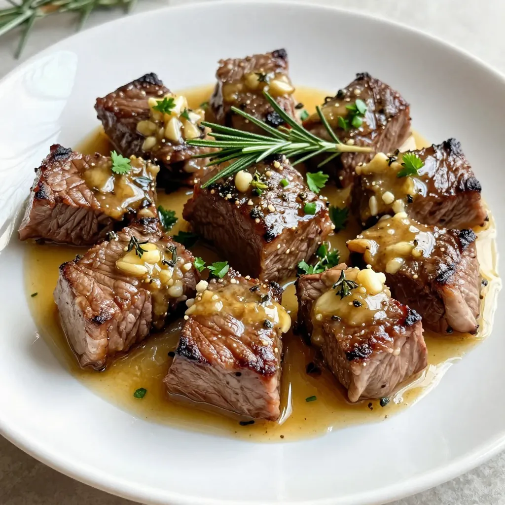 - 1 lb sirloin steak, cut into bite-sized cubes - 4 tablespoons unsalted butter - 4 cloves garlic, minced - 1 teaspoon fresh rosemary, chopped - 1 teaspoon fresh thyme, chopped - Salt and pepper, to taste - 1 tablespoon olive oil - Fresh parsley, chopped (for garnish) When I make garlic butter steak bites, I choose sirloin steak for its flavor and tenderness. Cutting it into bite-sized cubes helps with cooking and serving. The unsalted butter adds richness, while the minced garlic gives it that savory kick. I use fresh rosemary and thyme for a bright flavor. They enhance the steak without overpowering it. Salt and pepper are essential to bring out all the tastes. In my cooking, I never skip the olive oil. It helps to sear the steak and adds a nice crust. Fresh parsley is a must for garnish. It makes the dish look great and adds a fresh touch. Each ingredient plays a role in making this dish a tasty delight. {{ingredient_image_1}} Pat the steak cubes dry with paper towels. This helps get a nice sear. Season them with salt and pepper. Good seasoning brings out the flavor of the meat. Always taste a small piece to check the seasoning. Heat your skillet over medium-high heat. Add olive oil and wait until it shimmers. This shows the pan is hot enough. Avoid overcrowding the pan with steak. Cook in batches if needed. This helps to sear the meat properly. Add the steak cubes to the hot skillet in a single layer. Cook for about 2-3 minutes on each side. Check for a golden-brown color for medium-rare. Use a meat thermometer if needed. Aim for 130°F for perfect doneness. Remove the steak bites and set them aside. In the same skillet, reduce the heat to medium. Add the butter and let it melt slowly. Once melted, add minced garlic, chopped rosemary, and thyme. Stir often for 1-2 minutes. You want the garlic to be fragrant and slightly golden. This adds depth to the dish. Return the steak bites to the skillet. Toss them in the garlic butter until well-coated. Cook for an extra minute to warm through. This step ensures every bite is flavorful and juicy. Remove the skillet from heat. Garnish with chopped fresh parsley. This adds color and freshness to the dish. Serve the steak bites right away for the best taste. Enjoy them as an appetizer or a main dish with sides you love. To make great steak bites, pick the best cut. Sirloin is perfect. It’s tender and flavorful. You can also use ribeye for more fat and flavor. Look for bright red meat. Avoid any brown spots. The marbling of fat is key. It adds taste and keeps the meat juicy. Always ask your butcher for advice if unsure. To boost the taste, think about adding spices. Try smoked paprika or cayenne for heat. A dash of soy sauce adds depth. If you like tanginess, a splash of balsamic vinegar works well. Cooking methods also matter. Searing in a hot pan gives a nice crust. Broiling can add a smoky flavor too. Just keep an eye on it to avoid burning. Overcooking is a common issue. Use a meat thermometer for the best results. Aim for 130°F for medium-rare. Let the steak rest after cooking. This helps keep it juicy. Another tip is to avoid overcrowding the pan. If you add too many pieces, they will steam instead of sear. Cook in batches for even results. Pro Tips Rest the Steak: Allow the steak to rest for a few minutes after cooking. This helps the juices redistribute, making each bite more tender and juicy. Use High Heat: For a perfect sear, ensure your skillet is hot before adding the steak. This creates a nice crust while keeping the inside juicy. Customize the Herbs: Feel free to experiment with different herbs like oregano or basil for a unique flavor profile that suits your taste. Serve with Sides: These steak bites pair wonderfully with sides like mashed potatoes or a fresh salad for a complete meal. {{image_2}} You can change the herbs for unique tastes. Fresh basil and oregano add fresh notes. Rosemary and thyme give a warm, earthy flavor. If you want a kick, use fresh cilantro or dill. Each herb brings its own charm. Experimenting with herbs can make every dish feel new. You can try different cooking methods for your steak bites. Grilling gives a smoky flavor. Sautéing allows for quick cooking and easy cleanup. Broiling is another option, adding a crispy edge. Each method changes the steak's texture and taste. Choose what fits your style and mood. Making garlic butter steak bites gluten-free is easy. Just check your butter and oil for any hidden gluten. For low-carb or keto diets, use less butter and add more herbs. You can also swap sirloin for a leaner cut. These changes keep the dish tasty and satisfying without the carbs. To keep your garlic butter steak bites fresh, store them in an airtight container. Make sure the bites cool down before sealing them. They can last up to three days in the fridge. If you want to enjoy them later, don't wait too long! You can freeze cooked steak bites if you have leftovers. Place the bites in a freezer-safe bag. Remove as much air as possible before sealing. They can last for up to three months in the freezer. When you're ready to eat them, thaw them in the fridge overnight for the best results. To keep steak bites tender, reheat them gently. You can use a skillet over low heat. This method helps maintain moisture. Another option is to use the microwave. If you choose this, cover the bites with a damp paper towel. This will help them stay juicy. Enjoy your steak bites just like they were fresh! The best steak for garlic butter steak bites is sirloin. Sirloin has a nice balance of flavor and tenderness. It cooks well and is easy to cut into bite-sized pieces. Other good options are ribeye or tenderloin. Both cuts offer rich taste and juicy texture. Choose a steak with some marbling for the best results. To check steak doneness, use a meat thermometer. Here are the internal temperatures for steak: - Rare: 120°F (49°C) - Medium-rare: 130°F (54°C) - Medium: 140°F (60°C) - Medium-well: 150°F (66°C) - Well-done: 160°F (71°C) Insert the thermometer into the thickest part. This ensures you get an accurate reading. Yes, you can use other types of butter. For a richer flavor, try garlic herb butter. It adds depth to the dish. You can also use compound butter made with spices or cheeses. Just keep in mind that these alternatives might change the taste slightly. To add spice, try these tips: - Add red pepper flakes while cooking. - Mix in cayenne pepper with the garlic. - Use a spicy seasoning blend before cooking. Start with a small amount and adjust to your taste. This way, you control the heat. Garlic butter steak bites go well with several sides. Here are some great options: - Garlic mashed potatoes for creaminess. - Grilled asparagus for a fresh crunch. - A mixed green salad for balance. These sides complement the steak and create a complete meal. You now have the tools to make tasty garlic butter steak bites. We covered ingredients, cooking steps, and great tips. You learned how to choose steak, avoid mistakes, and even vary flavors. Storing tips help you keep leftovers fresh. Remember, the right seasonings and cooking methods make all the difference. Enjoy cooking your delicious steak bites!