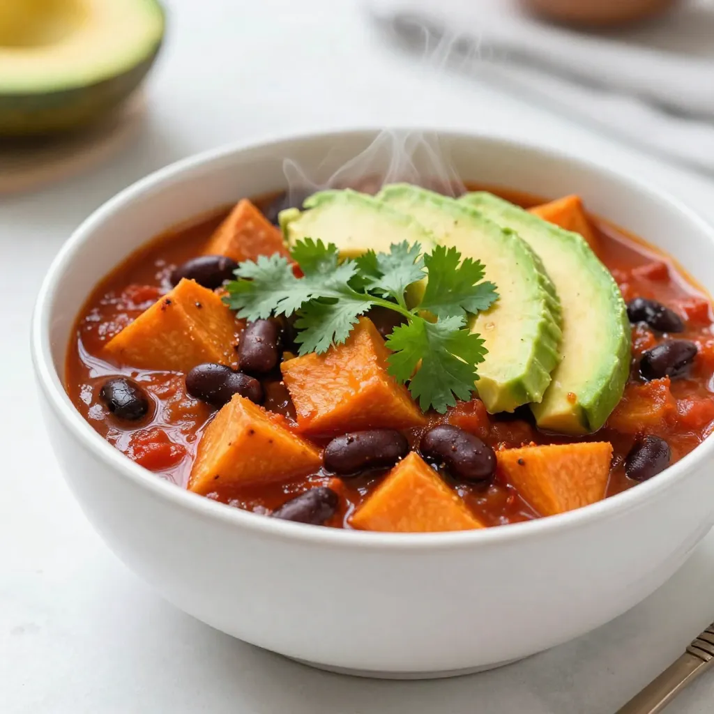 To make a delicious vegan sweet potato black bean chili, gather these items: - 2 medium sweet potatoes, peeled and diced - 1 can (15 oz) black beans, drained and rinsed - 1 can (15 oz) diced tomatoes (with juices) - 1 medium onion, chopped - 2 cloves garlic, minced - 1 bell pepper (red or green), chopped - 1 cup vegetable broth - 2 tablespoons chili powder - 1 teaspoon cumin - 1 teaspoon smoked paprika - 1/2 teaspoon cayenne pepper (optional for heat) - Salt and pepper to taste - 2 tablespoons olive oil - Fresh cilantro, chopped (for garnish) - Avocado slices (for garnish) This chili is packed with flavor and nutrition. Sweet potatoes add sweetness and creaminess. Black beans provide protein and fiber. Diced tomatoes bring moisture and tang. The onion and garlic offer a strong base. Bell peppers add color and crunch. Spices like chili powder and cumin give it warmth and depth. When you shop for these ingredients, look for vibrant sweet potatoes and fresh bell peppers. Quality matters. You can adjust spices based on your taste. This chili is great for meal prep and keeps well in the fridge. Enjoying it with avocado and cilantro elevates the dish. You will love how easy it is to make and how good it tastes! {{ingredient_image_1}} - Prepare the vegetables Start by peeling and dicing the sweet potatoes. Chop the onion and bell pepper. Mince the garlic. - Heat the olive oil In a large pot, pour in the olive oil. Turn the heat to medium. Wait until the oil is hot. - Sauté the onion and bell pepper Add the chopped onion and bell pepper to the pot. Cook for about five minutes. Stir them often until they soften. - Add garlic and cook Stir in the minced garlic. Cook for one more minute. This step makes the kitchen smell great. - Incorporate sweet potatoes and liquids Mix in the diced sweet potatoes. Pour in the vegetable broth and diced tomatoes. Add the black beans next. - Simmer the chili Stir in the spices: chili powder, cumin, smoked paprika, cayenne pepper, salt, and pepper. Bring the mix to a simmer. Cover the pot and cook for 25 to 30 minutes. Stir it occasionally. - Adjust seasonings Check the chili after the sweet potatoes are soft. Taste and add more salt or spices if needed. This simple process makes a hearty and delicious vegan chili that warms you up! - Using fresh spices: Always use fresh spices for the best taste. They add depth and life. Dried spices lose their punch over time. Feel free to adjust the amounts to fit your taste. - Adjusting heat levels: Want it spicier? Add more cayenne pepper. For less heat, reduce or skip it. You control the flavor! - Adding acidity or sweetness: A splash of lime juice brightens the dish. If you want a hint of sweetness, try a little maple syrup. Balance is key. - Choosing the right pot: Use a heavy-bottomed pot for even cooking. A Dutch oven is perfect for chili. It holds heat well and prevents burning. - Timing for optimal texture: Simmer the chili for at least 25 minutes. This softens the sweet potatoes and blends the flavors. Stir occasionally for even cooking. - Ideal accompaniments: Serve your chili with warm corn tortillas. They add a nice crunch. You can also pair it with a side of rice or quinoa for heartiness. - Best garnish options: Top your chili with fresh cilantro and avocado slices. They add freshness and creaminess. You can also sprinkle some lime juice for added zing. Pro Tips Choose the Right Sweet Potatoes: Opt for firm, smooth-skinned sweet potatoes for the best flavor and texture. Add More Vegetables: Feel free to include other veggies like zucchini or corn for added nutrition and flavor. Adjust the Spice Level: Modify the amount of cayenne pepper based on your heat preference, or add a dash of hot sauce for extra kick. Make It Ahead: This chili tastes even better the next day, making it perfect for meal prep or leftovers! {{image_2}} You can switch beans for variety. Try pinto or kidney beans. Both add great flavor. If you want more veggies, consider corn, zucchini, or carrots. They blend well and add color. For dairy-free toppings, use cashew cream or coconut yogurt. These add richness without dairy. You can make this chili in different ways. For a slow cooker version, sauté the onion and pepper first. Then, add everything to the slow cooker. Cook on low for 6-8 hours. For an Instant Pot, use the sauté feature first. Then, add other ingredients. Cook on high pressure for 10 minutes. To change the flavor, add spices like oregano or coriander. They give your chili a new twist. You can also sprinkle in some cinnamon for warmth. Fresh herbs like parsley or thyme brighten the dish. Add them near the end for the best taste. After making the vegan sweet potato black bean chili, let it cool. Use airtight containers for storage. This helps keep the chili fresh. It lasts about 4 to 5 days in the fridge. Always check for any signs of spoilage before you eat it. To freeze the chili, let it cool completely. Portion it into freezer-safe bags or containers. Remove as much air as you can to prevent freezer burn. The chili can last up to 3 months in the freezer. To thaw, place it in the fridge overnight. For a quicker method, use the microwave on low. Reheat it on the stove over medium heat, stirring often until hot. Enjoy it just like when you first made it! Is the chili spicy? This chili has a mild kick. You can add cayenne for extra heat. If you like it mild, skip the cayenne. Adjusting spices is easy to fit your taste. Can I make it ahead of time? Yes, you can prepare this chili in advance. It tastes even better the next day. Just store it in the fridge. Reheat on the stove or in the microwave before serving. What can I serve with it? You can serve this chili with rice or cornbread. It also pairs well with tortilla chips or a fresh salad. Add avocado or cilantro on top for a nice touch. Benefits of sweet potatoes and black beans Sweet potatoes are rich in vitamins. They provide fiber, which is good for digestion. Black beans are packed with protein and iron. Together, they make a nutritious meal. Caloric content per serving Each serving has about 300 calories. This includes healthy fats and plenty of nutrients. It is filling and satisfying without being overly heavy. This blog post covered how to create a delicious chili. You learned about key ingredients like sweet potatoes, black beans, and spices. I shared step-by-step instructions to prepare your dish. Flavor tips helped you make it even better. Final thoughts: Don't be afraid to experiment. Adjust ingredients based on what you enjoy. Your chili can be unique and tasty. Enjoy the process and share your results!