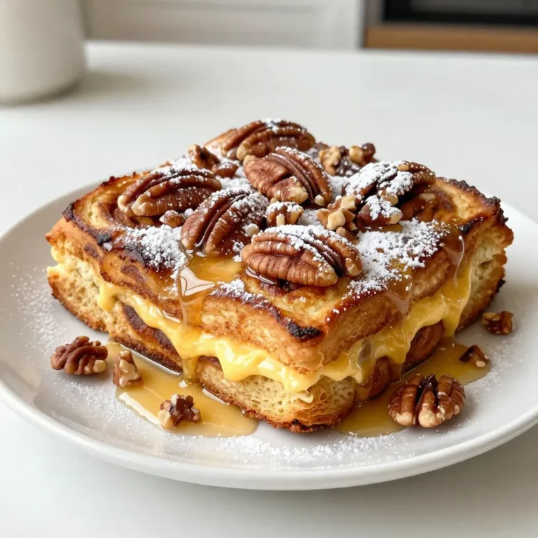 - 2 cans (8 oz each) refrigerated cinnamon rolls - 6 large eggs - 1 cup milk (any type) - 1/2 cup heavy cream - 1 teaspoon vanilla extract - 1 teaspoon ground cinnamon - 1/4 teaspoon nutmeg - 1/4 cup maple syrup - Powdered sugar for garnishing - 1/2 cup chopped pecans (for added crunch) You will need some tools for this recipe. Here’s what you need: - A large mixing bowl - A whisk for mixing - A spatula for pressing and serving - A 9x13 inch baking dish - Aluminum foil for covering For baking, set your oven to 350°F (175°C). This temperature helps the casserole bake evenly and get a nice golden color. {{ingredient_image_1}} First, I preheat my oven to 350°F (175°C). I grease a 9x13 inch baking dish. Next, I open the two cans of cinnamon rolls. I cut each roll into quarters. I arrange these pieces evenly in the greased dish. This helps each piece soak up the egg mixture later. Now, I prepare the egg mixture. In a large bowl, I whisk together the following: - 6 large eggs - 1 cup milk - 1/2 cup heavy cream - 1 teaspoon vanilla extract - 1 teaspoon ground cinnamon - 1/4 teaspoon nutmeg - 1/4 cup maple syrup I mix these ingredients well until they are fully combined. This mixture will make the casserole rich and flavorful. Once the egg mixture is ready, I pour it over the cinnamon roll pieces. I make sure to soak them well. Then, I gently press down on the pieces with a spatula. This helps each piece absorb the liquid. If I want extra texture, I sprinkle chopped pecans on top. After that, I cover the baking dish with aluminum foil. I bake it in the preheated oven for 25 minutes. After 25 minutes, I remove the foil. I then bake the casserole for an additional 15-20 minutes. I check for doneness by looking for a golden brown color and a set center. Once it's done, I take it out and let it cool for 5 minutes. I drizzle the icing from the cinnamon roll package over the top. I can also sprinkle with powdered sugar for a sweet finish. This adds a nice touch before serving. When making Cinnamon Roll French Toast Casserole, avoid cutting the rolls too small. If you cut them into tiny pieces, they may turn too mushy. Also, do not skip soaking the rolls in the egg mixture. This step is key for flavor and texture. To ensure even cooking, press the cinnamon roll pieces down gently after soaking. This helps them absorb the mixture well. If some pieces sit above the liquid, they may not cook equally. Always check the middle of the casserole before taking it out of the oven. It should be set but still soft. To boost flavor, try adding a pinch of cardamom or allspice to the egg mix. These spices blend well with cinnamon and nutmeg. You can even mix in some vanilla bean paste for a richer taste. For toppings, serve with fresh berries or banana slices. A drizzle of warm maple syrup adds sweetness. Chopped nuts like walnuts or almonds can give a nice crunch. You can also dust with more powdered sugar before serving for extra sweetness. Pro Tips Use Day-Old Cinnamon Rolls: Using slightly stale cinnamon rolls can enhance the texture of your casserole, allowing them to soak up the egg mixture better. Try Different Nuts: While pecans are a great option, feel free to experiment with walnuts or almonds for a different flavor profile. Make Ahead: Prepare the casserole the night before and refrigerate it. Just bake it in the morning for an easy, stress-free breakfast! Serving Suggestions: Pair with fresh fruit or yogurt on the side for a balanced breakfast that adds color and nutrients to your plate. {{image_2}} You can easily adapt this dish for different diets. For a gluten-free option, use gluten-free cinnamon rolls. Many brands offer these in stores. Just check the labels to ensure they meet your needs. For a vegan twist, swap the eggs for flax eggs. Mix one tablespoon of ground flaxseed with three tablespoons of water to replace each egg. Use almond milk instead of regular milk and coconut cream in place of heavy cream. You can also mix and match flavors. Instead of standard cinnamon rolls, try caramel or apple cinnamon rolls. They can change the whole taste. Seasonal flavors add a fun twist. Try pumpkin spice in the fall or peppermint for winter. A simple way to do this is to add pumpkin pie spice or crushed peppermint to the egg mixture. Adding fruit can make the dish even better. Chopped apples or berries work well. You can also throw in some chocolate chips for a richer taste. Just sprinkle them on top before baking. These small changes make your breakfast special and exciting! To keep your Cinnamon Roll French Toast Casserole fresh, store leftovers in the fridge. First, let it cool to room temperature. Then, place the casserole in an airtight container. You can also wrap it tightly in plastic wrap or aluminum foil. This helps prevent it from drying out. I recommend using glass or plastic containers that seal well. When you're ready to enjoy leftovers, reheating is key. The best way is to use the oven. Preheat your oven to 350°F (175°C). Place the casserole in an oven-safe dish. Cover it with foil to keep it moist. Heat for about 15-20 minutes, or until warm throughout. You can also use a microwave if you're in a hurry. Just warm it in short bursts, stirring in between. This keeps it from getting rubbery. If you want to freeze the casserole, cut it into portions. Wrap each piece in plastic wrap, then place them in a freezer bag. Remember to label the bag with the date. To thaw, move it to the fridge overnight before reheating. This way, your delicious casserole stays tasty and fresh! How do I make this casserole ahead of time? You can prep this casserole the night before. Just follow the steps and cover it with foil. Store it in the fridge overnight. In the morning, bake it straight from the fridge. You may need to add a few extra minutes for baking. Can I use a different type of bread? Yes! You can use other sweet breads or even croissants. Just cut them into pieces like you do with the cinnamon rolls. This gives you a fun twist on the dish. What can I substitute for heavy cream? If you want a lighter option, you can use whole milk or half-and-half. You can also use almond milk or oat milk for a dairy-free choice. Just know it might change the creaminess a bit. How do I know when the casserole is done? Check the center of the casserole. It should be golden brown and firm. You can also insert a knife; if it comes out clean, it is done. Let it cool for a few minutes before serving. In this blog post, I covered all you need for a delicious cinnamon roll casserole. You learned about the required ingredients and cooking tools. I provided step-by-step instructions for preparation and baking. Common mistakes to avoid and flavor enhancements were shared to boost your dish. I also included variations for different diets and ways to store leftovers. Try this recipe for a sweet twist on breakfast. Enjoy your creation and share it with others!