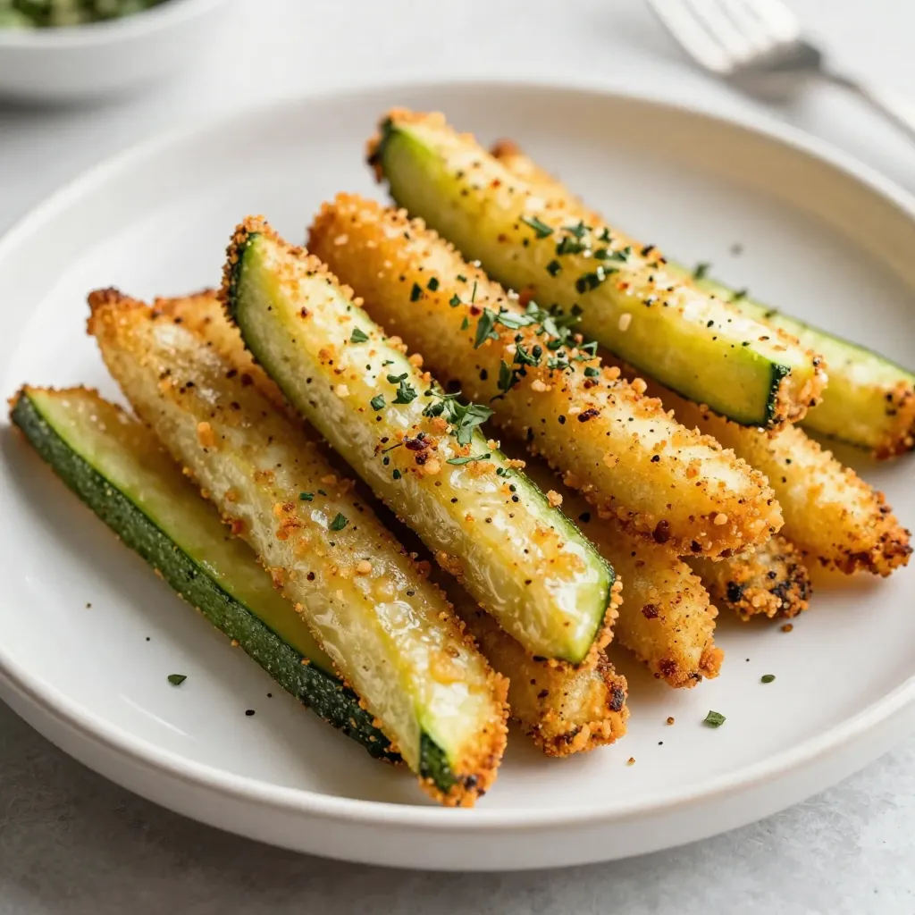 - 2 medium zucchinis, cut into fries - 1 cup breadcrumbs (preferably panko for extra crunch) - ½ cup grated Parmesan cheese - 1 teaspoon garlic powder - 1 teaspoon dried oregano - ½ teaspoon salt - ¼ teaspoon black pepper - 2 large eggs, beaten - Cooking spray Using fresh, high-quality ingredients makes a real difference in flavor. Fresh zucchinis add moisture and taste. Panko breadcrumbs create a crispy texture that regular breadcrumbs can't match. Good Parmesan cheese enhances the overall taste, giving a rich, savory kick. You can swap zucchinis for eggplant or sweet potatoes for a different taste. If you lack panko, regular breadcrumbs will work, but they may not be as crispy. For a dairy-free option, use nutritional yeast instead of Parmesan cheese. {{ingredient_image_1}} Start by washing your zucchinis. You want them fresh and clean. Cut the zucchinis into fry shapes. Aim for about 1/4 inch thick. This size helps them cook evenly. You can slice them as thick or thin as you like. Just remember, thinner fries get crispier. Next, set up your breading station. You need two bowls. In the first bowl, beat the two eggs. In the second bowl, mix breadcrumbs, Parmesan cheese, garlic powder, oregano, salt, and black pepper. Make sure to mix well. It helps the flavors blend together. Now, take each zucchini fry. Dip it into the egg, letting the extra drip off. Then, coat it in the breadcrumb mix. Press gently so the crumbs stick well. Repeat this for all the fries. Preheat your air fryer to 400°F (200°C). This step is key for good results. Once preheated, place the fries in a single layer in the basket. Don’t overcrowd them; it makes them soggy. If needed, cook in batches. Lightly spray the fries with cooking spray. This helps them get that golden color. Air fry them for 10 to 12 minutes. Shake the basket halfway through. This ensures even cooking. Your fries should look golden brown and crispy when they are done. Once cooked, let them cool for a minute. Enjoy your tasty snack! To get your zucchini fries nice and crispy, start by using panko breadcrumbs. They are lighter and create a better crunch. Lightly spray the fries with cooking spray before air frying. This helps them crisp up. Make sure the air fryer is preheated to 400°F. This high temperature gives you a perfect golden finish. Don’t forget to shake the basket halfway through cooking. This step ensures even crispiness on all sides. To prevent soggy fries, make sure to cut the zucchinis evenly. Thin fries cook better and stay crispier. After cutting, pat them dry with paper towels. Removing excess moisture is key. When breading, coat each fry well but do not overload them with breadcrumbs. Overcrowding the air fryer basket can lead to steam, which makes fries soggy. Always arrange them in a single layer for the best results. You can easily boost the flavor of your zucchini fries. Consider adding fresh herbs like basil or parsley to the breadcrumb mix. A pinch of cayenne can give a nice kick if you like spice. You can also swap out Parmesan for other cheeses like cheddar or mozzarella for a different taste. Experiment with spices, too. Try smoked paprika or chili powder for a unique twist. Pro Tips Choose the Right Zucchini: Look for firm, medium-sized zucchinis with smooth skin for the best texture and flavor in your fries. Double Coating for Extra Crispiness: For an even crunchier finish, dip the zucchini fries back into the egg mixture and coat them again in the breadcrumbs before air frying. Adjust Cooking Time for Thickness: Thicker fries may require a few extra minutes in the air fryer, so keep an eye on them after the 10-minute mark. Experiment with Seasonings: Feel free to customize the breadcrumb mixture with your favorite herbs and spices, like paprika or chili powder, for added flavor. {{image_2}} You can switch up the cheese to make these fries even better. Try using mozzarella for a gooey and stretchy texture. For a sharp bite, use aged cheddar. Goat cheese can add a creamy element. Each cheese brings its own taste and texture, making your fries unique. Add fresh or dried herbs to enhance the flavor. Try thyme or rosemary for a fragrant touch. You can also mix in smoked paprika for a slight kick. Adding red pepper flakes can bring some heat. Feel free to experiment and find your favorite spice mix! If you're not in the mood for zucchini, try other veggies. Carrots make a sweet option. Sweet potatoes offer a hearty flavor, and eggplant can bring a creamy texture. Just cut them into fry shapes and follow the same steps. Each vegetable creates a new taste experience! To keep your zucchini fries fresh, store them in an airtight container. Place them in the fridge after they cool. They can last for up to three days this way. Make sure they are not stacked on top of each other. This helps keep them crispy. When you want to eat your leftover fries, the air fryer is best for reheating. Set it to 350°F (175°C) for about 5-7 minutes. This will help regain their crispiness. You can also use an oven if you don't have an air fryer. Just preheat it and bake them on a sheet for about 10 minutes. If you want to freeze your zucchini fries, first let them cool completely. Lay them in a single layer on a baking sheet. Freeze them for about an hour, then transfer them to a freezer bag. They can last for up to three months in the freezer. When you are ready to eat, air fry them straight from the freezer, adding a few extra minutes to the cooking time. You can serve zucchini fries with many dips. I love using ranch dressing or marinara sauce. They also pair well with garlic aioli for a tasty twist. These dips add flavor and make your snack even better. You can also serve them as a side with burgers or sandwiches. They make a fun addition to any meal. Yes, you can! If you do not have an air fryer, use your oven. Preheat your oven to 425°F (220°C). Place the coated zucchini fries on a baking sheet lined with parchment paper. Bake for about 20-25 minutes, flipping halfway through. This method will still give you crispy fries, but they won't be as quick to cook. To keep zucchini fries crispy, start by patting them dry before coating. Remove excess moisture to avoid sogginess. Use a good amount of breadcrumbs, and make sure to coat them well. Also, arrange the fries in a single layer in the air fryer. Air circulation is key to crispiness. Lastly, a light spray of cooking oil helps them brown and stay crunchy. In this post, we explored the key ingredients for perfect zucchini fries and their quality. You learned how to prepare zucchini, bread it, and air fry it for great results. We shared tips for extra crispiness and avoiding sogginess, along with creative variations using different cheeses and spices. Lastly, we covered storage and reheating options. Zucchini fries can be a fun and tasty snack. With these instructions, you'll make them perfectly every time. Enjoy experimenting with different flavors and serving them alongside your favorites.