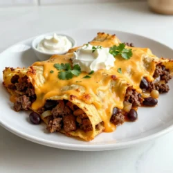 - 1 lb ground beef - 1 medium onion, diced - 2 cloves garlic, minced - 1 can (15 oz) black beans, drained and rinsed - 1 can (10 oz) enchilada sauce - 10 corn tortillas - 2 cups shredded cheddar cheese The main ingredients create the heart of this dish. Ground beef gives it a rich flavor. The onion and garlic add depth. Black beans bring protein and fiber, while the enchilada sauce ties everything together. Corn tortillas hold the layers, and cheddar cheese melts beautifully on top. - 1 teaspoon ground cumin - 1 teaspoon chili powder - Salt and pepper to taste Spices bring the dish to life. Ground cumin adds warmth, while chili powder gives it a kick. Salt and pepper balance the flavors, enhancing the taste of each ingredient. These spices are simple, yet they elevate the meal. - Fresh cilantro for garnish - 1 cup sour cream for serving While optional, fresh cilantro adds a nice pop of color and freshness. It brightens the flavors. Sour cream adds a creamy richness that complements the dish. These extras make serving even more fun and tasty. {{ingredient_image_1}} - Preheat the oven to 375°F (190°C). - Prepare and measure out all ingredients. This helps with smooth cooking. - Cook ground beef until browned. This takes about 5-7 minutes. - Drain any fat from the pan. - Sauté diced onion and minced garlic for 3-4 minutes. The onion should be soft. - Spread a thin layer of the beef mixture in a 9x13 inch baking dish. - Place 5 corn tortillas on top, slightly overlapping. - Add half of the beef and bean mixture over the tortillas. - Sprinkle 1 cup of shredded cheddar cheese on top. - Layer another set of 5 corn tortillas. - Add the remaining beef mixture and top with the rest of the cheese. - Cover the dish with aluminum foil. - Bake for 20 minutes, then remove the foil. - Bake for an additional 10 minutes until the cheese is bubbly. - Let the casserole cool for about 5 minutes. - Cut into squares. - Garnish with fresh cilantro if you like. - Serve with sour cream on the side for extra creaminess. When cooking ground beef, start with a hot skillet. This helps brown the meat well. Break the beef into small pieces as it cooks. This ensures even cooking. If you want less fat, drain the beef after browning. This keeps your mixture from being greasy. Choosing the right cheese is key. I suggest using sharp cheddar for bold flavor. You can also mix in Monterey Jack for creaminess. To get that gooey texture, bake it covered first. This traps moisture and helps the cheese melt evenly. Remove the cover near the end to get a nice golden top. Pair your enchilada casserole with fresh sides. A simple green salad works well. You can also serve it with rice or refried beans. For a nice touch, customize your plating. Use colorful plates or add garnishes like cilantro. This makes your dish look even more inviting. Pro Tips Use Fresh Ingredients: For the best flavor, use fresh onions and garlic. Fresh ingredients enhance the overall taste of your enchiladas. Layering Technique: When layering, ensure that you distribute the beef and cheese evenly to avoid dry spots in your dish. Customize Your Spices: Feel free to adjust the cumin and chili powder according to your spice preference. You can also add more spices for extra kick! Rest Before Serving: Allow the dish to rest for a few minutes after baking. This helps the layers set, making it easier to cut and serve. {{image_2}} You can easily change this dish to be vegetarian. Start by replacing ground beef with plant-based proteins. Options like lentils or crumbled tofu work well. You can also add more vegetables to boost flavor and nutrition. Try bell peppers, zucchini, or corn for extra color and taste. Do you like it mild or spicy? You can adjust the heat level to fit your taste. For a milder version, use less chili powder and cumin. If you want more heat, add diced jalapeños or a pinch of cayenne pepper. You can also try different spices like smoked paprika for a smoky flavor. If you need a gluten-free meal, use gluten-free tortillas. Many brands offer tasty options made from corn or rice. For the sauce, check labels for gluten-free choices, or make your own with tomato sauce and spices. This way, everyone at the table can enjoy the dish! After enjoying your beef enchilada casserole, store leftovers in airtight containers. This keeps them fresh and tasty. Place the casserole in the fridge within two hours of cooking. It lasts about three to four days in the fridge. If you want to keep it longer, freezing is a great option. To freeze enchilada casserole, let it cool down fully. Then, cut it into portions. Wrap each piece tightly in plastic wrap, then place them in freezer bags. Label the bags with the date to keep track. It can stay in the freezer for up to three months. When you are ready to eat it, thaw it overnight in the fridge. When reheating, use the oven for the best flavor and texture. Preheat it to 350°F (175°C). Place the casserole in an oven-safe dish, cover with foil, and heat for about 20 minutes. This helps keep the cheese melty. You can also microwave it for quick meals. Microwave in short bursts, checking every minute to avoid drying it out. If you need a substitute for corn tortillas, try using flour tortillas. They work well and are easy to find. For gluten-free diets, use gluten-free tortillas made from rice or almond flour. You can also try using lettuce leaves for a low-carb option. These swaps keep the dish tasty while meeting different diet needs. Yes, you can make this dish ahead of time. Prepare the casserole and store it in the fridge for up to two days. When ready to bake, just pop it in the oven. This meal is great for meal prepping. Simply cook the beef mixture, layer it, and cover it for later. If you want to freeze it, wrap it well and store it for up to three months. Enchiladas are rolled tortillas filled with meat or cheese. They are covered in sauce and baked. Casserole, on the other hand, layers tortillas and filling in a dish. Both are delicious but differ in style. Enchiladas are served individually, while a casserole is cut into squares and served as a whole. Each has its charm, but both are comfort food at its best! You can create a delicious enchilada casserole with ease. We covered the main ingredients like ground beef, black beans, and shredded cheese. I shared step-by-step instructions, handy tips for perfect results, and fun variations. Now, you can enjoy this dish your way. With a little effort, you’ll impress family and friends with every bite. Whether you go for vegetarian options or play with spice levels, this recipe is yours to explore. Dive in and savor the taste of homemade enchilada casserole!