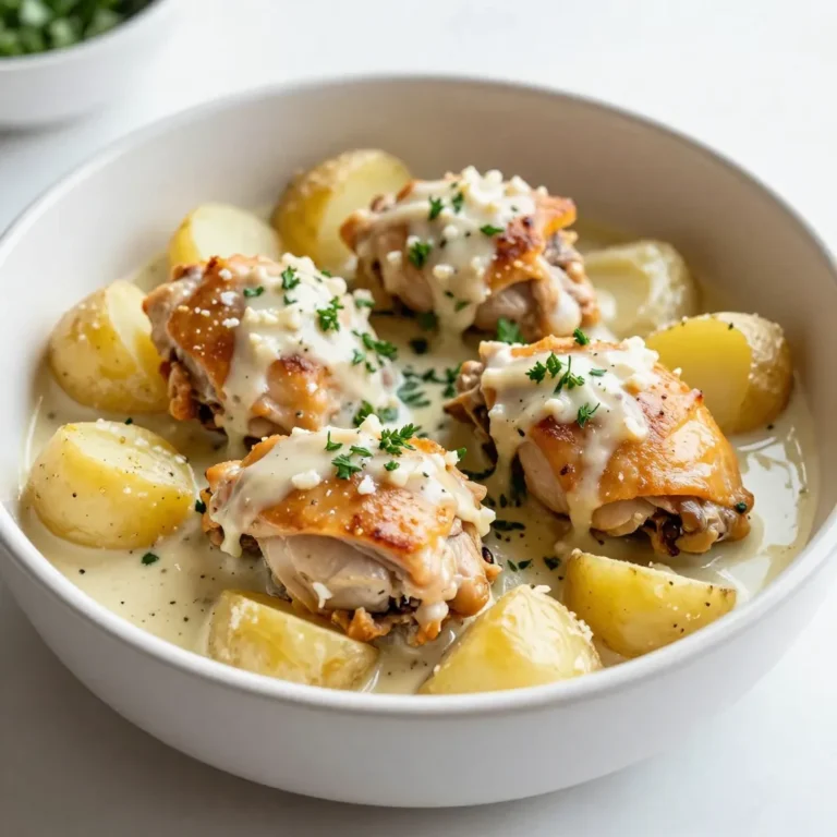 Here is what you need to make Crockpot Garlic Parmesan Chicken & Potatoes: - 4 boneless, skinless chicken thighs - 1.5 lbs baby potatoes, halved - 1 cup heavy cream - 1 cup grated Parmesan cheese - 4 cloves garlic, minced - 1 teaspoon Italian seasoning - 1 teaspoon smoked paprika - Salt and pepper to taste - 2 tablespoons olive oil - Fresh parsley, chopped (for garnish) These ingredients create a rich and creamy dish. The chicken thighs add tenderness, while the baby potatoes soak up all the tasty flavors. Heavy cream and Parmesan cheese bring a nice richness to the mix. The minced garlic gives a great aroma, and the spices make it pop. Using fresh parsley as a garnish not only looks nice but adds a fresh taste too. This dish is simple yet full of flavor. You can find all these ingredients easily at your local store. Enjoy the process of gathering them; it sets the stage for a great meal! {{ingredient_image_1}} To start, heat olive oil in a skillet over medium heat. While that heats, season the chicken thighs with salt, pepper, smoked paprika, and Italian seasoning. This adds great flavor. Once the oil is hot, brown the chicken for about 3-4 minutes on each side. It should turn golden. After browning, remove the chicken from the skillet and set it aside. Next, grab your slow cooker. Add the halved baby potatoes. Sprinkle them with salt and pepper, then give them a good stir to coat evenly. This step helps the potatoes absorb flavor. Now, let’s make the creamy sauce. In a mixing bowl, combine 1 cup of heavy cream, 1 cup of grated Parmesan cheese, and 4 cloves of minced garlic. Stir well until everything mixes nicely. This rich sauce will be the star of the dish. It's time to layer the ingredients in the slow cooker. Pour the creamy sauce over the potatoes. Place the browned chicken thighs on top of the potatoes and sauce. Make sure the chicken is partially submerged for even cooking. Cover the slow cooker with its lid. You can cook on low for 6-7 hours or on high for 3-4 hours. The chicken should be cooked through and tender. The potatoes should also be fork-tender. Once cooked, give the mixture a gentle stir to combine the flavors. Now it’s ready to serve! Using fresh garlic gives a stronger taste. It brightens up the dish. Garlic powder lacks that fresh kick. For this recipe, fresh garlic is best. Mince the cloves finely to spread the flavor. For potatoes, baby potatoes are perfect. They cook well and keep their shape. They are creamy inside and crispy on the outside. You can use red or yellow baby potatoes. They add color and flavor. To make your dish look great, use shallow bowls. Place the chicken and potatoes in the center. Drizzle the creamy sauce over everything. Finish with chopped parsley for color. This makes a simple but beautiful meal. For sides, consider a fresh salad. A light green salad pairs well. You can also serve crusty bread. It soaks up the sauce nicely. Another option is steamed veggies for a healthy touch. You can prep this dish earlier in the day. Season the chicken and brown it. Place it in the fridge until you’re ready to cook. You can also cut the potatoes ahead. Just keep them in water to prevent browning. In the morning, add everything to the slow cooker. Set it on low and let it cook. When you come home, a warm meal awaits you. This makes weeknight dinners easy and stress-free. Pro Tips Choose the Right Cut: For the best texture and flavor, use boneless, skinless chicken thighs instead of breasts. They remain tender during the long cooking time. Perfect Potato Prep: Halve the baby potatoes for even cooking and to allow them to absorb more of the creamy sauce flavor. Slow Cooker Tips: Avoid lifting the lid during cooking as it can significantly increase cooking time. Keep it closed for the best results! Garnish for Flavor: Always finish with a sprinkle of fresh parsley before serving to enhance the dish's appearance and add a fresh flavor contrast. {{image_2}} You can change the protein in this dish. Try chicken breasts or even pork. Both options will still soak up all the tasty flavors. If you want a lighter dish, swap heavy cream for half-and-half or Greek yogurt. These swaps keep the dish creamy while cutting some calories. Add more veggies to the mix for extra nutrition. Carrots or peas work great in this recipe. You can also adjust the spices to fit your taste. Want it spicier? Add some red pepper flakes. Prefer a sweeter taste? Try adding a bit of honey. Each small change can make a big difference! Store leftovers in airtight containers. Glass or plastic containers work best. Make sure they seal well. If you plan to eat them soon, keep them in the fridge. They will stay fresh for up to three days. For longer storage, freeze the leftovers. They can last up to three months in the freezer. Label your containers with the date to track freshness. To reheat, use the microwave for quick warming. Place the dish in a microwave-safe bowl. Cover it with a lid or plastic wrap to keep moisture. Heat for two to three minutes, stirring halfway through. For the best texture, use the oven. Preheat to 350°F (175°C). Place the chicken and potatoes in a baking dish and cover with foil. Heat for about 15-20 minutes. Check that it is warm throughout before serving. You can serve this dish with a green salad or steamed veggies. Garlic bread pairs well too. For a hearty meal, try it with rice or crusty rolls. Each side adds a nice touch and balances the meal. Yes, you can use frozen chicken. Just add extra cooking time. Thawing the chicken first is best for even cooking. If you cook from frozen, ensure it reaches a safe temperature. The chicken is done when it reaches 165°F. Use a meat thermometer to check this. The meat should be tender and juices should run clear. If it's pink, cook it longer. Yes, you can cook it on the stovetop. Brown the chicken in a pan. Then add the potatoes and sauce. Simmer on low heat for about 30-40 minutes until everything is cooked. Absolutely! Replace chicken with hearty vegetables like mushrooms or eggplant. Use vegetable broth instead of cream for a lighter sauce. You can keep the seasonings for great flavor. This recipe combines tender chicken thighs, creamy sauce, and flavorful potatoes. You’ve learned how to cook them together for a satisfying meal. By following the steps, tips, and variations, you can make it your own. Don’t hesitate to store leftovers or reheat them to enjoy later. You now have great tools to create a tasty dish. This meal is simple, fun, and perfect for any occasion. Start cooking today and share your tasty results with others!