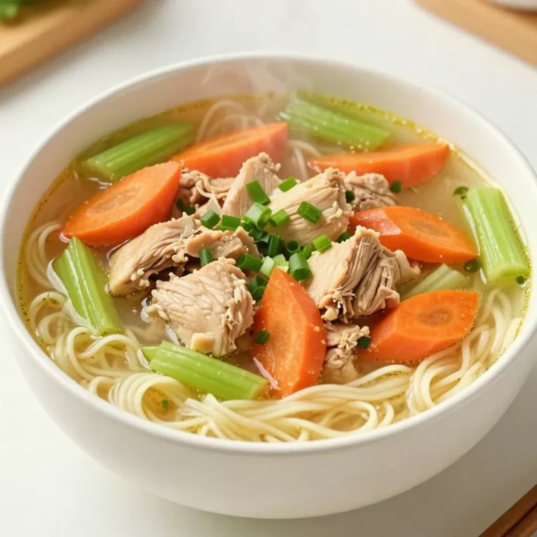 For this heartwarming Ginger Garlic Chicken Noodle Soup, you will need the following ingredients: - 2 chicken breasts, diced - 1 tablespoon ginger, minced - 4 cloves garlic, minced - 1 medium onion, diced - 2 carrots, thinly sliced - 2 stalks celery, diced - 6 cups chicken broth - 200g egg noodles - 2 tablespoons soy sauce - 1 tablespoon sesame oil - 1 teaspoon black pepper - 2 green onions, chopped (for garnish) - Fresh cilantro leaves (for garnish) - Salt to taste These ingredients come together to create a rich and flavorful soup. The chicken breasts provide protein, while ginger and garlic bring warmth and depth. The carrots and celery add texture and sweetness. The broth serves as a savory base, and the egg noodles make it hearty. You can adjust the salt to your liking. Fresh cilantro and green onions add brightness to each bowl. They make the soup look beautiful, too. Enjoy mixing these ingredients to create a cozy dish perfect for any day! {{ingredient_image_1}} How to properly dice chicken and vegetables To start, lay the chicken breast flat on a clean cutting board. Use a sharp knife to slice it into thin strips. Then, cut the strips into small cubes. This helps the chicken cook evenly. For vegetables, chop the onion, carrots, and celery into even pieces. This ensures they cook at the same rate. Tips for mincing ginger and garlic First, peel the ginger and garlic. Use the flat side of your knife to crush the garlic cloves gently. This makes them easier to chop. For ginger, slice it into thin pieces, then chop finely. You want small bits to release their flavor well in the soup. Heating the sesame oil and sautéing aromatics In a large pot, pour in the sesame oil and heat it over medium heat. Once hot, add the minced ginger and garlic. Sauté for 1-2 minutes until fragrant. This step builds a strong base for the soup. Browning chicken and adding vegetables Next, add the diced chicken to the pot. Cook for about 5-7 minutes until the chicken turns golden brown. Stir occasionally to avoid sticking. Then, add the sliced carrots and diced celery. Cook for an additional 3 minutes. This softens the veggies and enhances the flavor. Boiling and simmering the soup Pour in 6 cups of chicken broth and bring the mixture to a boil. Once boiling, add 200 grams of egg noodles and 2 tablespoons of soy sauce. Reduce the heat to simmer and cook according to noodle package instructions, usually 5-7 minutes. Season with black pepper and salt as desired. Garnishing with green onions and cilantro Once ready, remove the pot from heat. Ladle the soup into bowls and top with chopped green onions and fresh cilantro. These garnishes add freshness and color to your dish. Ideal serving temperature Serve the soup hot, about 165°F (74°C). This warmth makes it truly heartwarming and perfect for any day. Enjoy your delicious creation! To boost the taste of your Ginger Garlic Chicken Noodle Soup, consider these ideas: - Add spices: Try a pinch of cayenne for heat or turmeric for color. - Fresh herbs: Toss in basil or parsley for a fresh kick. - Cooking tips: Always sauté ginger and garlic first. This step wakes up their flavors and makes the soup smell amazing. Using the right tools makes cooking easier and more fun. Here are my top picks: - Pot: A large stockpot is best for making soup. It holds all the ingredients well. - Utensils: Use a wooden spoon for stirring. It helps mix without scratching your pot. - Chopping tools: A sharp knife and a sturdy cutting board make chopping chicken and veggies safe and quick. Many people make simple mistakes when cooking this soup. Here’s what to watch out for: - Overcooking chicken or noodles: This can make both tough and mushy. Cook each just until done. - Skipping the sautéing step: If you skip this, you miss out on deep flavors. Always sauté aromatics to enhance the taste. Pro Tips Use Fresh Ingredients: Fresh ginger and garlic will enhance the flavor of your soup significantly compared to dried versions. Adjust the Spice Level: If you like your soup with a bit of heat, consider adding red pepper flakes or a splash of hot sauce when simmering. Broth Quality Matters: Using homemade chicken broth can elevate the taste of your soup. If using store-bought, look for low-sodium options. Garnish for Freshness: Always finish your soup with fresh herbs like cilantro or green onions to add a burst of flavor and color. {{image_2}} You can easily change the main protein in this soup. If you prefer a plant-based option, use tofu instead of chicken. Just dice the tofu into cubes and sauté it until golden. For a veggie-packed dish, try adding mushrooms or chickpeas. For those needing gluten-free options, consider using rice noodles or quinoa instead of egg noodles. These swaps ensure everyone can enjoy this heartwarming soup. Using homemade chicken broth takes this soup to another level. It adds depth and flavor that store-bought broth may lack. If you don’t have homemade broth, look for a good-quality store-bought one. You can also use vegetable broth for a lighter taste. This option is great for vegetarians and still full of flavor. To give your soup a kick, add heat with spices like cayenne or chili flakes. Start with a small pinch and adjust to your liking. Want to make it even heartier? Toss in some fresh spinach or bell peppers. These veggies not only add color but also boost nutrition. Feel free to mix and match to create your perfect bowl of ginger garlic chicken noodle soup! To keep your Ginger Garlic Chicken Noodle Soup fresh, follow these tips: - Refrigerate Leftovers: Allow the soup to cool down to room temperature. Then, pour it into an airtight container. Store it in the fridge. This keeps it safe and helps maintain its flavor. - Freezing the Soup: If you want to save some for later, freezing works well. Use freezer-safe containers or bags. Leave some space at the top because the soup will expand when frozen. Make sure to label it with the date. When it’s time to enjoy your soup again, you can choose between two methods: - Microwave: Pour the soup into a microwave-safe bowl. Cover it loosely. Heat on high for 1-2 minutes. Stir halfway to ensure even heating. - Stovetop: Pour the soup into a pot. Heat on medium-low. Stir frequently until it reaches a gentle simmer. This method often brings back the full flavor. Knowing how long your soup lasts is key: - In the Fridge: The soup stays good for about 3 to 4 days. Keep it covered tightly. - In the Freezer: It can last up to 3 months. Always check for freezer burn before using. Yes, you can make this soup ahead of time. It stores well in the fridge. To prep, cook the soup fully and cool it down. Store it in an airtight container. It stays fresh for about three days. If you want to freeze it, leave out the noodles. They can become mushy when frozen. Instead, cook fresh noodles when you reheat the soup. This keeps the texture just right. I recommend using egg noodles for this soup. They cook quickly and add a nice bite. You can also try rice noodles or udon noodles for a different texture. Look for brands that cook in about five to seven minutes. This matches the cooking time of the soup. Always check the package for specific instructions to get the best results. To add heat, use fresh chili peppers or chili flakes. You can also add a splash of hot sauce. If you like, mix in some sriracha for a tangy kick. Start with a small amount, then taste as you go. This way, you can control the spice level. For a warm flavor, try adding ground cayenne pepper or a pinch of red pepper flakes. Enjoy the warmth! This blog post covered the tasty Ginger Garlic Chicken Noodle Soup. We explored the key ingredients and detailed preparation steps. You learned how to enhance flavors, avoid common mistakes, and adjust the recipe for your taste. Remember, soup is versatile! Feel free to swap ingredients or try new spices. With proper storage, you can enjoy it later. Cooking should be fun and creative, so don’t hesitate to experiment. Enjoy your soup and share it with friends and family!