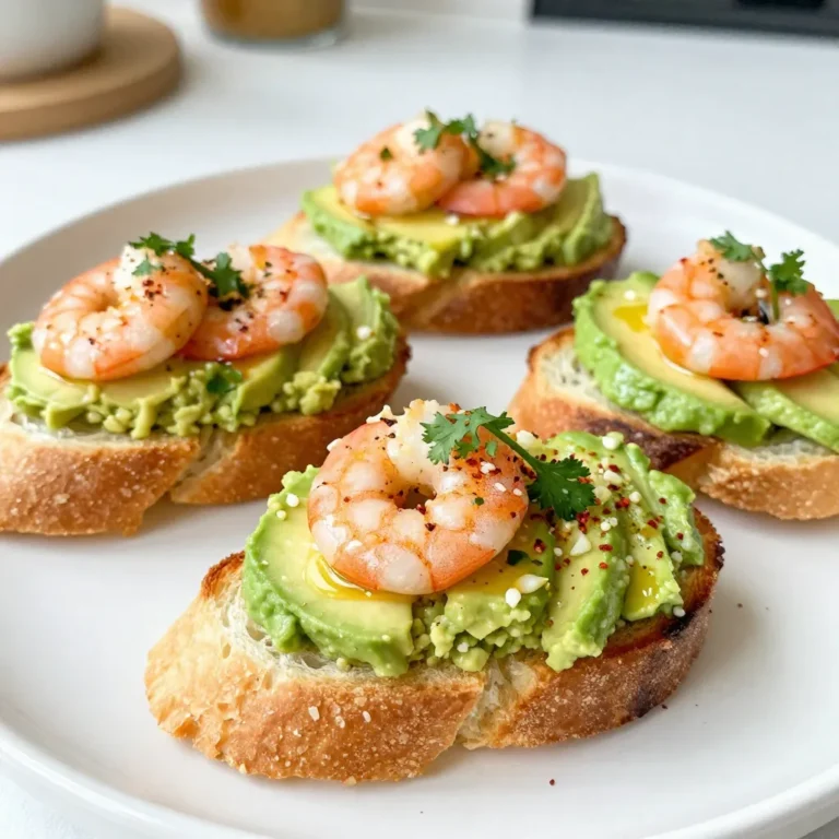 For this Garlic Shrimp Avocado Crostini, gather these items: - 1 baguette, sliced diagonally - 1 pound shrimp, peeled and deveined - 3 cloves garlic, minced - 1 ripe avocado, mashed - 2 tablespoons olive oil - 1 tablespoon lemon juice - ¼ teaspoon red pepper flakes (optional) - Salt and pepper to taste - Fresh cilantro or parsley for garnish You can swap some ingredients if needed. Here are a few ideas: - Use any bread, like ciabatta or sourdough, instead of a baguette. - Cooked shrimp can replace raw shrimp if you have leftovers. - If you don’t like garlic, try shallots for a milder taste. - Lime juice can work in place of lemon juice for a zesty twist. - Fresh herbs like dill can replace cilantro or parsley. To make this dish, you will need a few simple tools: - Baking sheet for toasting the baguette - Large skillet for cooking the shrimp - Small bowl for mixing the avocado - Knife for slicing and mincing - Spatula for flipping the shrimp - Measuring spoons for accurate ingredient amounts {{ingredient_image_1}} First, preheat your oven to 400°F (200°C). Next, take your baguette and slice it diagonally. This gives you nice, wide pieces for your crostini. Place the slices on a baking sheet. Brush each slice lightly with olive oil. This step adds flavor and helps them crisp up. Toast the slices in the oven for 5-7 minutes. They should turn golden brown and crispy. Once done, remove them from the oven and set them aside to cool slightly. Now, let’s make the garlic shrimp. Heat a large skillet over medium heat. Pour in the remaining olive oil. When the oil is hot, add the minced garlic. Stir it for about one minute until you smell its great aroma. Be careful not to burn the garlic, as it can turn bitter. Next, add the shrimp to the skillet. Sprinkle salt, pepper, and red pepper flakes if you like it spicy. Cook the shrimp for 3-4 minutes. Stir them occasionally until they turn pink and are fully cooked. Once ready, remove them from heat. To assemble your crostini, start with the toasted baguette slices. Take a generous amount of mashed avocado and spread it on each slice. This creamy layer pairs perfectly with the shrimp. Top each slice with a few pieces of the cooked garlic shrimp. The color and texture will look amazing! Finally, garnish with freshly chopped cilantro or parsley. This adds a fresh touch and some color. Serve the crostini warm and enjoy this delightful snack! To get the best shrimp, choose fresh ones. Look for shrimp that smell like the sea. They should be firm and not mushy. Cook them quickly over medium heat. This keeps them tender and juicy. If they cook too long, they can turn rubbery. Aim for a pink color and a curled shape. This shows they are done. Choosing the right avocado is key. A ripe avocado should feel soft but not mushy. You can press the skin gently to check. If it gives a little, it’s ready. If it’s hard, let it sit for a day or two. If it’s too soft, it may be overripe. A dark skin color often means it is ripe, but check for any brown spots. Presentation makes a big difference! Use a nice platter to serve your crostini. Arrange them neatly in a line or a circle. Add a sprinkle of fresh herbs on top for color. You can also drizzle a little olive oil for shine. Serve with lemon wedges on the side. This will add a fresh touch and a burst of flavor when squeezed. Pro Tips Use Fresh Shrimp: Fresh shrimp will provide the best flavor and texture for your crostini. If using frozen shrimp, be sure to thaw them properly before cooking. Perfectly Toasted Bread: Keep an eye on the baguette slices while toasting. They can go from golden to burnt quickly, so check them frequently. Avocado Preparation: To prevent the mashed avocado from browning, add a little extra lemon juice, and cover it with plastic wrap touching the surface until ready to use. Garnish Wisely: Fresh herbs like cilantro or parsley not only enhance the dish's presentation but also add a fresh flavor that elevates the overall taste. {{image_2}} Want a kick? Add heat with red pepper flakes. Mix the flakes with the shrimp while cooking. You can also use a spicy sauce, like sriracha. This gives your crostini a bold flavor. Just remember to adjust the amount based on your heat preference. A little spice can make this dish really pop! No shrimp? No problem! You can swap shrimp with roasted chickpeas or sautéed mushrooms. Both add a nice texture. For a creamy touch, try using hummus instead of avocado. You can also add roasted red peppers for a burst of color and flavor. These swaps keep your crostini tasty and satisfying without meat. The fun doesn't stop with shrimp and avocado! Try adding fresh tomatoes, basil, or feta cheese. A drizzle of balsamic glaze can add sweetness. You can also mix in some olives for a briny kick. Get creative with your toppings. Each combination can give your crostini a new twist that everyone will love! To keep your garlic shrimp avocado crostini fresh, store the leftovers in an airtight container. Place the crostini in the fridge right after serving. This helps prevent sogginess. Enjoy the crostini within two days for the best taste. Reheat the crostini in the oven for a few minutes. Set your oven to 350°F (175°C). This method warms them without making them soggy. Avoid using a microwave, as it can make the bread chewy. Freezing crostini is not ideal due to the bread's texture. Instead, freeze the garlic shrimp and avocado separately. You can freeze the shrimp for up to three months. When ready to eat, thaw them in the fridge overnight. Then, reheat as mentioned above. Prepare fresh crostini just before serving. Yes, you can use frozen shrimp. Just make sure to thaw them first. To thaw, place shrimp in the fridge overnight or run them under cold water for a few minutes. This helps keep the shrimp fresh. The cooking time may be a bit longer, but the taste stays great. If you don't have avocado, you can use hummus or a bean spread. Both options add creaminess and flavor. You could also try mashed peas or a creamy cheese like ricotta. Each choice brings a unique twist to the crostini. You can store crostini for up to two days. Keep them in an airtight container to avoid sogginess. If you want to store the shrimp, keep it separate. Reheat the shrimp in a skillet for the best taste. Enjoy them fresh for the best flavor! This blog covered everything you need for making delicious shrimp crostini. We discussed the ingredients and substitutions, plus the tools you'll need. I shared step-by-step cooking tips and ways to improve the shrimp texture. You learned about variations, storage methods, and answered common questions. In the end, cooking does not have to be hard. With practice, you can make great crostini. Enjoy experimenting with flavors and have fun in the kitchen!