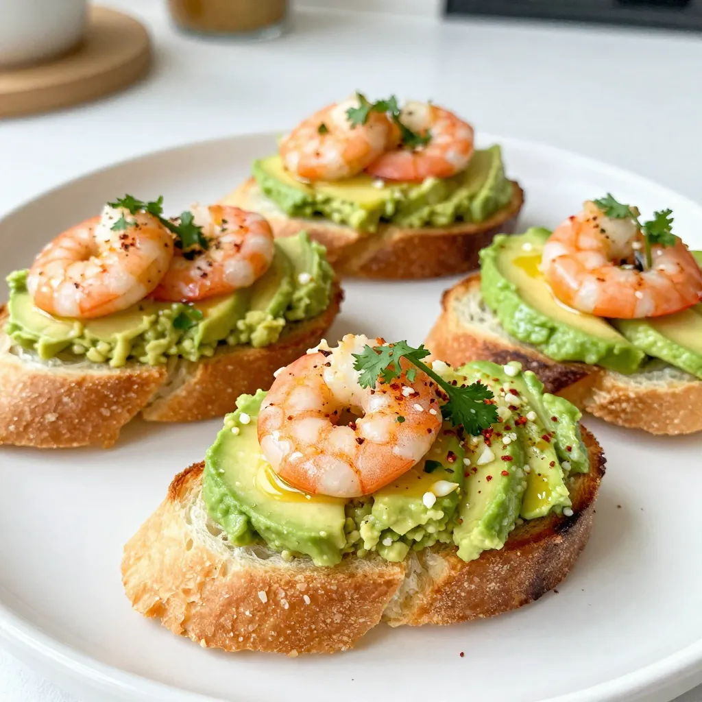 For this Garlic Shrimp Avocado Crostini, gather these items: - 1 baguette, sliced diagonally - 1 pound shrimp, peeled and deveined - 3 cloves garlic, minced - 1 ripe avocado, mashed - 2 tablespoons olive oil - 1 tablespoon lemon juice - ¼ teaspoon red pepper flakes (optional) - Salt and pepper to taste - Fresh cilantro or parsley for garnish You can swap some ingredients if needed. Here are a few ideas: - Use any bread, like ciabatta or sourdough, instead of a baguette. - Cooked shrimp can replace raw shrimp if you have leftovers. - If you don’t like garlic, try shallots for a milder taste. - Lime juice can work in place of lemon juice for a zesty twist. - Fresh herbs like dill can replace cilantro or parsley. To make this dish, you will need a few simple tools: - Baking sheet for toasting the baguette - Large skillet for cooking the shrimp - Small bowl for mixing the avocado - Knife for slicing and mincing - Spatula for flipping the shrimp - Measuring spoons for accurate ingredient amounts {{ingredient_image_1}} First, preheat your oven to 400°F (200°C). Next, take your baguette and slice it diagonally. This gives you nice, wide pieces for your crostini. Place the slices on a baking sheet. Brush each slice lightly with olive oil. This step adds flavor and helps them crisp up. Toast the slices in the oven for 5-7 minutes. They should turn golden brown and crispy. Once done, remove them from the oven and set them aside to cool slightly. Now, let’s make the garlic shrimp. Heat a large skillet over medium heat. Pour in the remaining olive oil. When the oil is hot, add the minced garlic. Stir it for about one minute until you smell its great aroma. Be careful not to burn the garlic, as it can turn bitter. Next, add the shrimp to the skillet. Sprinkle salt, pepper, and red pepper flakes if you like it spicy. Cook the shrimp for 3-4 minutes. Stir them occasionally until they turn pink and are fully cooked. Once ready, remove them from heat. To assemble your crostini, start with the toasted baguette slices. Take a generous amount of mashed avocado and spread it on each slice. This creamy layer pairs perfectly with the shrimp. Top each slice with a few pieces of the cooked garlic shrimp. The color and texture will look amazing! Finally, garnish with freshly chopped cilantro or parsley. This adds a fresh touch and some color. Serve the crostini warm and enjoy this delightful snack! To get the best shrimp, choose fresh ones. Look for shrimp that smell like the sea. They should be firm and not mushy. Cook them quickly over medium heat. This keeps them tender and juicy. If they cook too long, they can turn rubbery. Aim for a pink color and a curled shape. This shows they are done. Choosing the right avocado is key. A ripe avocado should feel soft but not mushy. You can press the skin gently to check. If it gives a little, it’s ready. If it’s hard, let it sit for a day or two. If it’s too soft, it may be overripe. A dark skin color often means it is ripe, but check for any brown spots. Presentation makes a big difference! Use a nice platter to serve your crostini. Arrange them neatly in a line or a circle. Add a sprinkle of fresh herbs on top for color. You can also drizzle a little olive oil for shine. Serve with lemon wedges on the side. This will add a fresh touch and a burst of flavor when squeezed. Pro Tips Use Fresh Shrimp: Fresh shrimp will provide the best flavor and texture for your crostini. If using frozen shrimp, be sure to thaw them properly before cooking. Perfectly Toasted Bread: Keep an eye on the baguette slices while toasting. They can go from golden to burnt quickly, so check them frequently. Avocado Preparation: To prevent the mashed avocado from browning, add a little extra lemon juice, and cover it with plastic wrap touching the surface until ready to use. Garnish Wisely: Fresh herbs like cilantro or parsley not only enhance the dish's presentation but also add a fresh flavor that elevates the overall taste. {{image_2}} Want a kick? Add heat with red pepper flakes. Mix the flakes with the shrimp while cooking. You can also use a spicy sauce, like sriracha. This gives your crostini a bold flavor. Just remember to adjust the amount based on your heat preference. A little spice can make this dish really pop! No shrimp? No problem! You can swap shrimp with roasted chickpeas or sautéed mushrooms. Both add a nice texture. For a creamy touch, try using hummus instead of avocado. You can also add roasted red peppers for a burst of color and flavor. These swaps keep your crostini tasty and satisfying without meat. The fun doesn't stop with shrimp and avocado! Try adding fresh tomatoes, basil, or feta cheese. A drizzle of balsamic glaze can add sweetness. You can also mix in some olives for a briny kick. Get creative with your toppings. Each combination can give your crostini a new twist that everyone will love! To keep your garlic shrimp avocado crostini fresh, store the leftovers in an airtight container. Place the crostini in the fridge right after serving. This helps prevent sogginess. Enjoy the crostini within two days for the best taste. Reheat the crostini in the oven for a few minutes. Set your oven to 350°F (175°C). This method warms them without making them soggy. Avoid using a microwave, as it can make the bread chewy. Freezing crostini is not ideal due to the bread's texture. Instead, freeze the garlic shrimp and avocado separately. You can freeze the shrimp for up to three months. When ready to eat, thaw them in the fridge overnight. Then, reheat as mentioned above. Prepare fresh crostini just before serving. Yes, you can use frozen shrimp. Just make sure to thaw them first. To thaw, place shrimp in the fridge overnight or run them under cold water for a few minutes. This helps keep the shrimp fresh. The cooking time may be a bit longer, but the taste stays great. If you don't have avocado, you can use hummus or a bean spread. Both options add creaminess and flavor. You could also try mashed peas or a creamy cheese like ricotta. Each choice brings a unique twist to the crostini. You can store crostini for up to two days. Keep them in an airtight container to avoid sogginess. If you want to store the shrimp, keep it separate. Reheat the shrimp in a skillet for the best taste. Enjoy them fresh for the best flavor! This blog covered everything you need for making delicious shrimp crostini. We discussed the ingredients and substitutions, plus the tools you'll need. I shared step-by-step cooking tips and ways to improve the shrimp texture. You learned about variations, storage methods, and answered common questions. In the end, cooking does not have to be hard. With practice, you can make great crostini. Enjoy experimenting with flavors and have fun in the kitchen!