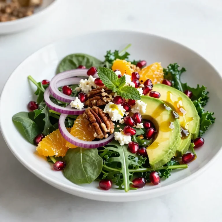 - 4 cups mixed greens (spinach, arugula, and kale) - 1 cup pomegranate seeds - 1 medium orange, segmented - 1/2 cup toasted pecans - 1/2 cup feta cheese, crumbled - 1/4 red onion, thinly sliced - 1 avocado, diced - 2 tablespoons olive oil - 1 tablespoon balsamic vinegar - 1 teaspoon honey - Salt and pepper to taste - Mixed greens: These greens are full of vitamins A and C. They help support your immune system. - Pomegranate seeds: They are rich in antioxidants. These seeds can help reduce inflammation. - Orange: Oranges are high in vitamin C. They boost your skin health and immune function. - Toasted pecans: They provide healthy fats. Pecans support heart health and give you energy. - Feta cheese: Feta adds calcium and protein. It helps build strong bones and muscles. - Red onion: This onion has compounds that may lower blood pressure. It also adds flavor and crunch. - Avocado: Avocados are a great source of healthy fat. They keep your heart healthy and help you feel full. - Olive oil: This oil is loaded with good fats. It can lower bad cholesterol levels. - Balsamic vinegar: This vinegar adds flavor with few calories. It may also help regulate blood sugar. - Honey: Honey adds sweetness and can soothe a sore throat. It also has some antioxidants. - Salt and pepper: These enhance flavor. Use them to taste for the best results. - For mixed greens, pick leaves that are bright and crisp. Avoid wilting or browning. - Choose pomegranates that are heavy for their size. This means they are juicy and ripe. - Look for oranges that are firm and smooth. Avoid soft spots or blemishes. - Select pecans that are whole and not broken. Fresh nuts smell sweet, not rancid. - For feta cheese, check the expiration date. Choose cheese that is moist and crumbly. - Pick red onions that feel firm. They should have a smooth skin without dark spots. - Choose avocados that yield slightly to pressure. If they are too hard, they are not ripe. - Look for olive oil labeled "extra virgin" for the best quality. It should smell fresh and fruity. - Pick balsamic vinegar that is dark and thick. It should have a rich, sweet aroma. - For honey, choose raw honey for the most nutrients. Check for local options for better flavor. {{ingredient_image_1}} 1. Start by washing your mixed greens. I like to use spinach, arugula, and kale. This mix adds great texture and flavor. 2. In a large salad bowl, place the greens as your base. Make sure they cover the bottom well for a colorful display. 3. Next, evenly sprinkle the pomegranate seeds on top. Their bright red hue adds a festive touch. 4. Add the orange segments for a burst of citrus flavor. They provide a nice contrast to the greens. 5. Toss in the toasted pecans. They offer a crunchy texture that complements the softness of the greens. 6. Crumble the feta cheese over the salad. This salty cheese enhances the overall taste. 7. Thinly slice the red onion and distribute it evenly across the salad. It adds a sharp flavor that balances the sweetness. 8. Finally, dice the avocado and place it atop the salad. Its creaminess is a delightful addition. 1. Take a small bowl to make your dressing. This will ensure all the flavors mix well. 2. Add 2 tablespoons of olive oil. This will serve as your base. 3. Pour in 1 tablespoon of balsamic vinegar. It adds a tangy kick to the dressing. 4. Add 1 teaspoon of honey. This will sweeten the dressing just right. 5. Sprinkle in some salt and pepper to taste. These will enhance all the other flavors. 6. Whisk everything together until it’s well combined. You want a smooth and flavorful dressing. 1. Serve the salad in wide, shallow bowls. This creates a beautiful presentation. 2. Drizzle the dressing over the salad just before serving. This keeps the greens fresh and crisp. 3. Gently toss the salad to mix the dressing with all the ingredients. This ensures every bite is packed with flavor. 4. Taste and adjust the seasoning if needed. You want it just right for your palate. 5. For a pop of color, garnish with extra pomegranate seeds and a sprig of fresh mint. This adds a touch of elegance and freshness to the dish. When making Pomegranate Winter Salad, avoid a few common mistakes. First, do not skip washing your greens. Rinsing them removes dirt and grit. Second, cut your avocado last. This helps keep it fresh and green. If you add it too early, it may brown. Third, do not use old pomegranate seeds. Fresh seeds bring juicy flavor. Lastly, do not over-dress the salad. A light drizzle of dressing enhances flavor without making it soggy. To ripen an avocado, place it in a paper bag. This traps ethylene gas, speeding up ripening. Add an apple or banana for extra gas if needed. Check the avocado daily. It usually ripens in 2 to 5 days. When it feels slightly soft, it is ready to eat. Remember, if it feels mushy, it may be overripe. Use ripe avocados in your salad for the best creaminess. If you have leftover salad, store it properly. Keep the dressing separate to avoid sogginess. Place leftover salad in an airtight container. It lasts about 1 day in the fridge. To store cut avocado, sprinkle it with lemon juice. This helps keep it from browning. Wrap it tightly in plastic wrap or place it in a small container. Use any leftover ingredients within a few days for the best taste. Pro Tips Use Fresh Ingredients: Always opt for the freshest greens and fruits to enhance the flavor and nutritional value of your salad. Toast Pecans for Extra Flavor: Toasting the pecans brings out their natural oils and adds a delightful crunch to the salad. Customize the Dressing: Feel free to experiment with different vinegars or add herbs to the dressing for a personalized flavor profile. Layer for Presentation: Layer the ingredients rather than mixing them all at once to create a visually appealing salad that showcases each component. {{image_2}} You can boost the protein in your Pomegranate Winter Salad with chicken, tofu, or beans. Grilled chicken adds a savory touch. It also makes the salad hearty. You can use any leftover chicken, too. Just slice it up and add it on top. Tofu is another great choice. It absorbs flavors well. Marinate it in soy sauce, then grill or sauté it. For a plant-based option, use chickpeas or black beans. They add fiber and taste. Just rinse them and sprinkle them in. While the olive oil and balsamic vinegar dressing is tasty, you can try other dressings. A citrus vinaigrette brings a bright zing. Just mix orange juice, lemon juice, and olive oil. You can also make a honey mustard dressing. Combine honey, mustard, and olive oil. This will give your salad a sweet and tangy flavor. Don't be afraid to experiment. Each dressing will change how the salad tastes. In winter, some ingredients shine more than others. You can swap the orange for grapefruit for a tangy kick. If pomegranates are hard to find, try cranberries. They add a pop of color and sweetness. You can even add roasted root vegetables. Roasted beets or sweet potatoes work well. They add warmth and depth to the salad. Adjust the ingredients based on what’s fresh and in season. This keeps your salad exciting and fun! To keep your Pomegranate Winter Salad fresh, store it in an airtight container. If you have leftover dressing, keep that separate to avoid soggy greens. When ready to eat, you can toss the salad with the dressing for a fresh taste. - Mixed Greens: 3-5 days in the fridge. - Pomegranate Seeds: 5-7 days if stored properly. - Orange Segments: 2-3 days, best kept in a sealed container. - Toasted Pecans: 1-2 weeks in the pantry or up to a month in the fridge. - Feta Cheese: 5-7 days once opened. - Red Onion: 1-2 weeks in the fridge. - Avocado: 1-2 days after cutting. - Always wash greens before storage, then dry them well. - Store pomegranate seeds in a sealed container to keep them juicy. - Keep avocados at room temp until ripe. Once cut, store them in lemon juice. - Use parchment paper to wrap nuts to prevent them from going stale. - Keep feta cheese submerged in brine for longer freshness. These simple steps can help you enjoy your salad for days. Yes, you can make Pomegranate Winter Salad ahead of time. If you want to save time, prepare the salad in advance. Keep the dressing separate until you are ready to serve. This way, the greens stay fresh and crisp. You can mix everything the day before and store it in the fridge. Just remember to add the avocado and dressing right before serving to avoid browning. Pomegranate seeds are a superfood packed with benefits. They are rich in antioxidants, which help fight free radicals. They also have vitamins C and K, both good for your health. Eating pomegranate seeds may improve heart health and lower blood pressure. Plus, they offer anti-inflammatory properties that can help your body. Adding them to your salad boosts both flavor and nutrition. If you need a substitute for feta cheese, try goat cheese. It has a similar tangy flavor. You can also use ricotta for a creamier texture. For a dairy-free option, try crumbled tofu mixed with lemon juice. This will give you a fresh taste without the dairy. Each of these options will still keep your salad delicious and satisfying. This blog post covered how to make a tasty Pomegranate Winter Salad. You learned about the ingredients, their benefits, and how to pick fresh produce. I shared simple steps to prepare the salad and the dressing. Tips on serving and fixing common mistakes helped you succeed. Remember, you can switch up the recipe by adding protein or trying new dressings. After making it, store leftovers correctly for later enjoyment. This salad is not just healthy; it’s a fun way to enjoy winter flavors.