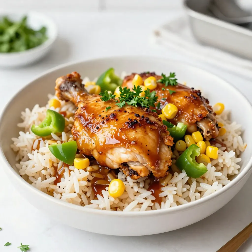 - 4 chicken thighs, bone-in, skin-on - 1 cup long-grain rice - 2 cups chicken broth - 1/2 cup honey - 1/2 cup BBQ sauce - 1 tablespoon olive oil - 1 onion, diced - 3 cloves garlic, minced - 1/2 cup corn, frozen or fresh - 1/2 cup green bell pepper, diced When making One-Pan Honey BBQ Chicken and Rice, start with fresh, quality ingredients. The chicken thighs bring rich flavor and tenderness. Bone-in and skin-on thighs are best for this dish. They stay juicy during cooking. You need long-grain rice for a fluffy texture. It cooks well in the broth and absorbs the sauce. For the broth, use a good-quality chicken broth. This adds depth to the dish. The sauce blends honey and BBQ sauce. Honey gives sweetness, while BBQ sauce adds tang. Choose your favorite BBQ sauce for personal taste. Olive oil helps in cooking the chicken and adds richness. Next, we add vegetables. Diced onion and minced garlic create a fragrant base. They add flavor and aroma. Corn adds sweetness and color, while the green bell pepper brings crunch. Together, these ingredients make the dish vibrant and wholesome. {{ingredient_image_1}} Searing the Chicken Thighs First, heat 1 tablespoon of olive oil in your pan over medium-high heat. Make sure the oil is hot before adding the chicken. Add 4 chicken thighs, skin-side down. Sear them for about 5-7 minutes until the skin turns golden brown. Then, flip the chicken and sear the other side for 5 more minutes. This step gives the chicken great flavor and a nice texture. Seasoning Instructions Before you start cooking, season the chicken with 1 teaspoon of smoked paprika, 1 teaspoon of salt, and 1/2 teaspoon of black pepper. Rub the spices all over the chicken. This adds a lovely taste that pairs well with the honey and BBQ sauce. Sautéing Onions and Garlic Once the chicken is done, take it out and set it aside. In the same pan, add 1 diced onion and sauté for 3-4 minutes. Cook until the onion looks soft and translucent. Then, add 3 minced garlic cloves. Cook for 1 more minute. The smell will be amazing! Combining Rice, Broth, Honey, and BBQ Sauce Now it’s time to add in the rice. Pour in 1 cup of long-grain rice, followed by 2 cups of chicken broth. Add in 1/2 cup of honey and 1/2 cup of BBQ sauce. Mix everything well so the rice gets coated in all those sweet and savory flavors. Adding Vegetables Next, return the chicken thighs to the pan, skin-side up. Bring the mixture to a simmer. Cover the pan with a lid. After that, let it cook on low heat for 20-25 minutes. In the last 5 minutes, stir in 1/2 cup of corn and 1/2 cup of diced green bell pepper. This adds color and crunch to the dish. Cooking Time and Checking Doneness After 20-25 minutes, check if the rice is cooked. You want it tender and fluffy. Also, check that the chicken has reached an internal temperature of 165°F (74°C). This ensures the chicken is safe to eat. After cooking, remove the pan from heat and let it sit for 5 minutes before serving. This helps the flavors meld together. To get that lovely crisp skin, choose bone-in, skin-on chicken thighs. Start with a hot pan and add oil. Place the chicken skin-side down. Let it cook without moving it for 5-7 minutes. This creates a nice golden crust. After flipping, sear for another 5 minutes. Timing is key to juicy chicken. After searing, cook the chicken with rice for 20-25 minutes. This ensures the chicken cooks through while the rice soaks up flavor. Always check the chicken reaches 165°F (74°C). Use a meat thermometer for accuracy. Want more flavor? Try adding spices like paprika, garlic powder, or onion powder. A pinch of cayenne pepper adds heat. Mix these spices with salt and pepper before seasoning the chicken. This extra layer of flavor makes the dish pop. Choose a BBQ sauce you love. Sweet sauces pair well with honey. If you like tangy flavors, go for a vinegar-based sauce. Some brands offer spicy options too. Feel free to mix your favorite sauces for a unique taste. To serve, fluff the rice with a fork. This makes it light and airy. Add a sprinkle of fresh parsley on top for color. Serve straight from the pan for a cozy, rustic look. It feels more inviting and casual. Pair this dish with a fresh salad or steamed veggies. Roasted broccoli or green beans work well too. You can also add some crusty bread to soak up the sauce. These sides balance the meal and add more color to your plate. Pro Tips Perfectly Cooked Chicken: Ensure the chicken thighs reach an internal temperature of 165°F (74°C) for juicy, safe-to-eat meat. Rice Texture: Fluff the rice gently with a fork after cooking to prevent it from becoming mushy and to keep the grains separate. Customize Your BBQ Sauce: Feel free to experiment with different BBQ sauces for varied flavors; a spicy sauce adds a nice kick! Vegetable Variations: You can add other vegetables like peas or carrots for extra nutrients and color in the dish. {{image_2}} Substituting Chicken Thighs If you want variety, try other meats. Chicken breasts work well. They cook faster, so check for doneness sooner. Pork chops are another option. They add a nice twist to the dish. Using Cooked Chicken Using leftover cooked chicken makes this meal quick. Just add it after sautéing the onions and garlic. Mix it in with the rice and sauce for flavor. This saves time and still tastes great. Exploring Different Rice Types You can switch up the rice for fun. Brown rice adds a nutty flavor. It needs more cooking time, so adjust the broth and simmer longer. Jasmine rice gives a fragrant touch, perfect for this dish. Quinoa or Cauliflower Rice Options Quinoa offers a protein boost and cooks faster. Use the same amount as rice. Cauliflower rice is a low-carb choice. It cooks quickly, so mix it in during the last few minutes of cooking. Homemade BBQ Sauce Ideas Making your own BBQ sauce brings fresh flavors. Use ketchup, vinegar, and spices for a base. Add honey for sweetness or hot sauce for a kick. Create your unique blend that suits your taste. Adjusting Sweetness with Honey You can change the sweetness to fit your liking. If you want it sweeter, add more honey. For less sweetness, reduce the honey amount. Taste as you go to find your perfect balance. Best Practices for Storage After you finish your meal, let the dish cool for about 30 minutes. This step helps keep the food fresh. Once cooled, place the leftovers in the fridge. They should stay good for about 3-4 days. Containers to Use Use airtight containers for best results. Glass or plastic containers work well. Make sure they have tight lids. This keeps moisture in and prevents smells from mixing. Methods for Reheating You can reheat your One-Pan Honey BBQ Chicken and Rice in different ways. The microwave is quick and easy. Just cover it with a damp paper towel. You can also use a skillet on low heat. This keeps the chicken crispy. Maintaining Texture and Flavor To keep the rice fluffy, add a splash of chicken broth or water. Stir it well while reheating. This helps it stay moist and tasty. How to Freeze One-Pan Honey BBQ Chicken and Rice If you want to save some for later, freezing is a great option. Let the dish cool completely. Then, scoop portions into freezer-safe bags or containers. Squeeze out any air before sealing. This prevents freezer burn. Thawing and Reheating Process When you're ready to eat, thaw the meal in the fridge overnight. You can also use the microwave on the defrost setting. Reheat as mentioned before, adding liquid to keep it moist. Enjoy your flavorful dish anytime! It takes about 50 minutes in total. You spend 10 minutes prepping the ingredients. Cooking takes around 40 minutes. Yes, you can use boneless chicken thighs. Cook them for about 20 minutes instead. This helps them stay juicy and tender. You can use quinoa, farro, or even cauliflower rice. Each substitute has different cooking times. Quinoa needs about 15 minutes, while farro takes about 30 minutes. Cauliflower rice cooks in just 5 minutes. Adjust the liquids based on what you choose. This blog post covered the essential steps to make One-Pan Honey BBQ Chicken and Rice. We discussed the key ingredients, cooking methods, and tips for the best taste. You explored various protein and rice options for flexibility. Storing leftovers and reheating methods help keep your meal fresh. Cooking can be fun and rewarding. With this recipe, you can enjoy a tasty dish that fits your needs. Experiment with flavors and make it your own! Enjoy your cooking adventure!