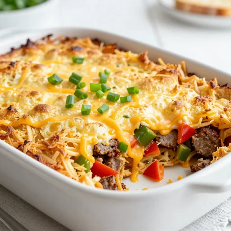 For my Crack Breakfast Casserole, I use these key ingredients: - 6 large eggs - 1 cup milk - 1 teaspoon garlic powder - 1 teaspoon onion powder - 1/2 teaspoon salt - 1/2 teaspoon black pepper - 2 cups shredded hash browns (frozen or fresh) - 1 cup shredded cheddar cheese - 1/2 cup cooked and crumbled sausage - 1/2 cup diced bell peppers (red and green) - 1/4 cup chopped green onions - 1/2 teaspoon paprika (optional) You can change this casserole to fit your taste. Here are some fun options: - Swap sausage for diced ham or bacon. - Add spinach or mushrooms for extra veggies. - Use different cheese like mozzarella or pepper jack. - Mix in jalapeños for a spicy kick. Not all of us have the same things in our kitchens. Here are easy swaps: - Use almond milk or oat milk instead of cow's milk for a dairy-free option. - If you lack hash browns, try diced potatoes or even cooked quinoa. - You can skip the bell peppers if you prefer a simpler dish. - For a lower-fat dish, use egg whites instead of whole eggs. These ingredients help create a tasty and filling meal that everyone will enjoy! {{ingredient_image_1}} First, gather all your ingredients. You need eggs, milk, spices, hash browns, cheese, and sausage. Next, preheat your oven to 350°F (175°C). Grease a 9x13-inch baking dish with cooking spray or butter. This step helps the casserole not stick. In a large bowl, whisk together the eggs and milk. Add garlic powder, onion powder, salt, and black pepper. Whisk until it is well mixed and a bit frothy. Spread the hash browns evenly in the bottom of the greased dish. This layer is the base of your casserole. Pour the egg mixture over the hash browns. Make sure to cover them completely. Next, sprinkle the crumbled sausage on top. Add the diced bell peppers and shredded cheddar cheese. Finally, sprinkle the chopped green onions and paprika for extra flavor. Place the baking dish in the preheated oven. Bake for 30-35 minutes. You will know it’s done when the egg is set, and the top is golden brown. Let it cool for a few minutes before slicing it into squares. This cooling time makes it easier to serve. Enjoy your delicious Crack Breakfast Casserole! To make the best Crack Breakfast Casserole, start with fresh eggs and quality cheese. Whisk the eggs well to trap air. This helps the casserole rise and become fluffy. Use a non-stick spray or butter to grease the pan. This will help the casserole come out easily. Spread the hash browns evenly at the bottom. This layer gives a nice crunch. Don’t skip the seasonings! The garlic and onion powder add depth. You can prepare this casserole a day in advance! Mix the egg mixture and pour it over the hash browns. Cover the pan with plastic wrap and put it in the fridge. In the morning, just bake it straight from the fridge. You might need to add a few extra minutes to the baking time. This makes breakfast stress-free. Serve your casserole hot for the best taste. Add extra green onions on top for a pop of color. A side of fresh fruit brightens the plate. If you like heat, offer hot sauce alongside. This adds a fun kick to each bite. You can also pair it with a light salad for a balanced meal. Pro Tips Use Fresh Ingredients: Always opt for fresh vegetables and high-quality eggs to enhance the flavors of your casserole. Customize Your Fillings: Feel free to mix in your favorite breakfast meats or vegetables to suit your taste preferences. Make Ahead: Prepare the casserole the night before and refrigerate it. Just pop it in the oven in the morning for a quick breakfast. Check for Doneness: Ensure the center of the casserole is fully set by inserting a toothpick; it should come out clean when done. {{image_2}} For a tasty vegetarian version of Crack Breakfast Casserole, skip the sausage. You can use extra veggies instead. Try adding mushrooms, spinach, or zucchini. These will add great flavor and nutrients. You can also swap in plant-based cheese. Look for brands that melt well. This keeps the dish creamy and satisfying. To make this casserole more appealing to kids, you can add favorite ingredients. Consider including diced tomatoes or corn. These add sweetness and color. You can also use turkey sausage for a lighter option. This keeps the dish healthy without losing taste. Serve with a side of fruit for balance. To boost the flavor, consider adding spices. A pinch of cayenne pepper gives it a nice kick. You can also try adding fresh herbs like parsley or cilantro. These make the dish bright and fresh. For a smoky touch, use smoked paprika instead of regular paprika. This adds depth to every bite. After you enjoy your Crack Breakfast Casserole, store any leftovers in an airtight container. Let the dish cool completely first. Keep it in the fridge for up to 3 days. This keeps the flavors fresh and safe to eat. Reheat the casserole in the oven for the best results. Set your oven to 350°F (175°C). Place the casserole in a baking dish and cover it with aluminum foil. Heat for about 15-20 minutes or until warm. You can also use the microwave. Just heat a single serving for 1-2 minutes. If you want to save it for later, freeze the casserole. Cut it into squares before freezing. Wrap each piece in plastic wrap and then in foil. This helps prevent freezer burn. You can store it for up to 2 months. When you’re ready to eat, thaw it in the fridge overnight before reheating. Yes, you can make Crack Breakfast Casserole the night before. This makes it easy for busy mornings. To do this, prepare the casserole up to the baking step. Cover it and place it in the fridge. When you're ready, bake it straight from the fridge. Just add a few extra minutes to the baking time. This way, you save time and still enjoy a hot meal. You can serve many things with Crack Breakfast Casserole. A fresh fruit salad adds a nice touch. It brightens the plate and offers a sweet flavor. You can also serve it with a side of crispy bacon or sausage. If you like spice, add hot sauce for a kick. For drinks, coffee, or fresh juice pairs well. These sides make the meal more fun and filling. To check if the casserole is done, look for a few signs. The top should be golden brown and bubbly. You can insert a knife in the center. If it comes out clean, the casserole is ready. It should not jiggle when you shake the dish. Let it cool for a few minutes before serving. This way, it sets nicely and is easier to slice. This article covered the main ingredients needed for a delicious Crack Breakfast Casserole. We explored optional ingredients you can add for flavor and tips for substitutions. I provided easy steps for preparation, cooking, and baking. We also discussed best practices and how to serve. Variations included vegetarian options and family-friendly additions. Lastly, I shared storage tips to keep leftovers fresh. Try out these ideas and enjoy making this dish your own. The right ingredients and methods will lead to great meals. Happy cooking!