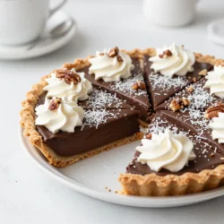 - 1 pre-made graham cracker crust - 1 cup semi-sweet chocolate chips - 1 cup heavy whipping cream - 1/2 cup sweetened shredded coconut - 1/2 cup chopped pecans - 1/2 cup granulated sugar - 1/4 cup unsweetened cocoa powder - 1 teaspoon vanilla extract - Pinch of salt You can swap the graham cracker crust for a cookie crust if you like. An Oreo crust adds a great flavor twist. If you want to avoid nuts, leave out the pecans. You can also replace them with more coconut. For a lighter touch, try using coconut cream instead of heavy cream. The semi-sweet chocolate chips give the pie its rich chocolate flavor. They melt down easily and mix well with cream. Heavy whipping cream makes the filling light and fluffy. It whips to soft peaks, which creates a nice texture. Sweetened shredded coconut adds a chewy bite and sweetness. Chopped pecans give crunch and a nutty taste. Cocoa powder deepens the chocolate flavor and adds richness. Finally, vanilla extract brings warmth and enhances all the flavors. {{ingredient_image_1}} First, grab a microwave-safe bowl. Add 1 cup of semi-sweet chocolate chips to it. Heat the chocolate in the microwave for 30 seconds. Take it out and stir. If it isn't smooth, heat it again for 15 seconds. Repeat until the chocolate melts completely. Let it cool for a bit. This step is key for a creamy filling. Next, take another bowl. Pour in 1 cup of heavy whipping cream. Use an electric mixer to whip the cream. Keep mixing until soft peaks start to form. Then, add 1/2 cup of granulated sugar, 1/4 cup of unsweetened cocoa powder, 1 teaspoon of vanilla extract, and a pinch of salt. Keep whipping until you see stiff peaks. This makes your filling light and fluffy. Now it's time to mix! Gently fold the melted chocolate into the whipped cream. Be careful not to deflate the cream. Once blended, add 1/2 cup of sweetened shredded coconut and 1/2 cup of chopped pecans. Fold them in lightly. Next, spoon the mixture into your pre-made graham cracker crust. Spread it evenly. Cover the pie with plastic wrap and place it in the fridge for at least 4 hours. This helps it set perfectly. Enjoy the process; you’re making a pie that everyone will love! To make whipped cream that stands tall, use cold heavy cream. Start with an electric mixer and beat it on medium speed. Watch for soft peaks first. Then, slowly add granulated sugar, cocoa powder, vanilla extract, and a pinch of salt. Keep mixing until you see stiff peaks. This means the cream holds its shape and won’t fall. If you over-mix, it may turn into butter. So, stop once you see those perfect peaks. Folding is key to keeping your mixture light. Use a rubber spatula for this task. Start by adding a small amount of the chocolate mix to the whipped cream. Gently stir it in to lighten the cream. Then, add the rest of the chocolate. Use a sweeping motion to combine, but be careful not to deflate the whipped cream. When you add coconut and pecans, fold them in gently. This keeps the texture airy and fluffy. After filling your graham cracker crust, cover it well with plastic wrap. Refrigerate the pie for at least 4 hours. This waiting time helps the filling set properly. If you want a firmer pie, let it chill overnight. The longer it cools, the better the flavors blend. Before serving, check that it holds its shape. If it feels too soft, let it chill a bit longer. Enjoy the sweet reward of your patience! Pro Tips Chocolate Tempering: Ensure the melted chocolate is slightly cooled before folding it into the whipped cream. This helps maintain the lightness of the whipped cream and prevents it from collapsing. Whipping Cream: For the best results, use cold heavy cream and chill your mixing bowl and beaters beforehand. This can help achieve a better volume and stability in your whipped cream. Setting Time: Allow the pie to set in the refrigerator for at least 4 hours, or overnight if possible. This ensures a firmer texture and makes it easier to slice. Garnishing: For a decorative touch, add extra whipped cream, toasted coconut, and pecans on top just before serving. This enhances both the visual appeal and the flavor of the pie. {{image_2}} You can change the crust for a new twist. An Oreo crust adds a rich, chocolatey flavor. Just crush the Oreos and mix them with melted butter. You can also try an almond crust. It gives a nutty taste. Blend almond flour with butter and press it into a pie dish. Both options make the pie unique. A little twist in flavor can make this pie even better. Try adding a splash of coffee. It enhances the chocolate flavor and adds depth. You can also use different nuts. Walnuts work well if you want a stronger taste. Just chop them up and fold them in like pecans. How you serve the pie can impress your guests. Garnish with whipped cream on top. A sprinkle of coconut makes it look pretty. Adding extra chopped nuts can also be nice. Use a chocolate drizzle for a fancy touch. These small details make your no-bake German chocolate pie stand out. To keep your No-Bake German Chocolate Pie fresh, store it in the fridge. Wrap the pie in plastic wrap to avoid drying out. If you have slices left, place them in an airtight container. This helps keep the pie moist and tasty. You can freeze this pie if you want to save it for later. First, wrap it tightly in plastic wrap. Then, place it in a freezer-safe container. This way, it stays fresh for up to three months. When you're ready to eat it, thaw the pie in the fridge overnight. In the fridge, your No-Bake German Chocolate Pie will last for about five days. After that, it may lose its flavor and texture. Always check for any signs of spoilage before enjoying it again. Yes, you can make this pie ahead of time. This pie actually tastes better if you let it chill overnight. Just cover it well with plastic wrap or foil. It stays fresh in the fridge for up to three days. This makes it perfect for parties or family gatherings! You will know the pie is set when it feels firm to the touch. After chilling for at least four hours, check the center. If it holds its shape without sinking, it is ready to serve. You can also gently shake the pie; if the filling jiggles slightly, it needs more time. If you don't have heavy cream, you can use coconut cream instead. Just chill a can of coconut milk overnight, then scoop out the cream. Another option is to use a mixture of milk and butter. For every cup of heavy cream, mix 3/4 cup of milk with 1/4 cup of melted butter. This gives a similar richness. This blog post covered all the essential steps for making your pie. We explored the key ingredients and how to melt chocolate and whip cream. I shared tips for achieving the best texture and ways to present your dessert beautifully. Remember, you can always make fun variations to suit your taste. Store leftovers properly to enjoy later. With these tips, you can create a delicious pie that impresses everyone. Dive in and bake with confidence!