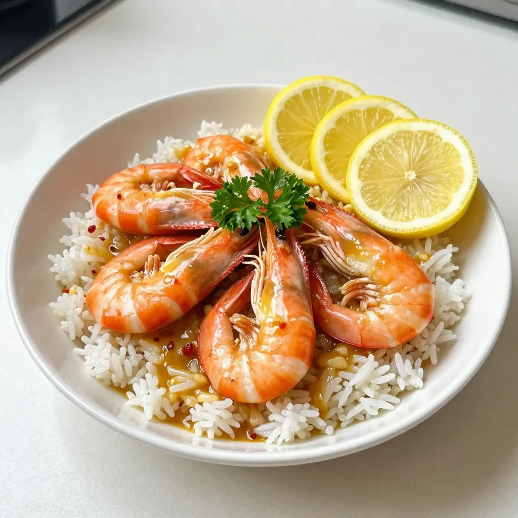 - 1 pound large shrimp, peeled and deveined - 4 tablespoons unsalted butter - 4 cloves garlic, minced - 1 teaspoon red pepper flakes (adjust to taste) - 2 tablespoons fresh parsley, chopped - Salt and pepper to taste - Juice of 1 lemon - Lemon slices for garnish - Cooked rice or pasta for serving - Large shrimp: Look for fresh or frozen shrimp. They should be peeled and deveined for ease. - Unsalted butter: This adds rich flavor. Use unsalted to control the salt level. - Garlic: Fresh garlic gives the best taste. Mince it finely for maximum flavor. - Red pepper flakes: These add a nice kick. Adjust the amount to your spice preference. - Fresh parsley: This adds a bright touch. Chop it finely to mix well in the dish. - Salt and pepper: These are essential for seasoning. Use them to taste for balance. - Lemon juice: Fresh juice brightens the dish. It adds a zesty finish to the shrimp. - Lemon slices: These make a pretty garnish. They also add a fresh scent. - Cooked rice or pasta: Use these to serve the shrimp. They soak up the buttery sauce. - Shrimp: You can use scallops or chicken if you prefer. - Butter: Olive oil can replace butter for a lighter option. - Garlic: Garlic powder can work in a pinch, but fresh is best. - Red pepper flakes: Use cayenne pepper for more heat if needed. - Fresh parsley: Cilantro or basil can add a different flavor. - Lemon juice: Lime juice is a great alternative for a twist. - Cooked rice or pasta: Quinoa or couscous can serve as healthy options. {{ingredient_image_1}} 1. Gather all your ingredients. You need 1 pound of large shrimp, 4 tablespoons of unsalted butter, and 4 minced garlic cloves. 2. Prepare your kitchen. Get a large skillet and a spatula ready. 3. Chop 2 tablespoons of fresh parsley. This will add a nice touch. 4. Squeeze the juice from 1 lemon. Set aside the juice and some slices for garnish. 1. Heat your skillet on medium-high. Add the unsalted butter and let it melt. Watch it closely so it does not burn. 2. When the butter bubbles, add the minced garlic and red pepper flakes. Sauté for 30 seconds to 1 minute. The garlic should smell good but not brown. 3. Place the shrimp in the skillet in a single layer. Season with salt and pepper. Cook for 2-3 minutes until they turn pink. 4. Flip the shrimp and cook for another 1-2 minutes. Check that they reach an internal temperature of 120°F (49°C). 5. Take the skillet off the heat. Squeeze the lemon juice over the shrimp. Toss to coat them well. Add the parsley and mix. 1. Serve the shrimp hot over cooked rice or pasta. 2. Drizzle some of the buttery sauce on top for extra flavor. 3. Garnish with lemon slices for a fresh look. Enjoy your meal! To make the best garlic butter shrimp, use large, fresh shrimp. They cook fast and taste great. Ensure your butter is unsalted. This way, you can control the salt in your dish. Heat the pan well before adding butter. It helps the shrimp sear nicely. Keep an eye on the garlic. You want it fragrant, not brown. Brown garlic can taste bitter. Flip the shrimp carefully; they should be pink and opaque when done. Use a meat thermometer. The shrimp should reach 120°F (49°C). One common mistake is overcooking the shrimp. They can become tough and rubbery. Avoid that by cooking them just until they turn pink. Another mistake is using too much garlic. While garlic is great, too much can overwhelm the dish. Also, don’t skip the salt and pepper. They enhance the shrimp's flavor. Lastly, don’t forget the lemon juice. It adds a bright finish that balances the butter. You can boost the flavor of your garlic butter shrimp in many ways. Try adding fresh herbs like basil or cilantro. They bring freshness and a nice aroma. Want a kick? Add more red pepper flakes. For a deeper flavor, mix in some white wine with the butter. It adds richness. You can even toss in some veggies like bell peppers or spinach. They add color and nutrition. Serve over pasta or rice; both soak up the tasty sauce well. Pro Tips Fresh Ingredients: Always use fresh shrimp for the best flavor and texture. If using frozen shrimp, ensure they are fully thawed before cooking. Adjusting Spice Levels: Feel free to adjust the amount of red pepper flakes based on your heat preference. You can also add a pinch of cayenne for more heat! Perfect Butter Sauce: To achieve a rich buttery sauce, make sure not to overcook the garlic; it should be fragrant but not browned, which can make it bitter. Serving Suggestions: This dish pairs beautifully with a side of crusty bread or a fresh green salad for a complete meal experience. {{image_2}} For a Mediterranean twist, add some olives and cherry tomatoes. Use the same base of garlic and butter. Sauté the tomatoes until they soften, then toss in the shrimp. The olives add a salty punch. Serve it over couscous or quinoa for a great meal. If you love heat, increase the red pepper flakes. You can add fresh jalapeños or even a splash of hot sauce. This gives the dish a fiery kick. Pair it with a cool cucumber salad to balance the spice. Add seasonal veggies to your shrimp for a colorful dish. Bell peppers, zucchini, or asparagus work well. Sauté the veggies first until they are tender, then add the shrimp. This makes the meal more filling and nutritious. Serve it all over rice or pasta for a complete dish. After you enjoy your Minute Garlic Butter Shrimp, you may have some left. Store it in an airtight container. Keep it in the fridge for up to two days. Make sure to cool the shrimp down first before sealing. This helps keep the shrimp fresh and tasty. To reheat, I suggest using a skillet. Heat it over medium heat. Add a little butter or oil to the pan to keep the shrimp moist. Stir the shrimp for about 3-5 minutes. You want them hot but not overcooked. Avoid using the microwave, as it can make the shrimp tough. You can freeze Garlic Butter Shrimp if you have more than you need. Place the shrimp in a freezer-safe bag. Remove as much air as possible before sealing. Freeze the shrimp for up to three months. When you're ready to eat, thaw it in the fridge overnight. Then reheat as described above. Cooking garlic butter shrimp takes about 10 minutes. You will spend 5 minutes prepping and another 5 minutes cooking. The shrimp cooks quickly, usually 2 to 3 minutes on each side. Watch for their pink color and slight opacity. This means they are done! Yes, you can use frozen shrimp! Just make sure to thaw them first. You can place them in cold water for about 15 minutes. After thawing, pat them dry before cooking. This will help the shrimp sear nicely in the butter. Garlic butter shrimp pairs well with many sides. Here are some tasty options: - Cooked rice - Pasta - Quinoa - Fresh salad - Garlic bread These sides soak up the delicious garlic butter sauce, making every bite a treat! This blog post covers the key elements of making garlic butter shrimp. We explored the ingredients, their roles, and possible substitutions. The step-by-step instructions guide you through preparation, cooking, and serving. I shared tips for perfection, common mistakes, and flavor enhancements. We also discussed variations and storage methods to enjoy your dish later. Remember, garlic butter shrimp can fit many tastes and meals. Enjoy creating your perfect dish!