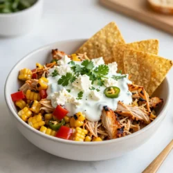 - 2 cups cooked and shredded chicken - 2 cups corn (grilled or canned) - 1 red bell pepper - 1 jalapeño - 1/4 cup red onion - 1/2 cup mayonnaise - 1/2 cup Greek yogurt - 1 teaspoon chili powder - 1 teaspoon smoked paprika - 1 tablespoon lime juice - Salt and pepper - 1/2 cup crumbled feta cheese - Fresh cilantro - Tortilla chips In this recipe, I focus on fresh and simple flavors. First, I use two cups of cooked and shredded chicken. Rotisserie chicken works great for this dish because it saves time. Next, I add two cups of corn, either grilled or canned. Grilled corn adds a nice smoky taste, while canned corn is quick and easy. I then chop one red bell pepper and one jalapeño. The bell pepper adds sweetness, while the jalapeño gives a bit of heat. You can remove the seeds from the jalapeño if you want less spice. Next, I chop up a quarter cup of red onion. This adds crunch and a sharp flavor to the bowl. For the creamy dressing, I mix half a cup of mayonnaise with half a cup of Greek yogurt. This combination makes the dish rich and tangy. I also add a teaspoon each of chili powder and smoked paprika for flavor. One tablespoon of lime juice brightens everything up. Don't forget to add salt and pepper to taste! Finally, I top the bowl with half a cup of crumbled feta cheese and fresh cilantro. I serve it all with a side of crunchy tortilla chips. This mix of flavors will make your taste buds dance! {{ingredient_image_1}} To make your Street Corn Chicken Bowl, start with the corn. You can use fresh corn or canned corn. If you choose fresh corn, grill it over medium-high heat. Grill until it gets a nice char, about 10-15 minutes. Once it cools, cut the kernels off the cob. If you prefer canned corn, simply drain and rinse it before use. This method saves time and effort. For the dressing, gather these ingredients: - 1/2 cup mayonnaise - 1/2 cup Greek yogurt - 1 teaspoon chili powder - 1 teaspoon smoked paprika - 1 tablespoon lime juice - Salt and pepper to taste In a bowl, combine these ingredients. Stir well until the mixture is smooth and creamy. This dressing adds a rich flavor to your bowl. In a large mixing bowl, add the following: - 2 cups cooked and shredded chicken - 2 cups corn (grilled or canned) - 1 red bell pepper, diced - 1 jalapeño, finely chopped (seeds removed for less heat) - 1/4 cup red onion, finely chopped Pour the dressing over this mixture. Toss everything together gently. Make sure every piece gets a good coating of the dressing. This ensures a burst of flavor in every bite. To serve, scoop the chicken and corn mixture into bowls. Use a spoon or ladle to get a nice portion. Top each bowl with: - 1/2 cup crumbled feta cheese - Fresh cilantro, chopped for garnish For added crunch, serve with tortilla chips on the side. This dish is colorful and inviting, perfect for any meal. Enjoy your creation! Using rotisserie chicken makes this dish quick and easy. It saves time and adds great flavor. Look for a rotisserie chicken that is juicy and well-seasoned. To shred chicken, use two forks. Hold the chicken down with one fork and pull with the other. You can also use your hands if it’s cool enough. Shredded chicken mixes well with the corn and other veggies. You can adjust spice levels to fit your taste. If you like it spicy, add more chili powder or jalapeño. For a milder flavor, reduce these ingredients. If you want to swap out Greek yogurt, try sour cream or avocado. Both will give a creamy texture and taste great. For extra flavor, add spices like cumin or coriander. Fresh herbs like cilantro or parsley can also brighten the dish. When grilling corn, aim for medium-high heat. This gives the corn a nice char. Cook until it has golden brown spots, then let it cool before cutting the kernels off. This adds a smoky taste that pairs well with the chicken. Pro Tips Use Fresh Corn: Freshly grilled corn adds a smoky flavor that enhances the dish. If using canned corn, opt for the best quality for a better taste. Adjust Spice Level: For a milder dish, remove all the seeds and membranes from the jalapeño. If you like it hot, leave some seeds in! Make Ahead: This bowl can be made ahead of time. Just store the dressing separately until you're ready to serve to keep everything fresh. Experiment with Toppings: Try adding avocado, diced tomatoes, or even a drizzle of hot sauce for an extra kick and flavor variation. {{image_2}} For a tasty vegetarian bowl, swap chicken for beans or tofu. Both options add protein and texture. Black beans work well, or try chickpeas for a different flavor. To enhance the dish, mix in grilled corn for a smoky taste. You can also add diced avocado for creaminess. This way, you keep the spirit of the dish while making it meat-free. If you love spice, increase the jalapeño quantity in the recipe. Add one or two more jalapeños, depending on your heat preference. Another option is to drizzle hot sauce over the bowl before serving. This will give your meal a fiery kick. Just remember to taste as you go. You want heat but not overpowering flavors. Incorporating black beans adds depth to the dish. They pair perfectly with the other ingredients. You can also add diced avocado for a rich, creamy touch. This combination brings a Southwest twist to your bowl. Top with fresh cilantro for a burst of flavor. These additions make the dish even more satisfying. To keep your Street Corn Chicken Bowl fresh, store leftovers in an airtight container. Make sure the bowl is cool before sealing it. This helps maintain the flavor and texture. I recommend eating leftovers within three days. After that, the ingredients may lose their crunch and taste. If you want to save the dish for later, you can freeze it. Place the bowl in a freezer-safe container. Leave some space at the top for expansion. You can freeze it for up to three months. When you’re ready to eat, thaw it in the fridge overnight. To reheat, warm it in a skillet over medium heat. Stir it often until it is hot. You can also microwave it in short bursts. This keeps the chicken moist and the veggies bright. Yes, frozen corn works well in this recipe. To prepare it, simply thaw the corn first. You can heat it in a pan or microwave. This helps bring out its sweetness. If you want extra flavor, you can sauté it with a little butter or oil. This adds a nice touch to your dish. To make this dish gluten-free, use gluten-free mayonnaise and yogurt. Check labels to ensure they are safe. You can also swap regular tortilla chips for gluten-free options. There are many brands that offer great-tasting gluten-free chips. This way, you can enjoy the same great flavors without worry. You can prep parts of this dish in advance. Cook the chicken and grill or thaw the corn ahead of time. Store them in airtight containers. Keep the dressing separate in the fridge. This helps keep everything fresh. You can combine everything on the day you serve it. It makes for an easy meal. This bowl pairs well with many sides. You can serve a simple salad with lime vinaigrette. It adds a fresh contrast. You might also enjoy some black beans or rice for added heartiness. For drinks, try a cold lime soda or iced tea. These drinks will enhance the flavors of your bowl. This blog post covered a tasty chicken dish made with simple, fresh ingredients. You learned how to prepare the corn, mix the dressing, and combine everything. I shared tips for choosing the right chicken and customizing the flavors to fit your taste. Don't forget the variations and storage tips for leftovers. This dish is not just good; it's fun to make and share. Enjoy every bite, and feel free to experiment with your own ideas!