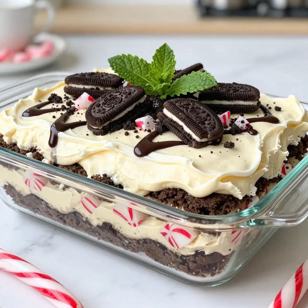 To make No-Bake Christmas Oreo Lasagna, gather these ingredients: - 2 packages of Oreo cookies (single or double stuffed) - ½ cup unsalted butter, melted - 2 cups cream cheese, softened - 1 cup powdered sugar - 2 cups whipped topping (like Cool Whip) - 1 teaspoon vanilla extract - 1 cup peppermint candy canes, crushed - 2 cups vanilla pudding mix (prepared with milk) - ¼ cup chocolate syrup - Additional crushed Oreos and mint leaves for garnish These ingredients create layers of yummy flavors and textures. The Oreos provide a crunchy base, while the cream cheese adds a rich creaminess. The whipped topping makes it light, and the peppermint gives a fresh taste. Don't forget to crush those candy canes for a festive touch! {{ingredient_image_1}} - First, take 1.5 packages of Oreo cookies. - Crush the cookies in a food processor until they turn into fine crumbs. - In a bowl, mix the crumbs with ½ cup melted butter. - Stir well until you see a thick, moist mix. - Next, press the mixture evenly into the bottom of a 9x13 inch dish. - Place the dish in the fridge to set while you prepare the next layers. - In a medium bowl, whip 2 cups of softened cream cheese until smooth. - Add 1 cup of powdered sugar and 1 teaspoon of vanilla extract. - Mix until everything combines well. - Gently fold in 2 cups of whipped topping. - Make sure it stays light and fluffy. - Spread the cream cheese mixture evenly over the crust. - Prepare 2 cups of vanilla pudding with milk as per the package directions. - Once set, spread the pudding over the cream cheese layer. - Sprinkle half of the crushed candy canes on top of the pudding. - Finally, spread the remaining whipped topping over the pudding layer. - Drizzle ¼ cup of chocolate syrup over the whipped topping. - Add extra crushed Oreos and more candy canes for a festive look. - Cover the dish with plastic wrap and chill for at least 4 hours. - For best taste, let it chill overnight before serving. To get the best cream cheese layer, ensure the cream cheese is very soft. I suggest letting it sit out for 30 minutes before you start. This helps it mix better. When making the pudding, follow the package instructions closely. Use cold milk for a smooth texture. Stir it well to avoid lumps. This makes every bite creamy. Chill your lasagna for at least four hours. If you can, let it sit overnight. This helps the flavors blend well. It's best served cold. For slicing, use a sharp knife. Dip it in warm water for clean cuts. This keeps the layers pretty and neat. To make your lasagna look festive, drizzle extra chocolate syrup on top. You can also add more crushed Oreos for a nice crunch. Seasonal garnishes can make it pop. Try adding fresh mint leaves or small holiday sprinkles. You can even use red and green candies for a cheerful touch. Pro Tips Use room temperature ingredients: Make sure your cream cheese is at room temperature for a smoother mixture that blends easily with the other ingredients. Chill for best flavor: Allow the lasagna to chill overnight for the flavors to meld together, resulting in a richer taste. Customize your toppings: Feel free to get creative with toppings! Consider adding mini chocolate chips or different kinds of crushed candies for a unique twist. Make it ahead of time: This dessert can be made a day or two in advance, making it a perfect choice for holiday gatherings. {{image_2}} You can have fun with flavors by using different Oreo cookies. Think about using mint, peanut butter, or even birthday cake Oreos. Each flavor adds a unique twist. If you want to skip peppermint candy canes, try crushed chocolate or toffee bits. You can also use sprinkles for a fun touch. For gluten-free options, use gluten-free Oreo cookies. They taste just as good! If you need a dairy-free dessert, replace cream cheese with a dairy-free option. Use coconut cream or cashew cream instead. You can also choose a dairy-free whipped topping. This lasagna isn’t just for Christmas. You can tweak it for other holidays. For Halloween, add orange and black sprinkles. For birthdays, use colorful sprinkles and cake-flavored Oreos. You can make it festive for any event by changing the toppings. Just think about your theme and get creative! To keep your No-Bake Christmas Oreo Lasagna fresh, store it in the fridge. Place it in an airtight container. If you don't have a container, cover it tightly with plastic wrap. This prevents drying out and keeps flavors intact. In the refrigerator, your lasagna stays good for about 3 to 5 days. If you want to freeze it, wrap individual slices well in plastic wrap. This way, you can enjoy it later. Frozen lasagna lasts up to 2 months. Just remember to thaw it in the fridge before serving. Check for signs of spoilage before eating. If you see any mold or an off smell, it's time to toss it. Also, if the texture feels slimy or grainy, that means it has gone bad. Always trust your senses to keep safe while enjoying this dessert. The prep time for this dessert is about 30 minutes. You will need to gather your ingredients and prepare each layer. Yes, you can make this dessert ahead of time. It actually tastes better when it sits for a while. You should chill the lasagna for at least 4 hours. For the best flavor, chill it overnight. Yes, you can use regular whipped cream. Just make sure it is whipped to soft peaks. Yes, you can adjust the recipe. Simply cut the ingredients in half for a smaller portion or double them for a larger one. This blog post covered how to make a No-Bake Christmas Oreo Lasagna. We discussed the key ingredients, detailed step-by-step instructions, and provided tips for perfect layers. I shared helpful storage info and variations for all tastes. In the end, this dessert is fun and easy to make. You can enjoy it during the holidays or at any gathering. With a bit of creativity, you can make it your own. Now, gather your ingredients and start creating!