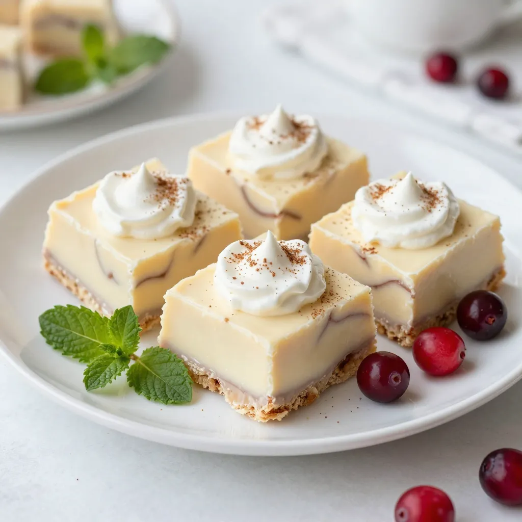 - 2 cups white chocolate chips - 1 can (14 ounces) sweetened condensed milk - 1 cup eggnog The main ingredients make this fudge rich and creamy. White chocolate chips melt smoothly, creating a sweet base. Sweetened condensed milk adds a thick texture and sweetness. Eggnog brings festive flavor and a hint of spice. - 1 teaspoon ground nutmeg - 1 teaspoon vanilla extract - 1/4 teaspoon salt Flavor enhancers add depth to the fudge. Ground nutmeg gives that classic eggnog taste. Vanilla extract boosts the overall flavor. A touch of salt balances the sweetness and enhances all the flavors. - 1 cup chopped pecans or walnuts - Whipped cream for garnish Optional add-ins let you customize your fudge. Chopped nuts add a nice crunch and richness. Garnishing with whipped cream makes each square look festive and inviting. You can also sprinkle extra nutmeg on top for a finishing touch. {{ingredient_image_1}} - Line the baking dish. Use parchment paper and leave some overhang. This helps with easy removal later. - Melt chocolate and milk. In a medium saucepan, stir white chocolate chips and sweetened condensed milk over low heat. Mix until smooth. - Incorporate eggnog and spices. Once smooth, add the eggnog, nutmeg, vanilla, and salt. Stir until fully mixed. - Add nuts if desired. If you like, fold in chopped pecans or walnuts for extra crunch. - Pour into the dish and refrigerate. Spread the fudge mixture evenly in the lined dish and place it in the fridge. - Cutting and serving. After two hours, lift the fudge out using the parchment. Cut it into squares. Optionally, top with whipped cream and a sprinkle of nutmeg for a festive look. To get creamy fudge, avoid overheating the chocolate. Heat it slowly and stir often. This keeps it smooth. Use room temperature ingredients. Cold ingredients can make the fudge grainy. For a festive look, garnish each piece with whipped cream. A sprinkle of nutmeg adds charm. You can also arrange fudge squares on a colorful platter. Add fresh cranberries and mint leaves for a pop of color. Make sure to let the fudge set long enough. If you rush this step, it may stay soft. Do not skip the salt. It enhances the flavor and balances the sweetness. Pro Tips Use Quality Chocolate: Opt for high-quality white chocolate chips for a smoother and creamier fudge texture. Chill Before Cutting: Ensure the fudge is fully chilled and set before cutting to achieve neat, clean squares. Experiment with Flavors: Feel free to add a splash of rum extract or bourbon for an adult twist on traditional eggnog flavor. Storage Tips: Store fudge in an airtight container in the refrigerator to maintain its freshness for up to two weeks. {{image_2}} You can change up the flavor of your eggnog fudge easily. One fun twist is to make rum-infused eggnog fudge. Just add a splash of your favorite rum to the mix. This gives it a festive kick and makes it perfect for holiday parties. You can also add different spices like cinnamon or cloves. These spices add warmth and depth to your fudge, making it even more special. If you want a vegan option, use vegan white chocolate. This way, you can enjoy fudge without dairy. For gluten-free fudge, make sure to use gluten-free chocolate and check your eggnog. Many brands are gluten-free, but it’s good to double-check. These simple swaps keep everyone happy during the holidays. Get creative with your fudge! Instead of nuts, try using dried fruits like cranberries or apricots. You can also add chocolate chips for a sweet surprise. Want to take it up a notch? Make a layered fudge! Pour one flavor in first, let it set, then add another layer on top. This looks great and tastes amazing too! Store your creamy eggnog fudge in an airtight container. This keeps it fresh. You can also use jars, but containers are better. Make sure to seal them tightly. Place the fudge in the fridge if you want to keep it cool. This helps maintain its taste and texture. The fudge stays fresh for about two weeks in the fridge. If you see any discoloration or mold, throw it away. A strong smell is also a sign it has gone bad. Trust your senses to keep your treats safe! You can freeze fudge for later use. Cut the fudge into squares before freezing. Wrap each piece in plastic wrap. Then place them in a freezer bag or container. When you're ready to enjoy it, thaw the fudge in the fridge overnight. Serve it cold or let it sit at room temperature for a bit. Enjoy that creamy goodness! Eggnog fudge is a sweet treat made with white chocolate, eggnog, and spices. It has a creamy texture and a festive flavor. The key ingredients include white chocolate chips, sweetened condensed milk, and eggnog. This fudge captures the essence of holiday eggnog, making it a perfect dessert for the season. Yes, you can make this fudge ahead of time. It sets well in the fridge. I recommend preparing it a day or two before your event. This way, you can save time and enjoy the festivities more. Homemade fudge lasts about one to two weeks when stored properly. Keep it in an airtight container at room temperature. If you want it to last longer, you can refrigerate it. Just ensure it is well-wrapped to avoid drying out. Yes, you can use alternatives for eggnog. Try using a non-dairy milk mixed with a little vanilla and nutmeg. Some people also use flavored creamers as a substitute. Adjust the spices to get that holiday flavor you love. Yes, you can make fudge without chocolate chips. Instead, use more sweetened condensed milk and eggnog. You can add extra flavorings like vanilla or spices to enhance the taste. This will create a different texture but still be delicious. In this blog post, we explored how to make delicious eggnog fudge. We covered key ingredients like white chocolate chips, sweetened condensed milk, and eggnog. You learned about flavor enhancers such as nutmeg and vanilla. The step-by-step guide made the process simple, while tips helped you avoid common mistakes. We also discussed fun variations and storage methods for your fudge. Now, you’re ready to impress friends and family with this tasty treat!