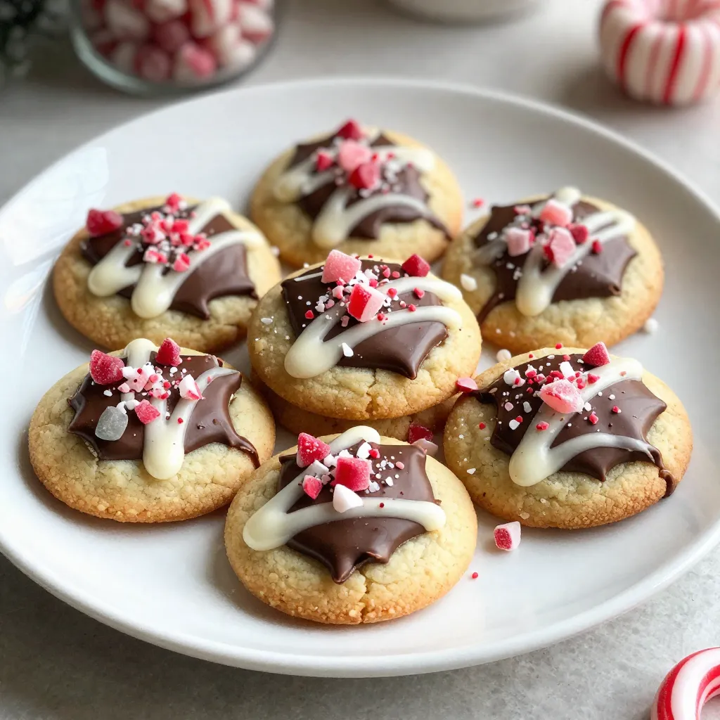 - 1 cup unsalted butter, softened - 1 cup granulated sugar - 1 cup brown sugar, packed - 2 large eggs - 1 teaspoon vanilla extract - 3 cups all-purpose flour - 1 teaspoon baking powder - 1/2 teaspoon baking soda - 1/4 teaspoon salt - 1 cup white chocolate chips - 1 cup semi-sweet chocolate chips - 1/2 cup crushed peppermint candies These ingredients come together to create a cookie that sings of the holiday spirit. The butter gives rich flavor, while the sugars add sweetness. Eggs help bind the dough, making it soft and chewy. Vanilla extract brings warmth, and the flour provides structure. Baking powder and baking soda help the cookies rise. The chocolate chips and crushed peppermint create a festive touch. If you need to make swaps, here are some ideas: - Use coconut oil instead of butter for a dairy-free option. - Swap granulated sugar with coconut sugar for a lower glycemic index. - Replace eggs with flaxseed meal mixed with water for a vegan option. - Almond flour can work instead of all-purpose flour for gluten-free cookies. These substitutions keep the spirit of the recipe while meeting different dietary needs. For an extra festive flair, consider these toppings: - Drizzle melted chocolate on top. - Add more crushed peppermint for crunch. - Sprinkle sea salt to balance the sweetness. - Use colored sprinkles for a pop of color. These toppings make the cookies even more fun and appealing. You can mix and match to suit your taste! {{ingredient_image_1}} Start by setting your oven to 350°F (175°C). This temperature helps the cookies bake evenly. Next, get two baking sheets and line them with parchment paper. This step keeps cookies from sticking and makes cleanup easy. In a large bowl, add 1 cup of softened unsalted butter, 1 cup of granulated sugar, and 1 cup of brown sugar. Cream these together until the mix is light and fluffy. Then, add 2 large eggs one at a time. Don't forget to mix in 1 teaspoon of vanilla extract. Now, in a separate bowl, mix 3 cups of all-purpose flour, 1 teaspoon of baking powder, 1/2 teaspoon of baking soda, and 1/4 teaspoon of salt. Gradually add this dry mix to the wet ingredients. Stir until just combined. Finally, fold in 1 cup of white chocolate chips, 1 cup of semi-sweet chocolate chips, and 1/2 cup of crushed peppermint candies. This blend gives the cookies a festive crunch. Scoop tablespoon-sized portions of the dough and drop them onto the prepared baking sheets. Make sure to space them about 2 inches apart. Bake in your preheated oven for 10-12 minutes. You want the edges to be lightly golden. Once baked, let the cookies sit on the sheets for 5 minutes. After that, transfer them to a wire rack to cool completely. Once cool, melt some extra white and semi-sweet chocolate in separate bowls. Drizzle the melted chocolate over the cookies and sprinkle extra crushed peppermint on top. This adds a beautiful touch and extra flavor. When baking peppermint bark cookies, avoid overmixing the dough. This can make cookies tough. Also, do not skip chilling the dough if it feels too soft. Chilling helps shape the cookies better. Another mistake is not spacing the cookies enough on the baking sheet. If too close, they can merge while baking. To get soft and chewy cookies, watch the baking time closely. Remove them when the edges are golden but the centers seem soft. This gives you a nice texture. Make sure the butter is softened but not melted. This helps the cookies rise well. Adding the right amount of white and semi-sweet chocolate chips also brings great flavor and texture. These festive cookies shine on a holiday platter. Pair them with hot cocoa or coffee for a lovely treat. You can also pack them in a jar for a sweet gift. For a fun twist, serve them with a scoop of vanilla ice cream. The mix of warm and cold adds a delightful contrast. Pro Tips Chill the Dough: Refrigerate the cookie dough for at least 30 minutes before baking to enhance the flavor and prevent spreading. Quality Chocolate Matters: Use high-quality chocolate chips for a richer taste and better melting consistency. Crushed Peppermint: For a more intense peppermint flavor, use candy canes instead of store-bought crushed peppermint candies. Storing Cookies: Keep the cookies in an airtight container to maintain their freshness, and consider layering them with parchment paper to prevent sticking. {{image_2}} You can switch up the flavors in these cookies. Try adding orange zest for a bright touch. Almond extract works well, too. It gives a nice nutty flavor. You might even mix in some crushed gingerbread cookies for a holiday twist. Each flavor brings its own fun to this treat. If you love dark chocolate, use it instead of semi-sweet. Dark chocolate adds a richer taste that pairs well with peppermint. The balance of flavors shines through with each bite. Just keep the same amount as the semi-sweet chocolate chips. It’s an easy swap that makes a big difference. Get creative with mix-ins in your cookie dough. You can use chopped walnuts or pecans for a crunchy bite. Dried cranberries add a chewy texture and a pop of color. If you want more chocolate, try adding milk chocolate chips. The options are endless. Mix it up to find your favorite version! To keep your peppermint bark Christmas cookies fresh, store them in an airtight container. I recommend placing a layer of parchment paper between the cookies. This helps prevent them from sticking together. You can keep them at room temperature for about a week. If you want to keep them longer, the fridge can work too. Just make sure they stay in that airtight container. If you want to save some cookies for later, freezing is a great option. Allow the cookies to cool completely first. Then, place them in a single layer on a baking sheet. Freeze them for about two hours. After that, transfer them to a freezer-safe container. You can freeze them for up to three months. When you’re ready to enjoy, let them thaw at room temperature. For the best flavor and texture, serve your cookies within the first few days. This way, they stay soft and tasty. If you wait too long, they may become dry. If you freeze them, enjoy them within two weeks of thawing for optimal taste. Yes, you can make these cookies ahead of time. You can prepare the dough and chill it in the fridge for up to two days. This helps the flavors mix well. When you are ready to bake, just scoop the dough onto the baking sheets and bake as directed. You can also bake the cookies and store them in an airtight container. They stay fresh for about a week. You can tell the cookies are done when the edges turn a light golden color. They should still look soft in the center. Baking them for around 10-12 minutes usually works well. Remember, the cookies will continue to cook a bit after you take them out. This gives them a nice chewy texture. If you don’t have peppermint candies, you can use crushed candy canes. They give a similar taste and look. You could also try other flavors like toffee bits or nuts. Just remember, the cookies will not have that peppermint flavor, but they will still be tasty! We covered the key steps to make delicious cookies, from choosing your ingredients to baking. You learned about ingredient swaps and how to get the best texture. Remember to avoid common mistakes and follow storage tips for freshness. Experiment with flavors and mix-ins for fun twists. With these insights, you can bake cookies that impress. Enjoy your baking journey and the tasty rewards that come with it!