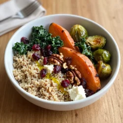 - 1 cup quinoa, rinsed - 2 cups vegetable broth or water - 1 medium sweet potato, peeled and cubed - 1 cup Brussels sprouts, halved - 1 cup kale, chopped - 1/2 cup dried cranberries - 1/4 cup pecans, roughly chopped Quinoa is the star here. It is full of protein and fiber. The sweet potato adds a touch of sweetness and color. Brussels sprouts give a nice crunch. Kale packs in nutrients and a vibrant green look. The dried cranberries provide a lovely tartness, while pecans add a rich, nutty flavor. - 1 tablespoon olive oil - 1 tablespoon maple syrup - 1 teaspoon cinnamon - Salt and pepper to taste Using olive oil helps the veggies roast perfectly. Maple syrup brings out the natural sweetness. Cinnamon adds warmth and depth. A little salt and pepper enhance all the flavors. - Feta cheese for topping Feta cheese is a great choice for topping. It adds creaminess and a salty bite. You can skip it for a dairy-free dish. {{ingredient_image_1}} First, measure 1 cup of quinoa and rinse it well under cold water. This step helps remove the bitter coating called saponin. In a medium saucepan, combine the rinsed quinoa with 2 cups of vegetable broth or water. Bring it to a boil over medium heat. Once boiling, reduce the heat to low. Cover the pot and let it simmer for about 15 minutes. You want the quinoa to absorb all the liquid and become fluffy. After 15 minutes, remove it from the heat and let it sit, covered, for 5 more minutes. Fluff the quinoa with a fork when you’re ready. While the quinoa cooks, turn your attention to the vegetables. Start by peeling the sweet potato and cutting it into cubes. Halve the Brussels sprouts. In a large bowl, toss the sweet potato and Brussels sprouts with 1 tablespoon of olive oil, 1 tablespoon of maple syrup, 1 teaspoon of cinnamon, salt, and pepper. Make sure each piece is well coated. Preheat your oven to 425°F (220°C). Spread the coated sweet potato and Brussels sprouts on a baking sheet lined with parchment paper. Roast them for 25-30 minutes. Stir the veggies halfway through to ensure even cooking. In the last 5 minutes, add 1 cup of chopped kale to the baking sheet. It will wilt nicely without losing its vibrant color. Once the quinoa and vegetables are ready, it’s time to assemble your bowls. Start by dividing the fluffy quinoa evenly into four deep bowls. Top each bowl with the roasted sweet potato, Brussels sprouts, and kale. For a sweet touch, sprinkle ½ cup of dried cranberries and ¼ cup of roughly chopped pecans on top. If you want to elevate the dish further, feel free to add crumbled feta cheese as a topping. This extra step adds a creamy texture and a tangy flavor that pairs well with the sweet veggies. Enjoy your colorful and nutritious Winter Harvest Bowl! To get sweet potatoes and Brussels sprouts just right, focus on caramelization. Roasting at high heat helps create that sweet, golden crust. Aim for 425°F (220°C). Spread the veggies evenly on the baking sheet. This ensures they roast, not steam. Stir halfway through to promote even cooking. You want to keep a nice texture in your veggies. Do not overcook them. Sweet potatoes should be tender but not mushy. Brussels sprouts should have a slight crunch. This contrast makes every bite exciting. Start by rinsing the quinoa. This removes the bitter coating called saponin. Use a fine mesh strainer to make this easy. Measure one cup of quinoa to two cups of broth or water. Cook on low heat after boiling. This keeps the quinoa fluffy. If you see water left, keep cooking until it’s absorbed. Fluff with a fork to separate the grains. This avoids mushy quinoa and enhances the final dish. Presentation matters! Serve the Winter Harvest Bowl in deep bowls. This helps show off the colorful layers. Drizzle with a little extra olive oil for shine. A balsamic reduction adds a nice touch, too. Don’t forget dressings or sauces. A simple lemon vinaigrette can brighten the flavors. It adds a fresh twist. You can even sprinkle feta cheese on top for a creamy finish. Pro Tips Perfect Quinoa: To achieve perfectly fluffy quinoa, rinse it thoroughly before cooking to remove the bitter saponins. Even Roasting: Ensure even cooking by cutting your sweet potatoes and Brussels sprouts into similar-sized pieces. Add Texture: For extra crunch, lightly toast the pecans in a dry skillet before adding them to your bowl. Season to Taste: Taste and adjust the seasoning of the vegetables before roasting for a more flavorful dish. {{image_2}} You can add different proteins to your Winter Harvest Bowl. If you like meat, try diced chicken or turkey. Cook them simply with salt and pepper. For a plant-based option, consider chickpeas or black beans. These add great flavor and protein. You can also use tofu. Just press it to remove water, then sauté it until golden. This way, you get a tasty, protein-packed meal. Quinoa is a fantastic base, but you have options. Farro offers a chewy texture and nutty taste. Barley is also a good choice, bringing a hearty feel to your bowl. Brown rice can work too, for a milder flavor. Each grain adds its own twist, so feel free to swap out quinoa for something new. While sweet potatoes and Brussels sprouts shine in winter, other veggies work well too. Carrots add sweetness and color. Butternut squash offers a creamy texture. You can also use parsnips for a slight peppery taste. Adding different veggies keeps the bowl exciting and full of nutrients. Choose what you enjoy most! To store leftovers, let the bowl cool down first. Place the cold bowl in an airtight container. You can keep it in the fridge for up to four days. This keeps the dish fresh and tasty. When it's time to eat again, you have a few options. The best way to reheat is in the oven. Preheat the oven to 350°F (175°C). Spread the bowl on a baking sheet and heat for about 15 minutes. You can also use the microwave. Just heat it in short bursts. Stir in between to keep it even. To prep for the week, cook a big batch. Make extra quinoa and roast more veggies. Divide them into containers for easy meals. You can mix and match toppings each day. This keeps your meals fun and fresh. To make this bowl vegan, swap out the feta cheese with a plant-based option. You can also use maple syrup for added sweetness. Ensure your vegetable broth is vegan too. This way, you keep all the flavors while making it plant-friendly. Yes, you can use frozen vegetables. They are quick and easy. Just note that they may cook faster than fresh ones. Adjust your roasting time to avoid mushy veggies. You can add roasted chickpeas for protein. Sliced avocado brings creaminess. A sprinkle of sunflower seeds adds crunch. Fresh herbs like parsley or cilantro can brighten the dish. Try different nuts too, like walnuts or almonds for variety. This recipe combines nutritious ingredients like quinoa, root veggies, and greens. It guides you through cooking quinoa, roasting vegetables, and blending all elements for a satisfying meal. Use tips to perfect flavors and textures. You can store leftovers and meal prep with ease. Explore variations for proteins and grains to suit your taste. Now, you can create delicious, healthy meals that fit your needs and make cooking easier. Enjoy your culinary journey!