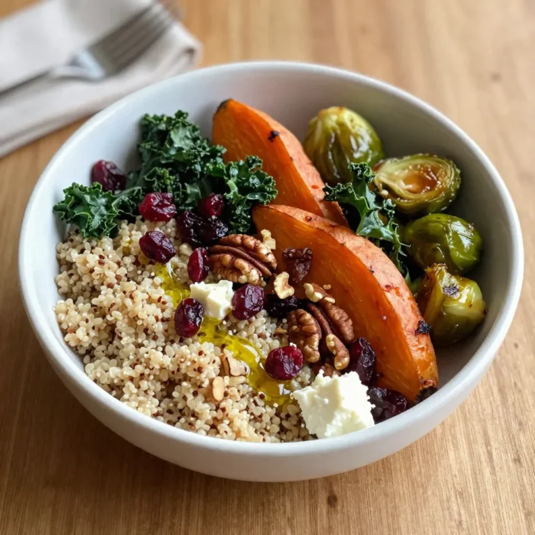 - 1 cup quinoa, rinsed - 2 cups vegetable broth or water - 1 medium sweet potato, peeled and cubed - 1 cup Brussels sprouts, halved - 1 cup kale, chopped - 1/2 cup dried cranberries - 1/4 cup pecans, roughly chopped Quinoa is the star here. It is full of protein and fiber. The sweet potato adds a touch of sweetness and color. Brussels sprouts give a nice crunch. Kale packs in nutrients and a vibrant green look. The dried cranberries provide a lovely tartness, while pecans add a rich, nutty flavor. - 1 tablespoon olive oil - 1 tablespoon maple syrup - 1 teaspoon cinnamon - Salt and pepper to taste Using olive oil helps the veggies roast perfectly. Maple syrup brings out the natural sweetness. Cinnamon adds warmth and depth. A little salt and pepper enhance all the flavors. - Feta cheese for topping Feta cheese is a great choice for topping. It adds creaminess and a salty bite. You can skip it for a dairy-free dish. {{ingredient_image_1}} First, measure 1 cup of quinoa and rinse it well under cold water. This step helps remove the bitter coating called saponin. In a medium saucepan, combine the rinsed quinoa with 2 cups of vegetable broth or water. Bring it to a boil over medium heat. Once boiling, reduce the heat to low. Cover the pot and let it simmer for about 15 minutes. You want the quinoa to absorb all the liquid and become fluffy. After 15 minutes, remove it from the heat and let it sit, covered, for 5 more minutes. Fluff the quinoa with a fork when you’re ready. While the quinoa cooks, turn your attention to the vegetables. Start by peeling the sweet potato and cutting it into cubes. Halve the Brussels sprouts. In a large bowl, toss the sweet potato and Brussels sprouts with 1 tablespoon of olive oil, 1 tablespoon of maple syrup, 1 teaspoon of cinnamon, salt, and pepper. Make sure each piece is well coated. Preheat your oven to 425°F (220°C). Spread the coated sweet potato and Brussels sprouts on a baking sheet lined with parchment paper. Roast them for 25-30 minutes. Stir the veggies halfway through to ensure even cooking. In the last 5 minutes, add 1 cup of chopped kale to the baking sheet. It will wilt nicely without losing its vibrant color. Once the quinoa and vegetables are ready, it’s time to assemble your bowls. Start by dividing the fluffy quinoa evenly into four deep bowls. Top each bowl with the roasted sweet potato, Brussels sprouts, and kale. For a sweet touch, sprinkle ½ cup of dried cranberries and ¼ cup of roughly chopped pecans on top. If you want to elevate the dish further, feel free to add crumbled feta cheese as a topping. This extra step adds a creamy texture and a tangy flavor that pairs well with the sweet veggies. Enjoy your colorful and nutritious Winter Harvest Bowl! To get sweet potatoes and Brussels sprouts just right, focus on caramelization. Roasting at high heat helps create that sweet, golden crust. Aim for 425°F (220°C). Spread the veggies evenly on the baking sheet. This ensures they roast, not steam. Stir halfway through to promote even cooking. You want to keep a nice texture in your veggies. Do not overcook them. Sweet potatoes should be tender but not mushy. Brussels sprouts should have a slight crunch. This contrast makes every bite exciting. Start by rinsing the quinoa. This removes the bitter coating called saponin. Use a fine mesh strainer to make this easy. Measure one cup of quinoa to two cups of broth or water. Cook on low heat after boiling. This keeps the quinoa fluffy. If you see water left, keep cooking until it’s absorbed. Fluff with a fork to separate the grains. This avoids mushy quinoa and enhances the final dish. Presentation matters! Serve the Winter Harvest Bowl in deep bowls. This helps show off the colorful layers. Drizzle with a little extra olive oil for shine. A balsamic reduction adds a nice touch, too. Don’t forget dressings or sauces. A simple lemon vinaigrette can brighten the flavors. It adds a fresh twist. You can even sprinkle feta cheese on top for a creamy finish. Pro Tips Perfect Quinoa: To achieve perfectly fluffy quinoa, rinse it thoroughly before cooking to remove the bitter saponins. Even Roasting: Ensure even cooking by cutting your sweet potatoes and Brussels sprouts into similar-sized pieces. Add Texture: For extra crunch, lightly toast the pecans in a dry skillet before adding them to your bowl. Season to Taste: Taste and adjust the seasoning of the vegetables before roasting for a more flavorful dish. {{image_2}} You can add different proteins to your Winter Harvest Bowl. If you like meat, try diced chicken or turkey. Cook them simply with salt and pepper. For a plant-based option, consider chickpeas or black beans. These add great flavor and protein. You can also use tofu. Just press it to remove water, then sauté it until golden. This way, you get a tasty, protein-packed meal. Quinoa is a fantastic base, but you have options. Farro offers a chewy texture and nutty taste. Barley is also a good choice, bringing a hearty feel to your bowl. Brown rice can work too, for a milder flavor. Each grain adds its own twist, so feel free to swap out quinoa for something new. While sweet potatoes and Brussels sprouts shine in winter, other veggies work well too. Carrots add sweetness and color. Butternut squash offers a creamy texture. You can also use parsnips for a slight peppery taste. Adding different veggies keeps the bowl exciting and full of nutrients. Choose what you enjoy most! To store leftovers, let the bowl cool down first. Place the cold bowl in an airtight container. You can keep it in the fridge for up to four days. This keeps the dish fresh and tasty. When it's time to eat again, you have a few options. The best way to reheat is in the oven. Preheat the oven to 350°F (175°C). Spread the bowl on a baking sheet and heat for about 15 minutes. You can also use the microwave. Just heat it in short bursts. Stir in between to keep it even. To prep for the week, cook a big batch. Make extra quinoa and roast more veggies. Divide them into containers for easy meals. You can mix and match toppings each day. This keeps your meals fun and fresh. To make this bowl vegan, swap out the feta cheese with a plant-based option. You can also use maple syrup for added sweetness. Ensure your vegetable broth is vegan too. This way, you keep all the flavors while making it plant-friendly. Yes, you can use frozen vegetables. They are quick and easy. Just note that they may cook faster than fresh ones. Adjust your roasting time to avoid mushy veggies. You can add roasted chickpeas for protein. Sliced avocado brings creaminess. A sprinkle of sunflower seeds adds crunch. Fresh herbs like parsley or cilantro can brighten the dish. Try different nuts too, like walnuts or almonds for variety. This recipe combines nutritious ingredients like quinoa, root veggies, and greens. It guides you through cooking quinoa, roasting vegetables, and blending all elements for a satisfying meal. Use tips to perfect flavors and textures. You can store leftovers and meal prep with ease. Explore variations for proteins and grains to suit your taste. Now, you can create delicious, healthy meals that fit your needs and make cooking easier. Enjoy your culinary journey!