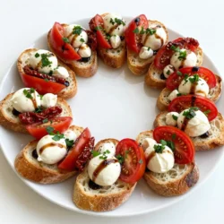 To make the Christmas Bruschetta Wreath, you'll need some fresh and tasty ingredients. Here’s what you need: - 1 French baguette, sliced into 1/2 inch rounds - 1 cup cherry tomatoes, halved - 1/2 cup fresh mozzarella balls, halved - 1/4 cup fresh basil leaves, chopped - 1/4 cup sun-dried tomatoes, chopped - 1 clove garlic, minced - 3 tablespoons olive oil - Salt and pepper to taste - 1/2 teaspoon balsamic glaze (for drizzling) - Fresh parsley for garnish (optional) Each ingredient plays a key role in building flavor. The French baguette gives a crisp base. Cherry tomatoes add sweetness, while mozzarella brings creaminess. Fresh basil gives a vibrant touch, and sun-dried tomatoes add depth. Garlic packs a punch, and olive oil ties it all together. Balsamic glaze on top adds a hint of tang. Finally, parsley adds a pop of color. Think about where you can find these ingredients. Local markets often have fresh produce. If you can, choose organic options for the best taste. Now, you're ready to create a festive and delicious appetizer! {{ingredient_image_1}} - Preheat your oven to 400°F (200°C). - Line a baking sheet with parchment paper to prevent sticking. - Arrange the sliced baguette on the baking sheet. - Brush one side of each slice with olive oil. - Bake them for 5-7 minutes until golden and crisp. Let them cool slightly after baking. - In a mixing bowl, combine halved cherry tomatoes, mozzarella balls, chopped basil, and sun-dried tomatoes. - Add minced garlic and 2 tablespoons of olive oil to the bowl. - Season with salt and pepper to taste, then mix well. - Spoon the tomato and mozzarella mixture onto the toasted side of each baguette slice. - Arrange the slices in a circular shape on a large serving platter. Overlap them slightly to form a wreath. - Drizzle balsamic glaze over the top of the wreath. - Add more olive oil if desired for extra flavor. - Garnish with fresh parsley around the edges for a festive look. Toasting the bread just right is key. Start by preheating your oven to 400°F (200°C). This high heat gives the bread a nice crunch. Brush one side of your baguette slices with olive oil. Place them on a baking sheet and toast for about 5-7 minutes. Keep an eye on them. You want golden, not burnt. If they get too dark, they will taste bitter. Let them cool a bit before adding the toppings. Want to make your bruschetta even better? You can add other ingredients! Try diced bell peppers or olives for extra taste. You can also switch up the cheese. Feta or goat cheese can bring a new flavor. Fresh herbs like thyme or oregano can uplift the dish too. Just sprinkle them in the mix. They’ll add freshness and depth. A beautiful wreath is all about how you arrange it. Start by placing the toasted baguette slices in a circle. Overlap them slightly to make it look festive. Use a large platter to give it space. For added flair, consider using a wooden board or a colorful plate. Don’t forget the finishing touch! Drizzle balsamic glaze on top and add fresh parsley around the edges. This gives it a pop of color and makes it very inviting. Pro Tips Use Day-Old Baguette: A slightly stale baguette will hold up better when toasted and topped, ensuring it remains crispy and doesn't become soggy. Mix and Match Toppings: Feel free to customize the toppings based on your preferences or seasonal ingredients. Add olives, roasted peppers, or even a sprinkle of feta for variety. Drizzle with Fresh Herbs: Enhance the flavor by drizzling extra virgin olive oil infused with fresh herbs like thyme or rosemary over the finished bruschetta. Serve Immediately: For the best experience, serve the bruschetta right after assembling to ensure the bread stays crunchy and the toppings fresh. {{image_2}} For a delightful vegetarian twist, you can add more veggie toppings. Consider using roasted red peppers, artichokes, or even fresh arugula. These ingredients bring more color and flavor to the dish. You can also swap out cheese types. Try goat cheese for a tangy bite or feta for a crumbly texture. Each cheese change will add a unique taste to your bruschetta wreath. If you want to add meat, prosciutto and salami are great options. They bring a savory and rich flavor to each bite. You can layer thin slices of these meats on top of the cheese and veggies. Pairing with other meats like turkey or chicken can also enhance the dish. Just cut the meat into small pieces so they mix well with the other toppings. Adjusting ingredients by season can keep your bruschetta fresh. In spring, add fresh peas or asparagus for a light touch. Summer invites ripe peaches or sweet corn. In fall, think about roasted butternut squash or cranberries. Adapting to holiday themes makes your wreath even more festive. Use red and green veggies for Christmas or orange and brown hues for Thanksgiving. Each season brings new flavors to explore! To keep your Christmas bruschetta fresh, store it in an airtight container. This helps prevent the bread from getting stale. You can also wrap it in plastic wrap. Keep the topping in a separate container. This way, the bread stays crisp longer. Use the bruschetta within two days for the best taste. To revive the toasted bread, preheat your oven to 350°F (175°C). Place the bruschetta on a baking sheet. Heat for about 5 minutes. This warms the bread without making it soggy. Avoid microwaving, as this can make the bread soft and chewy. It’s best to assemble the bruschetta wreath just before serving. This keeps the bread crispy and the toppings fresh. If you need to prepare it ahead of time, toast the bread first. Store it separately from the topping. You can add the topping right before your guests arrive. This way, you can enjoy the delicious flavors at their best! Yes, you can use other types of bread. Here are some good options: - Ciabatta - Sourdough - Pita Each type has its own texture and flavor. - Ciabatta gives a chewy bite. - Sourdough adds a tangy taste. - Pita is soft and fun to eat. The bruschetta lasts about 2 days in the fridge. Store it in an airtight container. - Look for signs of spoilage: - Mold or a strange smell - Soft and mushy bread You can prepare some parts ahead of time. Here are some tips: - Toast the bread on the day you serve it. - Make the topping mix a few hours early. Serve it the day you plan to eat. This keeps it fresh. Pair this bruschetta with fun drinks and sides. Here are some ideas: - Sparkling water or wine - Cheese platter for extra flavor - Fresh veggies for crunch These pairings make your gathering festive and fun! This article covered how to make a delightful bruschetta wreath. We discussed the key ingredients, such as fresh baguette, cherry tomatoes, and basil. Then, we looked at step-by-step instructions to prepare your appetizer perfectly. Finally, remember to store any leftovers properly and explore flavor variations. With these tips, you'll impress everyone at your next gathering. Enjoy your cooking and make this dish your own!