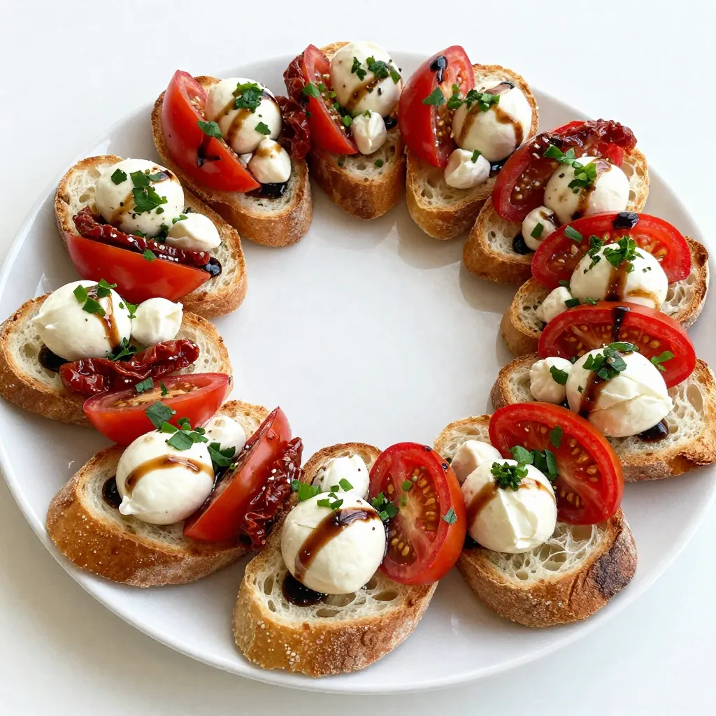 To make the Christmas Bruschetta Wreath, you'll need some fresh and tasty ingredients. Here’s what you need: - 1 French baguette, sliced into 1/2 inch rounds - 1 cup cherry tomatoes, halved - 1/2 cup fresh mozzarella balls, halved - 1/4 cup fresh basil leaves, chopped - 1/4 cup sun-dried tomatoes, chopped - 1 clove garlic, minced - 3 tablespoons olive oil - Salt and pepper to taste - 1/2 teaspoon balsamic glaze (for drizzling) - Fresh parsley for garnish (optional) Each ingredient plays a key role in building flavor. The French baguette gives a crisp base. Cherry tomatoes add sweetness, while mozzarella brings creaminess. Fresh basil gives a vibrant touch, and sun-dried tomatoes add depth. Garlic packs a punch, and olive oil ties it all together. Balsamic glaze on top adds a hint of tang. Finally, parsley adds a pop of color. Think about where you can find these ingredients. Local markets often have fresh produce. If you can, choose organic options for the best taste. Now, you're ready to create a festive and delicious appetizer! {{ingredient_image_1}} - Preheat your oven to 400°F (200°C). - Line a baking sheet with parchment paper to prevent sticking. - Arrange the sliced baguette on the baking sheet. - Brush one side of each slice with olive oil. - Bake them for 5-7 minutes until golden and crisp. Let them cool slightly after baking. - In a mixing bowl, combine halved cherry tomatoes, mozzarella balls, chopped basil, and sun-dried tomatoes. - Add minced garlic and 2 tablespoons of olive oil to the bowl. - Season with salt and pepper to taste, then mix well. - Spoon the tomato and mozzarella mixture onto the toasted side of each baguette slice. - Arrange the slices in a circular shape on a large serving platter. Overlap them slightly to form a wreath. - Drizzle balsamic glaze over the top of the wreath. - Add more olive oil if desired for extra flavor. - Garnish with fresh parsley around the edges for a festive look. Toasting the bread just right is key. Start by preheating your oven to 400°F (200°C). This high heat gives the bread a nice crunch. Brush one side of your baguette slices with olive oil. Place them on a baking sheet and toast for about 5-7 minutes. Keep an eye on them. You want golden, not burnt. If they get too dark, they will taste bitter. Let them cool a bit before adding the toppings. Want to make your bruschetta even better? You can add other ingredients! Try diced bell peppers or olives for extra taste. You can also switch up the cheese. Feta or goat cheese can bring a new flavor. Fresh herbs like thyme or oregano can uplift the dish too. Just sprinkle them in the mix. They’ll add freshness and depth. A beautiful wreath is all about how you arrange it. Start by placing the toasted baguette slices in a circle. Overlap them slightly to make it look festive. Use a large platter to give it space. For added flair, consider using a wooden board or a colorful plate. Don’t forget the finishing touch! Drizzle balsamic glaze on top and add fresh parsley around the edges. This gives it a pop of color and makes it very inviting. Pro Tips Use Day-Old Baguette: A slightly stale baguette will hold up better when toasted and topped, ensuring it remains crispy and doesn't become soggy. Mix and Match Toppings: Feel free to customize the toppings based on your preferences or seasonal ingredients. Add olives, roasted peppers, or even a sprinkle of feta for variety. Drizzle with Fresh Herbs: Enhance the flavor by drizzling extra virgin olive oil infused with fresh herbs like thyme or rosemary over the finished bruschetta. Serve Immediately: For the best experience, serve the bruschetta right after assembling to ensure the bread stays crunchy and the toppings fresh. {{image_2}} For a delightful vegetarian twist, you can add more veggie toppings. Consider using roasted red peppers, artichokes, or even fresh arugula. These ingredients bring more color and flavor to the dish. You can also swap out cheese types. Try goat cheese for a tangy bite or feta for a crumbly texture. Each cheese change will add a unique taste to your bruschetta wreath. If you want to add meat, prosciutto and salami are great options. They bring a savory and rich flavor to each bite. You can layer thin slices of these meats on top of the cheese and veggies. Pairing with other meats like turkey or chicken can also enhance the dish. Just cut the meat into small pieces so they mix well with the other toppings. Adjusting ingredients by season can keep your bruschetta fresh. In spring, add fresh peas or asparagus for a light touch. Summer invites ripe peaches or sweet corn. In fall, think about roasted butternut squash or cranberries. Adapting to holiday themes makes your wreath even more festive. Use red and green veggies for Christmas or orange and brown hues for Thanksgiving. Each season brings new flavors to explore! To keep your Christmas bruschetta fresh, store it in an airtight container. This helps prevent the bread from getting stale. You can also wrap it in plastic wrap. Keep the topping in a separate container. This way, the bread stays crisp longer. Use the bruschetta within two days for the best taste. To revive the toasted bread, preheat your oven to 350°F (175°C). Place the bruschetta on a baking sheet. Heat for about 5 minutes. This warms the bread without making it soggy. Avoid microwaving, as this can make the bread soft and chewy. It’s best to assemble the bruschetta wreath just before serving. This keeps the bread crispy and the toppings fresh. If you need to prepare it ahead of time, toast the bread first. Store it separately from the topping. You can add the topping right before your guests arrive. This way, you can enjoy the delicious flavors at their best! Yes, you can use other types of bread. Here are some good options: - Ciabatta - Sourdough - Pita Each type has its own texture and flavor. - Ciabatta gives a chewy bite. - Sourdough adds a tangy taste. - Pita is soft and fun to eat. The bruschetta lasts about 2 days in the fridge. Store it in an airtight container. - Look for signs of spoilage: - Mold or a strange smell - Soft and mushy bread You can prepare some parts ahead of time. Here are some tips: - Toast the bread on the day you serve it. - Make the topping mix a few hours early. Serve it the day you plan to eat. This keeps it fresh. Pair this bruschetta with fun drinks and sides. Here are some ideas: - Sparkling water or wine - Cheese platter for extra flavor - Fresh veggies for crunch These pairings make your gathering festive and fun! This article covered how to make a delightful bruschetta wreath. We discussed the key ingredients, such as fresh baguette, cherry tomatoes, and basil. Then, we looked at step-by-step instructions to prepare your appetizer perfectly. Finally, remember to store any leftovers properly and explore flavor variations. With these tips, you'll impress everyone at your next gathering. Enjoy your cooking and make this dish your own!
