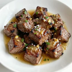 - Beef sirloin: I use one pound of beef sirloin for this recipe. Sirloin is great because it is tender and flavorful. It cooks well and gives you that nice bite. Cutting it into cubes makes it easy to sear and enjoy. - Unsalted butter: I prefer four tablespoons of unsalted butter. Unsalted butter allows me to control the salt level in the dish. It adds a rich, creamy taste without overpowering the beef or other flavors. - Fresh garlic and parsley: I use four cloves of fresh garlic, minced, for a punch of flavor. Fresh garlic gives a bright taste. I also add one tablespoon of chopped parsley. It adds freshness and a pop of color to the dish. - Smoked paprika: I add one teaspoon of smoked paprika. This spice gives a warm, smoky flavor that enhances the beef. It pairs well with garlic and butter. - Red pepper flakes: I include half a teaspoon of red pepper flakes for some heat. You can adjust this based on your spice preference. If you like it hotter, add more! - Soy sauce: I use one teaspoon of soy sauce to boost umami flavor. It gives a nice depth to the garlic butter sauce, making every bite more delicious. {{ingredient_image_1}} To start, cut your beef sirloin into bite-sized cubes. Aim for pieces about one inch thick. This size helps them cook evenly. Use a sharp knife for clean cuts. First, trim off any extra fat. Then, slice the beef across the grain. This step makes the beef tender. Next, season the beef cubes. I like to sprinkle smoked paprika, salt, and pepper all over. Mix them well to coat each piece. This seasoning gives the beef a rich, smoky flavor. You want even flavor, so make sure every cube is covered. Now, let’s cook the beef bites. Heat a large skillet over medium-high heat. Add two tablespoons of butter and let it melt. When the butter is hot, add the seasoned beef in a single layer. Do not overcrowd the skillet. If you add too many pieces, they’ll steam instead of sear. Cook the beef for 3-4 minutes on each side. You want a nice brown crust. Check the doneness by cutting one piece. When they are done, remove them from the skillet and set aside. In the same skillet, lower the heat to medium. Add the remaining two tablespoons of butter. Let it melt, then stir in the minced garlic and red pepper flakes. Cook this for about one minute. You want the garlic to smell amazing, not burn. Next, add the beef bites back into the skillet. Drizzle soy sauce over them. Toss the beef in the garlic butter sauce, ensuring each piece is covered. Cook for another one to two minutes. This warms the beef and mixes the flavors nicely. Finally, remove the skillet from the heat. Sprinkle chopped parsley on top before serving. Enjoy your delicious garlic butter beef bites! To know when the beef is cooked just right, look for a nice brown color. A meat thermometer can help too. Aim for about 130°F for medium-rare. For a good sear, heat your skillet well before adding the beef. Avoid crowding the pan; it can steam the meat instead of searing it. For plating, use a rustic wooden board or a cast-iron skillet. This adds charm and warmth. Garnish with chopped parsley and a sprinkle of sea salt for color. You can serve these beef bites with crusty bread, or a fresh salad for balance. They also pair well with rice or mashed potatoes. One big mistake is overcooking the beef. It can become tough and dry, which we want to avoid. Another mistake is not letting the butter melt fully before adding garlic. If the butter isn't hot enough, the garlic won't release its full flavor. Pay attention to these details for the best results! Pro Tips Resting the Meat: Allow the beef bites to rest for a few minutes after cooking. This helps retain their juices and enhances flavor. High Heat for Searing: Ensure your skillet is hot enough before adding the beef. High heat creates a nice crust while keeping the inside tender. Customize the Spice Level: Adjust the amount of red pepper flakes to suit your taste. Omit them for a milder flavor or add more for extra heat. Use Fresh Ingredients: Fresh garlic and parsley make a significant difference in flavor. Always opt for fresh over dried when possible. {{image_2}} You can swap beef sirloin for other cuts. Flank steak or tenderloin also works well. Each cut brings a different flavor and texture. For a fun twist, try chicken or pork. Chicken thighs add juiciness while pork tenderloin offers a mild taste. You can even use tofu or tempeh for a plant-based option. These alternatives are tasty and cater to many diets. Experimenting with herbs and spices makes this dish exciting. Try rosemary or thyme for a fresh twist. You can also add cumin or coriander for a warm flavor. If you love heat, increase the red pepper flakes or add jalapeños. For sauces, teriyaki or barbecue sauce can change the taste profile. They pair well with the garlic butter for a zesty kick. Making this dish gluten-free is easy. Just use gluten-free soy sauce or tamari. For a dairy-free option, swap butter for olive oil or vegan butter. This will still give a nice flavor. If you’re on a low-carb diet, skip the soy sauce. You can also reduce the butter for a lighter version. These changes keep the dish delicious while meeting dietary needs. After enjoying your delicious garlic butter beef bites, store any leftovers properly. First, let the beef bites cool to room temperature. Then, follow these best practices: - Refrigerating: Place the beef bites in an airtight container. This keeps them fresh and prevents odors. They will stay good for 3-4 days in the fridge. - Freezing: For longer storage, freeze the beef bites. Use a freezer-safe container or a heavy-duty freezer bag. Make sure to remove as much air as possible to avoid freezer burn. They will last for up to 3 months in the freezer. To enjoy your beef bites again, reheating them is key. You want them warm without drying out. Here’s how to do it: - On the Stove: Place the beef bites in a skillet over low heat. Add a splash of water or a bit of butter. Cover the skillet to trap steam. This keeps the beef moist. - In the Microwave: Use a microwave-safe plate. Cover the beef bites with a damp paper towel. Heat in short bursts of 30 seconds. Check often to avoid overheating. By following these steps, you can keep the flavor and tenderness intact. Enjoying leftovers is just as good as the first time! Garlic butter beef bites can last for about three to four days in the fridge. To keep them fresh, store them in an airtight container. Make sure the beef is cooled down before sealing. This way, you can enjoy them later without losing flavor or texture. Yes, you can use different cuts of beef. Cuts like ribeye or tenderloin work well. They cook quickly and stay tender. If you choose a tougher cut, like chuck, you may need to cook it longer. Always adjust the cooking time based on the cut you select. The goal is to achieve a nice sear while keeping the beef juicy. If you want a dairy-free option, try using olive oil or coconut oil. These oils will add different flavors. You can also use vegan butter, which mimics the taste of regular butter. Just remember, the richness may vary. Adjust the amount based on your taste preferences. This post covered how to make delicious garlic butter beef bites. We discussed key ingredients like beef sirloin, fresh garlic, and unsalted butter. I shared cooking tips for perfect beef bites and serving ideas. Remember to avoid common mistakes, like overcooking. You can also try different meats or herbs to mix flavors. Lastly, proper storage and reheating keep these bites tasty. With these insights, you're ready to impress. Enjoy making this dish a staple in your kitchen!