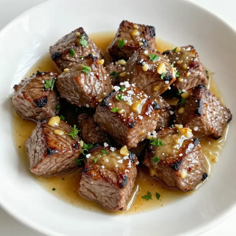 - Beef sirloin: I use one pound of beef sirloin for this recipe. Sirloin is great because it is tender and flavorful. It cooks well and gives you that nice bite. Cutting it into cubes makes it easy to sear and enjoy. - Unsalted butter: I prefer four tablespoons of unsalted butter. Unsalted butter allows me to control the salt level in the dish. It adds a rich, creamy taste without overpowering the beef or other flavors. - Fresh garlic and parsley: I use four cloves of fresh garlic, minced, for a punch of flavor. Fresh garlic gives a bright taste. I also add one tablespoon of chopped parsley. It adds freshness and a pop of color to the dish. - Smoked paprika: I add one teaspoon of smoked paprika. This spice gives a warm, smoky flavor that enhances the beef. It pairs well with garlic and butter. - Red pepper flakes: I include half a teaspoon of red pepper flakes for some heat. You can adjust this based on your spice preference. If you like it hotter, add more! - Soy sauce: I use one teaspoon of soy sauce to boost umami flavor. It gives a nice depth to the garlic butter sauce, making every bite more delicious. {{ingredient_image_1}} To start, cut your beef sirloin into bite-sized cubes. Aim for pieces about one inch thick. This size helps them cook evenly. Use a sharp knife for clean cuts. First, trim off any extra fat. Then, slice the beef across the grain. This step makes the beef tender. Next, season the beef cubes. I like to sprinkle smoked paprika, salt, and pepper all over. Mix them well to coat each piece. This seasoning gives the beef a rich, smoky flavor. You want even flavor, so make sure every cube is covered. Now, let’s cook the beef bites. Heat a large skillet over medium-high heat. Add two tablespoons of butter and let it melt. When the butter is hot, add the seasoned beef in a single layer. Do not overcrowd the skillet. If you add too many pieces, they’ll steam instead of sear. Cook the beef for 3-4 minutes on each side. You want a nice brown crust. Check the doneness by cutting one piece. When they are done, remove them from the skillet and set aside. In the same skillet, lower the heat to medium. Add the remaining two tablespoons of butter. Let it melt, then stir in the minced garlic and red pepper flakes. Cook this for about one minute. You want the garlic to smell amazing, not burn. Next, add the beef bites back into the skillet. Drizzle soy sauce over them. Toss the beef in the garlic butter sauce, ensuring each piece is covered. Cook for another one to two minutes. This warms the beef and mixes the flavors nicely. Finally, remove the skillet from the heat. Sprinkle chopped parsley on top before serving. Enjoy your delicious garlic butter beef bites! To know when the beef is cooked just right, look for a nice brown color. A meat thermometer can help too. Aim for about 130°F for medium-rare. For a good sear, heat your skillet well before adding the beef. Avoid crowding the pan; it can steam the meat instead of searing it. For plating, use a rustic wooden board or a cast-iron skillet. This adds charm and warmth. Garnish with chopped parsley and a sprinkle of sea salt for color. You can serve these beef bites with crusty bread, or a fresh salad for balance. They also pair well with rice or mashed potatoes. One big mistake is overcooking the beef. It can become tough and dry, which we want to avoid. Another mistake is not letting the butter melt fully before adding garlic. If the butter isn't hot enough, the garlic won't release its full flavor. Pay attention to these details for the best results! Pro Tips Resting the Meat: Allow the beef bites to rest for a few minutes after cooking. This helps retain their juices and enhances flavor. High Heat for Searing: Ensure your skillet is hot enough before adding the beef. High heat creates a nice crust while keeping the inside tender. Customize the Spice Level: Adjust the amount of red pepper flakes to suit your taste. Omit them for a milder flavor or add more for extra heat. Use Fresh Ingredients: Fresh garlic and parsley make a significant difference in flavor. Always opt for fresh over dried when possible. {{image_2}} You can swap beef sirloin for other cuts. Flank steak or tenderloin also works well. Each cut brings a different flavor and texture. For a fun twist, try chicken or pork. Chicken thighs add juiciness while pork tenderloin offers a mild taste. You can even use tofu or tempeh for a plant-based option. These alternatives are tasty and cater to many diets. Experimenting with herbs and spices makes this dish exciting. Try rosemary or thyme for a fresh twist. You can also add cumin or coriander for a warm flavor. If you love heat, increase the red pepper flakes or add jalapeños. For sauces, teriyaki or barbecue sauce can change the taste profile. They pair well with the garlic butter for a zesty kick. Making this dish gluten-free is easy. Just use gluten-free soy sauce or tamari. For a dairy-free option, swap butter for olive oil or vegan butter. This will still give a nice flavor. If you’re on a low-carb diet, skip the soy sauce. You can also reduce the butter for a lighter version. These changes keep the dish delicious while meeting dietary needs. After enjoying your delicious garlic butter beef bites, store any leftovers properly. First, let the beef bites cool to room temperature. Then, follow these best practices: - Refrigerating: Place the beef bites in an airtight container. This keeps them fresh and prevents odors. They will stay good for 3-4 days in the fridge. - Freezing: For longer storage, freeze the beef bites. Use a freezer-safe container or a heavy-duty freezer bag. Make sure to remove as much air as possible to avoid freezer burn. They will last for up to 3 months in the freezer. To enjoy your beef bites again, reheating them is key. You want them warm without drying out. Here’s how to do it: - On the Stove: Place the beef bites in a skillet over low heat. Add a splash of water or a bit of butter. Cover the skillet to trap steam. This keeps the beef moist. - In the Microwave: Use a microwave-safe plate. Cover the beef bites with a damp paper towel. Heat in short bursts of 30 seconds. Check often to avoid overheating. By following these steps, you can keep the flavor and tenderness intact. Enjoying leftovers is just as good as the first time! Garlic butter beef bites can last for about three to four days in the fridge. To keep them fresh, store them in an airtight container. Make sure the beef is cooled down before sealing. This way, you can enjoy them later without losing flavor or texture. Yes, you can use different cuts of beef. Cuts like ribeye or tenderloin work well. They cook quickly and stay tender. If you choose a tougher cut, like chuck, you may need to cook it longer. Always adjust the cooking time based on the cut you select. The goal is to achieve a nice sear while keeping the beef juicy. If you want a dairy-free option, try using olive oil or coconut oil. These oils will add different flavors. You can also use vegan butter, which mimics the taste of regular butter. Just remember, the richness may vary. Adjust the amount based on your taste preferences. This post covered how to make delicious garlic butter beef bites. We discussed key ingredients like beef sirloin, fresh garlic, and unsalted butter. I shared cooking tips for perfect beef bites and serving ideas. Remember to avoid common mistakes, like overcooking. You can also try different meats or herbs to mix flavors. Lastly, proper storage and reheating keep these bites tasty. With these insights, you're ready to impress. Enjoy making this dish a staple in your kitchen!