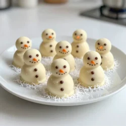 - 1 cup crushed graham crackers - 8 oz cream cheese, softened - 1 cup powdered sugar - 1 cup white chocolate chips - 1/2 teaspoon vanilla extract - 1/4 cup mini chocolate chips (for eyes and buttons) - 1/4 cup orange candy melts or orange sprinkles (for noses) - 1/4 cup shredded coconut (for snow effect) Gather these ingredients to create your Mini Snowman Truffles. Each item plays a key role in making these treats fun and festive. The crushed graham crackers give a nice crunch and texture. Cream cheese adds richness and creaminess to the mix. Powdered sugar sweetens the truffles and helps bind everything together. White chocolate chips are essential for the snowman’s coating. Vanilla extract enhances the flavors and makes everything taste better. Mini chocolate chips serve as the snowman’s eyes and buttons, adding charm. The orange candy melts or sprinkles create cute noses that bring your snowmen to life. Finally, shredded coconut gives a snowy finish that is perfect for the season. When you have all the ingredients ready, you can start making these delightful treats. Enjoy the process, and don’t forget to have fun decorating your mini snowmen! {{ingredient_image_1}} To start, grab a medium bowl. First, combine 1 cup crushed graham crackers and 8 oz softened cream cheese. Mix them well. You want a smooth texture. Next, add 1 cup powdered sugar and 1/2 teaspoon vanilla extract. Stir until everything blends together. You should have a thick, pliable mixture ready for rolling. Now it's time to shape the snowmen. Take about 1 tablespoon of your mixture. Roll it into a ball; this is the snowman’s body. For the head, take a smaller portion, about 1/2 tablespoon, and roll it into a ball as well. Place the head on top of the body. Repeat this until you have 12 mini snowmen all ready to go. Next, melt the 1 cup white chocolate chips. Use a microwave-safe bowl. Heat it in 30-second intervals, mixing in between until smooth. Now, dip each snowman into the melted chocolate. Make sure they get fully coated. Let any extra chocolate drip off before placing them on a parchment-lined baking sheet. While the chocolate is still wet, add mini chocolate chips for eyes and buttons. For the nose, use a small piece of orange candy melt or a sprinkle. Finally, sprinkle some shredded coconut around the truffles to create a snowy look. Refrigerate for at least 30 minutes so the chocolate sets. To make smooth truffle balls, keep your hands slightly damp. This helps prevent the mixture from sticking. Roll the mixture gently between your palms. Aim for a round shape. For balance, make the bottom ball larger and the top one smaller. This forms a stable snowman. For a smooth chocolate coat, melt the white chocolate slowly. Use short bursts in the microwave, stirring after each. This keeps the chocolate from burning. When dipping, let the excess chocolate drip off. This avoids clumps and makes for a nice finish. Arrange your truffles on a festive platter. This creates a cheerful display. Sprinkle extra shredded coconut around them to mimic snow. Place each snowman in a small cupcake liner for extra flair. This adds color and makes serving easy. Pro Tips Chill the Mixture: Refrigerate the graham cracker and cream cheese mixture for about 10-15 minutes before rolling. This will make it easier to handle and shape into snowmen. Use Quality Chocolate: For the best flavor and smooth coating, use high-quality white chocolate chips or melts. This will enhance the overall taste of your truffles. Customize Decorations: Feel free to get creative with the decorations! Use different colored sprinkles or edible glitter to give your snowmen unique personalities. Store Properly: Keep the mini snowman truffles in an airtight container in the refrigerator. They will stay fresh for up to a week, making them perfect for holiday gatherings. {{image_2}} You can switch up the cream cheese. Use a flavored cream cheese, like strawberry or chive. It adds a fun twist to your snowmen. If you want a richer taste, use dark or milk chocolate instead of white chocolate. This change gives your truffles a new flavor profile. Get creative with the eyes, buttons, and noses. Use mini M&Ms, raisins, or fondant for the eyes. You can swap the orange candy melts for jelly beans or pieces of dried apricot for the nose. Try adding edible glitter for sparkle! It makes your snowmen look magical and festive. You can easily modify these truffles for other holidays. For Easter, shape them into bunny truffles and use pastel colors. For Halloween, turn them into spooky ghost truffles with white chocolate and chocolate chip eyes. Just change the decorations to fit the holiday theme. To keep your Mini Snowman Truffles fresh, use an airtight container. These truffles do well in the fridge. You can line the container with parchment paper to prevent sticking. They will stay good for about a week in the fridge. Make sure to store them away from strong-smelling foods. This helps avoid any taste changes. Cover the truffles with plastic wrap if you do not have a container. This adds an extra layer of protection. If you want to save your truffles for later, you can freeze them. First, place the truffles on a baking sheet. Make sure they do not touch each other. Freeze them for about an hour or until they are firm. After that, transfer the truffles to a freezer-safe bag. Squeeze out any air before sealing. They can stay frozen for up to three months. When you want to eat them, take out the number of truffles you need. Let them thaw in the fridge overnight. This keeps them from getting too soft. Enjoy your Mini Snowman Truffles even after the holidays! Mini Snowman Truffles can last about one week in the fridge. Store them in an airtight container. This keeps them fresh and moist. After a week, they may lose their fun texture and flavor. Yes, you can use dark or milk chocolate instead of white chocolate. Each type adds a unique taste. Just remember to melt them carefully to keep the texture smooth. If you don’t have graham crackers, try vanilla wafers or digestive biscuits. Both options work well. They give a nice flavor and texture to your truffles. Absolutely! Mini Snowman Truffles are fun and safe for kids. They can help with rolling and decorating. Just keep an eye on them when using melted chocolate. You might find pre-made Mini Snowman Truffles at local bakeries or specialty stores. Check around the holidays. You can also order them online from some gourmet shops. Making Mini Snowman Truffles is fun and simple. You only need a few easy ingredients. From shaping to decorating, each step is enjoyable. Remember to keep your truffles balanced and your chocolate smooth. You can even switch up the design for any season! Store them well to maintain freshness. These treats are great for kids and festive occasions. Try them at your next gathering; you'll impress everyone. Enjoy creating these delightful treats!