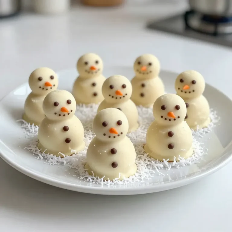 - 1 cup crushed graham crackers - 8 oz cream cheese, softened - 1 cup powdered sugar - 1 cup white chocolate chips - 1/2 teaspoon vanilla extract - 1/4 cup mini chocolate chips (for eyes and buttons) - 1/4 cup orange candy melts or orange sprinkles (for noses) - 1/4 cup shredded coconut (for snow effect) Gather these ingredients to create your Mini Snowman Truffles. Each item plays a key role in making these treats fun and festive. The crushed graham crackers give a nice crunch and texture. Cream cheese adds richness and creaminess to the mix. Powdered sugar sweetens the truffles and helps bind everything together. White chocolate chips are essential for the snowman’s coating. Vanilla extract enhances the flavors and makes everything taste better. Mini chocolate chips serve as the snowman’s eyes and buttons, adding charm. The orange candy melts or sprinkles create cute noses that bring your snowmen to life. Finally, shredded coconut gives a snowy finish that is perfect for the season. When you have all the ingredients ready, you can start making these delightful treats. Enjoy the process, and don’t forget to have fun decorating your mini snowmen! {{ingredient_image_1}} To start, grab a medium bowl. First, combine 1 cup crushed graham crackers and 8 oz softened cream cheese. Mix them well. You want a smooth texture. Next, add 1 cup powdered sugar and 1/2 teaspoon vanilla extract. Stir until everything blends together. You should have a thick, pliable mixture ready for rolling. Now it's time to shape the snowmen. Take about 1 tablespoon of your mixture. Roll it into a ball; this is the snowman’s body. For the head, take a smaller portion, about 1/2 tablespoon, and roll it into a ball as well. Place the head on top of the body. Repeat this until you have 12 mini snowmen all ready to go. Next, melt the 1 cup white chocolate chips. Use a microwave-safe bowl. Heat it in 30-second intervals, mixing in between until smooth. Now, dip each snowman into the melted chocolate. Make sure they get fully coated. Let any extra chocolate drip off before placing them on a parchment-lined baking sheet. While the chocolate is still wet, add mini chocolate chips for eyes and buttons. For the nose, use a small piece of orange candy melt or a sprinkle. Finally, sprinkle some shredded coconut around the truffles to create a snowy look. Refrigerate for at least 30 minutes so the chocolate sets. To make smooth truffle balls, keep your hands slightly damp. This helps prevent the mixture from sticking. Roll the mixture gently between your palms. Aim for a round shape. For balance, make the bottom ball larger and the top one smaller. This forms a stable snowman. For a smooth chocolate coat, melt the white chocolate slowly. Use short bursts in the microwave, stirring after each. This keeps the chocolate from burning. When dipping, let the excess chocolate drip off. This avoids clumps and makes for a nice finish. Arrange your truffles on a festive platter. This creates a cheerful display. Sprinkle extra shredded coconut around them to mimic snow. Place each snowman in a small cupcake liner for extra flair. This adds color and makes serving easy. Pro Tips Chill the Mixture: Refrigerate the graham cracker and cream cheese mixture for about 10-15 minutes before rolling. This will make it easier to handle and shape into snowmen. Use Quality Chocolate: For the best flavor and smooth coating, use high-quality white chocolate chips or melts. This will enhance the overall taste of your truffles. Customize Decorations: Feel free to get creative with the decorations! Use different colored sprinkles or edible glitter to give your snowmen unique personalities. Store Properly: Keep the mini snowman truffles in an airtight container in the refrigerator. They will stay fresh for up to a week, making them perfect for holiday gatherings. {{image_2}} You can switch up the cream cheese. Use a flavored cream cheese, like strawberry or chive. It adds a fun twist to your snowmen. If you want a richer taste, use dark or milk chocolate instead of white chocolate. This change gives your truffles a new flavor profile. Get creative with the eyes, buttons, and noses. Use mini M&Ms, raisins, or fondant for the eyes. You can swap the orange candy melts for jelly beans or pieces of dried apricot for the nose. Try adding edible glitter for sparkle! It makes your snowmen look magical and festive. You can easily modify these truffles for other holidays. For Easter, shape them into bunny truffles and use pastel colors. For Halloween, turn them into spooky ghost truffles with white chocolate and chocolate chip eyes. Just change the decorations to fit the holiday theme. To keep your Mini Snowman Truffles fresh, use an airtight container. These truffles do well in the fridge. You can line the container with parchment paper to prevent sticking. They will stay good for about a week in the fridge. Make sure to store them away from strong-smelling foods. This helps avoid any taste changes. Cover the truffles with plastic wrap if you do not have a container. This adds an extra layer of protection. If you want to save your truffles for later, you can freeze them. First, place the truffles on a baking sheet. Make sure they do not touch each other. Freeze them for about an hour or until they are firm. After that, transfer the truffles to a freezer-safe bag. Squeeze out any air before sealing. They can stay frozen for up to three months. When you want to eat them, take out the number of truffles you need. Let them thaw in the fridge overnight. This keeps them from getting too soft. Enjoy your Mini Snowman Truffles even after the holidays! Mini Snowman Truffles can last about one week in the fridge. Store them in an airtight container. This keeps them fresh and moist. After a week, they may lose their fun texture and flavor. Yes, you can use dark or milk chocolate instead of white chocolate. Each type adds a unique taste. Just remember to melt them carefully to keep the texture smooth. If you don’t have graham crackers, try vanilla wafers or digestive biscuits. Both options work well. They give a nice flavor and texture to your truffles. Absolutely! Mini Snowman Truffles are fun and safe for kids. They can help with rolling and decorating. Just keep an eye on them when using melted chocolate. You might find pre-made Mini Snowman Truffles at local bakeries or specialty stores. Check around the holidays. You can also order them online from some gourmet shops. Making Mini Snowman Truffles is fun and simple. You only need a few easy ingredients. From shaping to decorating, each step is enjoyable. Remember to keep your truffles balanced and your chocolate smooth. You can even switch up the design for any season! Store them well to maintain freshness. These treats are great for kids and festive occasions. Try them at your next gathering; you'll impress everyone. Enjoy creating these delightful treats!