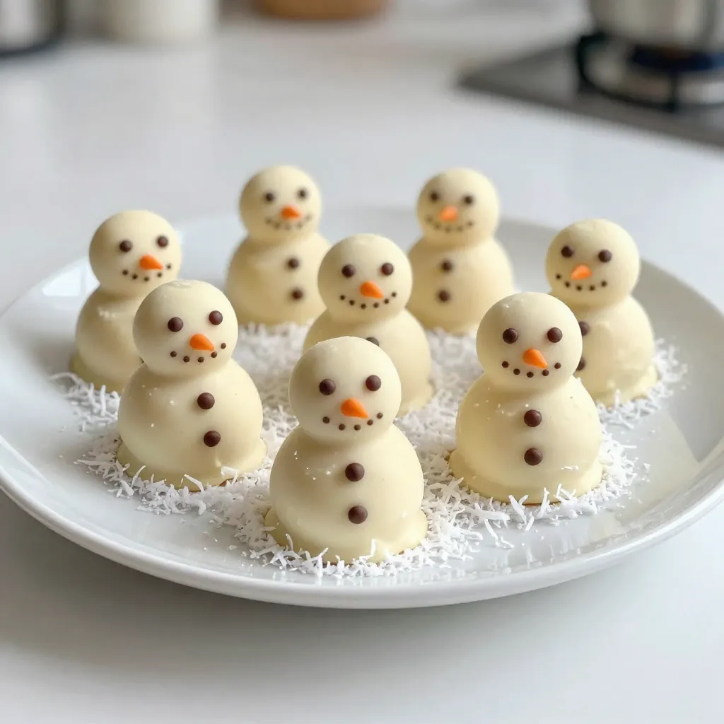 - 1 cup crushed graham crackers - 8 oz cream cheese, softened - 1 cup powdered sugar - 1 cup white chocolate chips - 1/2 teaspoon vanilla extract - 1/4 cup mini chocolate chips (for eyes and buttons) - 1/4 cup orange candy melts or orange sprinkles (for noses) - 1/4 cup shredded coconut (for snow effect) Gather these ingredients to create your Mini Snowman Truffles. Each item plays a key role in making these treats fun and festive. The crushed graham crackers give a nice crunch and texture. Cream cheese adds richness and creaminess to the mix. Powdered sugar sweetens the truffles and helps bind everything together. White chocolate chips are essential for the snowman’s coating. Vanilla extract enhances the flavors and makes everything taste better. Mini chocolate chips serve as the snowman’s eyes and buttons, adding charm. The orange candy melts or sprinkles create cute noses that bring your snowmen to life. Finally, shredded coconut gives a snowy finish that is perfect for the season. When you have all the ingredients ready, you can start making these delightful treats. Enjoy the process, and don’t forget to have fun decorating your mini snowmen! {{ingredient_image_1}} To start, grab a medium bowl. First, combine 1 cup crushed graham crackers and 8 oz softened cream cheese. Mix them well. You want a smooth texture. Next, add 1 cup powdered sugar and 1/2 teaspoon vanilla extract. Stir until everything blends together. You should have a thick, pliable mixture ready for rolling. Now it's time to shape the snowmen. Take about 1 tablespoon of your mixture. Roll it into a ball; this is the snowman’s body. For the head, take a smaller portion, about 1/2 tablespoon, and roll it into a ball as well. Place the head on top of the body. Repeat this until you have 12 mini snowmen all ready to go. Next, melt the 1 cup white chocolate chips. Use a microwave-safe bowl. Heat it in 30-second intervals, mixing in between until smooth. Now, dip each snowman into the melted chocolate. Make sure they get fully coated. Let any extra chocolate drip off before placing them on a parchment-lined baking sheet. While the chocolate is still wet, add mini chocolate chips for eyes and buttons. For the nose, use a small piece of orange candy melt or a sprinkle. Finally, sprinkle some shredded coconut around the truffles to create a snowy look. Refrigerate for at least 30 minutes so the chocolate sets. To make smooth truffle balls, keep your hands slightly damp. This helps prevent the mixture from sticking. Roll the mixture gently between your palms. Aim for a round shape. For balance, make the bottom ball larger and the top one smaller. This forms a stable snowman. For a smooth chocolate coat, melt the white chocolate slowly. Use short bursts in the microwave, stirring after each. This keeps the chocolate from burning. When dipping, let the excess chocolate drip off. This avoids clumps and makes for a nice finish. Arrange your truffles on a festive platter. This creates a cheerful display. Sprinkle extra shredded coconut around them to mimic snow. Place each snowman in a small cupcake liner for extra flair. This adds color and makes serving easy. Pro Tips Chill the Mixture: Refrigerate the graham cracker and cream cheese mixture for about 10-15 minutes before rolling. This will make it easier to handle and shape into snowmen. Use Quality Chocolate: For the best flavor and smooth coating, use high-quality white chocolate chips or melts. This will enhance the overall taste of your truffles. Customize Decorations: Feel free to get creative with the decorations! Use different colored sprinkles or edible glitter to give your snowmen unique personalities. Store Properly: Keep the mini snowman truffles in an airtight container in the refrigerator. They will stay fresh for up to a week, making them perfect for holiday gatherings. {{image_2}} You can switch up the cream cheese. Use a flavored cream cheese, like strawberry or chive. It adds a fun twist to your snowmen. If you want a richer taste, use dark or milk chocolate instead of white chocolate. This change gives your truffles a new flavor profile. Get creative with the eyes, buttons, and noses. Use mini M&Ms, raisins, or fondant for the eyes. You can swap the orange candy melts for jelly beans or pieces of dried apricot for the nose. Try adding edible glitter for sparkle! It makes your snowmen look magical and festive. You can easily modify these truffles for other holidays. For Easter, shape them into bunny truffles and use pastel colors. For Halloween, turn them into spooky ghost truffles with white chocolate and chocolate chip eyes. Just change the decorations to fit the holiday theme. To keep your Mini Snowman Truffles fresh, use an airtight container. These truffles do well in the fridge. You can line the container with parchment paper to prevent sticking. They will stay good for about a week in the fridge. Make sure to store them away from strong-smelling foods. This helps avoid any taste changes. Cover the truffles with plastic wrap if you do not have a container. This adds an extra layer of protection. If you want to save your truffles for later, you can freeze them. First, place the truffles on a baking sheet. Make sure they do not touch each other. Freeze them for about an hour or until they are firm. After that, transfer the truffles to a freezer-safe bag. Squeeze out any air before sealing. They can stay frozen for up to three months. When you want to eat them, take out the number of truffles you need. Let them thaw in the fridge overnight. This keeps them from getting too soft. Enjoy your Mini Snowman Truffles even after the holidays! Mini Snowman Truffles can last about one week in the fridge. Store them in an airtight container. This keeps them fresh and moist. After a week, they may lose their fun texture and flavor. Yes, you can use dark or milk chocolate instead of white chocolate. Each type adds a unique taste. Just remember to melt them carefully to keep the texture smooth. If you don’t have graham crackers, try vanilla wafers or digestive biscuits. Both options work well. They give a nice flavor and texture to your truffles. Absolutely! Mini Snowman Truffles are fun and safe for kids. They can help with rolling and decorating. Just keep an eye on them when using melted chocolate. You might find pre-made Mini Snowman Truffles at local bakeries or specialty stores. Check around the holidays. You can also order them online from some gourmet shops. Making Mini Snowman Truffles is fun and simple. You only need a few easy ingredients. From shaping to decorating, each step is enjoyable. Remember to keep your truffles balanced and your chocolate smooth. You can even switch up the design for any season! Store them well to maintain freshness. These treats are great for kids and festive occasions. Try them at your next gathering; you'll impress everyone. Enjoy creating these delightful treats!