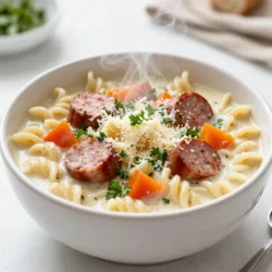 To make this tasty Parmesan sausage ditalini soup, gather these items: - 1 tablespoon olive oil - 1 pound Italian sausage (mild or spicy, casings removed) - 1 medium onion, diced - 2 cloves garlic, minced - 2 carrots, diced - 2 celery stalks, diced - 1 can (14 ounces) diced tomatoes, undrained - 4 cups chicken broth - 1 cup water - 1 cup ditalini pasta - 1 teaspoon dried oregano - 1 teaspoon dried basil - Salt and pepper to taste - 1 cup kale, chopped (or spinach) - 1 cup grated Parmesan cheese (plus more for serving) - Fresh parsley, chopped (for garnish) You can swap some ingredients for different flavors: - Use turkey or chicken sausage instead of Italian sausage. - For a vegetarian option, try canned beans in place of sausage. - If you have no ditalini pasta, any small pasta works well. - Feel free to change kale with spinach or Swiss chard. Garnishes can add extra flavor and fun: - Top each bowl with more grated Parmesan cheese. - Add a sprinkle of fresh parsley for color. - A dash of red pepper flakes can add heat. - Crusty bread makes a great side for dipping. {{ingredient_image_1}} First, gather all your ingredients. You need olive oil, Italian sausage, onion, garlic, carrots, celery, diced tomatoes, chicken broth, water, ditalini pasta, oregano, basil, salt, pepper, kale, Parmesan cheese, and parsley. Having everything ready makes cooking smooth and easy. 1. Heat olive oil in a large pot over medium heat. 2. Add the Italian sausage. Cook it for 5-7 minutes, breaking it apart as it cooks. You want it browned and tasty. 3. Next, toss in the diced onion, garlic, carrots, and celery. Sauté them for about 5 minutes. This makes the veggies soft and sweet. 4. Stir in the diced tomatoes, chicken broth, and water. Bring the mix to a boil. 5. Once boiling, add the ditalini pasta, oregano, and basil. Lower the heat and let it simmer. Cook the pasta for about 8-10 minutes, following the package instructions. 6. After the pasta is done, add the chopped kale. Let it wilt for 2-3 minutes. This adds color and nutrients. 7. Take the pot off the heat. Mix in the Parmesan cheese. Stir until it melts and makes the soup creamy. 8. Finally, season with salt and pepper to taste. - Use good quality sausage for better flavor. - Adjust the spices to fit your taste. - For a thicker soup, add more pasta or reduce the liquid. - Serve hot and garnish with extra Parmesan and parsley. This makes the dish look great! - Enjoy with crusty bread for a filling meal. When making Parmesan sausage ditalini soup, some common mistakes can affect the taste. One big mistake is not browning the sausage well. This step adds flavor, so take your time. Another mistake is overcooking the pasta. Follow the package instructions for perfect ditalini. If you add it too early, it may get mushy. Lastly, don't skip seasoning. Salt and pepper enhance all the flavors in your soup. To boost the flavor, use fresh herbs like basil and oregano. Fresh herbs bring a bright taste that dried ones can't match. You can also add a splash of lemon juice. This small touch brightens the soup and balances the richness of the cheese. Lastly, let the soup simmer for a bit before serving. This time allows the flavors to blend beautifully. For serving, bowl the soup and sprinkle extra Parmesan on top. This adds a nice touch and a cheesy kick. A sprinkle of fresh parsley not only looks great but adds fresh flavor too. Pair your soup with crusty bread for dipping. A side salad can also complement this dish well, adding freshness to your meal. Pro Tips Use Fresh Herbs: Fresh herbs like basil and oregano will enhance the flavor of the soup. Add them towards the end of cooking for the best aroma and taste. Optimize Sausage Flavor: For extra flavor, consider browning the sausage in the pot before adding the vegetables. This helps to build a deeper flavor base for the soup. Texture Variation: To add more texture, consider including a variety of vegetables such as zucchini or bell peppers. These can complement the existing ingredients well. Cheese Substitutions: If you’re out of Parmesan, try Pecorino Romano or Grana Padano for a similar salty and nutty flavor that will work well in the soup. {{image_2}} You can switch up the meat in this soup. Use ground turkey or chicken instead of Italian sausage. Both options give a lighter taste. If you like it spicy, use hot sausage. You may also mix meats for a unique flavor blend. Want a meat-free version? Use plant-based sausage. These products give a similar taste and texture. You can also skip the sausage and add more veggies. Consider mushrooms, zucchini, or bell peppers for depth. Use vegetable broth instead of chicken broth for a vegan option. Add-ins make this soup even better. Try adding beans like cannellini or chickpeas for extra protein. You can toss in corn for a sweet touch. Adding fresh herbs, like basil or thyme, brightens the flavor. Enjoy experimenting with these options to find your perfect mix! To keep your Parmesan Sausage Ditalini Soup fresh, store it in an airtight container. Let the soup cool to room temperature before sealing. This helps prevent steam from building up and keeps the soup tasty. You can store it in the fridge for up to three days. If you plan to keep it longer, freezing is the way to go. When you're ready to enjoy the soup again, reheat it on the stove. Pour the soup into a pot and heat over medium-low. Stir often to ensure even heating. You might need to add a splash of water or broth to loosen it up. Heat until it’s hot but not boiling. You can also use a microwave. Place the soup in a microwave-safe bowl. Cover it and heat in short bursts, stirring in between. If you want to freeze the soup, do so without the pasta. The ditalini can become mushy when thawed. Instead, freeze the soup base in a container. You can freeze it for up to three months. When you’re ready to eat, thaw the soup overnight in the fridge. Reheat it on the stove and cook the pasta fresh. This way, you will get a perfect texture every time. Yes, you can! While ditalini works great, feel free to swap in small pasta shapes like elbow macaroni or shells. Just adjust the cooking time based on the pasta type. For a fun twist, you might try orzo or even broken spaghetti. Each option brings a different texture and taste to the soup. Making this soup ahead is simple. Just follow all the steps, but stop before adding the cheese. Let it cool, then store it in the fridge for up to three days. When you're ready, heat it on the stove and mix in the Parmesan cheese before serving. This way, the soup stays fresh and tasty. This soup pairs well with crusty bread or a side salad. You can also serve it with garlic bread for a nice crunch. A sprinkle of fresh parsley on top adds color and flavor. For a complete meal, consider a light dessert, like fruit or sorbet, to finish. This blog post covered the essential ingredients, steps, tips, variations, and storage for making a delicious Parmesan Sausage Ditalini Soup. I shared common mistakes to avoid and helpful cooking techniques to enhance flavor. Remember, you can customize the soup with different meats or even make it vegan. Proper storage ensures your soup stays fresh and tasty. Using these guidelines will help you create a comforting meal every time. Enjoy experimenting and making this soup your own!