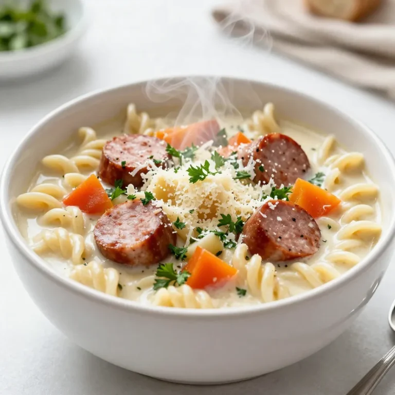 To make this tasty Parmesan sausage ditalini soup, gather these items: - 1 tablespoon olive oil - 1 pound Italian sausage (mild or spicy, casings removed) - 1 medium onion, diced - 2 cloves garlic, minced - 2 carrots, diced - 2 celery stalks, diced - 1 can (14 ounces) diced tomatoes, undrained - 4 cups chicken broth - 1 cup water - 1 cup ditalini pasta - 1 teaspoon dried oregano - 1 teaspoon dried basil - Salt and pepper to taste - 1 cup kale, chopped (or spinach) - 1 cup grated Parmesan cheese (plus more for serving) - Fresh parsley, chopped (for garnish) You can swap some ingredients for different flavors: - Use turkey or chicken sausage instead of Italian sausage. - For a vegetarian option, try canned beans in place of sausage. - If you have no ditalini pasta, any small pasta works well. - Feel free to change kale with spinach or Swiss chard. Garnishes can add extra flavor and fun: - Top each bowl with more grated Parmesan cheese. - Add a sprinkle of fresh parsley for color. - A dash of red pepper flakes can add heat. - Crusty bread makes a great side for dipping. {{ingredient_image_1}} First, gather all your ingredients. You need olive oil, Italian sausage, onion, garlic, carrots, celery, diced tomatoes, chicken broth, water, ditalini pasta, oregano, basil, salt, pepper, kale, Parmesan cheese, and parsley. Having everything ready makes cooking smooth and easy. 1. Heat olive oil in a large pot over medium heat. 2. Add the Italian sausage. Cook it for 5-7 minutes, breaking it apart as it cooks. You want it browned and tasty. 3. Next, toss in the diced onion, garlic, carrots, and celery. Sauté them for about 5 minutes. This makes the veggies soft and sweet. 4. Stir in the diced tomatoes, chicken broth, and water. Bring the mix to a boil. 5. Once boiling, add the ditalini pasta, oregano, and basil. Lower the heat and let it simmer. Cook the pasta for about 8-10 minutes, following the package instructions. 6. After the pasta is done, add the chopped kale. Let it wilt for 2-3 minutes. This adds color and nutrients. 7. Take the pot off the heat. Mix in the Parmesan cheese. Stir until it melts and makes the soup creamy. 8. Finally, season with salt and pepper to taste. - Use good quality sausage for better flavor. - Adjust the spices to fit your taste. - For a thicker soup, add more pasta or reduce the liquid. - Serve hot and garnish with extra Parmesan and parsley. This makes the dish look great! - Enjoy with crusty bread for a filling meal. When making Parmesan sausage ditalini soup, some common mistakes can affect the taste. One big mistake is not browning the sausage well. This step adds flavor, so take your time. Another mistake is overcooking the pasta. Follow the package instructions for perfect ditalini. If you add it too early, it may get mushy. Lastly, don't skip seasoning. Salt and pepper enhance all the flavors in your soup. To boost the flavor, use fresh herbs like basil and oregano. Fresh herbs bring a bright taste that dried ones can't match. You can also add a splash of lemon juice. This small touch brightens the soup and balances the richness of the cheese. Lastly, let the soup simmer for a bit before serving. This time allows the flavors to blend beautifully. For serving, bowl the soup and sprinkle extra Parmesan on top. This adds a nice touch and a cheesy kick. A sprinkle of fresh parsley not only looks great but adds fresh flavor too. Pair your soup with crusty bread for dipping. A side salad can also complement this dish well, adding freshness to your meal. Pro Tips Use Fresh Herbs: Fresh herbs like basil and oregano will enhance the flavor of the soup. Add them towards the end of cooking for the best aroma and taste. Optimize Sausage Flavor: For extra flavor, consider browning the sausage in the pot before adding the vegetables. This helps to build a deeper flavor base for the soup. Texture Variation: To add more texture, consider including a variety of vegetables such as zucchini or bell peppers. These can complement the existing ingredients well. Cheese Substitutions: If you’re out of Parmesan, try Pecorino Romano or Grana Padano for a similar salty and nutty flavor that will work well in the soup. {{image_2}} You can switch up the meat in this soup. Use ground turkey or chicken instead of Italian sausage. Both options give a lighter taste. If you like it spicy, use hot sausage. You may also mix meats for a unique flavor blend. Want a meat-free version? Use plant-based sausage. These products give a similar taste and texture. You can also skip the sausage and add more veggies. Consider mushrooms, zucchini, or bell peppers for depth. Use vegetable broth instead of chicken broth for a vegan option. Add-ins make this soup even better. Try adding beans like cannellini or chickpeas for extra protein. You can toss in corn for a sweet touch. Adding fresh herbs, like basil or thyme, brightens the flavor. Enjoy experimenting with these options to find your perfect mix! To keep your Parmesan Sausage Ditalini Soup fresh, store it in an airtight container. Let the soup cool to room temperature before sealing. This helps prevent steam from building up and keeps the soup tasty. You can store it in the fridge for up to three days. If you plan to keep it longer, freezing is the way to go. When you're ready to enjoy the soup again, reheat it on the stove. Pour the soup into a pot and heat over medium-low. Stir often to ensure even heating. You might need to add a splash of water or broth to loosen it up. Heat until it’s hot but not boiling. You can also use a microwave. Place the soup in a microwave-safe bowl. Cover it and heat in short bursts, stirring in between. If you want to freeze the soup, do so without the pasta. The ditalini can become mushy when thawed. Instead, freeze the soup base in a container. You can freeze it for up to three months. When you’re ready to eat, thaw the soup overnight in the fridge. Reheat it on the stove and cook the pasta fresh. This way, you will get a perfect texture every time. Yes, you can! While ditalini works great, feel free to swap in small pasta shapes like elbow macaroni or shells. Just adjust the cooking time based on the pasta type. For a fun twist, you might try orzo or even broken spaghetti. Each option brings a different texture and taste to the soup. Making this soup ahead is simple. Just follow all the steps, but stop before adding the cheese. Let it cool, then store it in the fridge for up to three days. When you're ready, heat it on the stove and mix in the Parmesan cheese before serving. This way, the soup stays fresh and tasty. This soup pairs well with crusty bread or a side salad. You can also serve it with garlic bread for a nice crunch. A sprinkle of fresh parsley on top adds color and flavor. For a complete meal, consider a light dessert, like fruit or sorbet, to finish. This blog post covered the essential ingredients, steps, tips, variations, and storage for making a delicious Parmesan Sausage Ditalini Soup. I shared common mistakes to avoid and helpful cooking techniques to enhance flavor. Remember, you can customize the soup with different meats or even make it vegan. Proper storage ensures your soup stays fresh and tasty. Using these guidelines will help you create a comforting meal every time. Enjoy experimenting and making this soup your own!