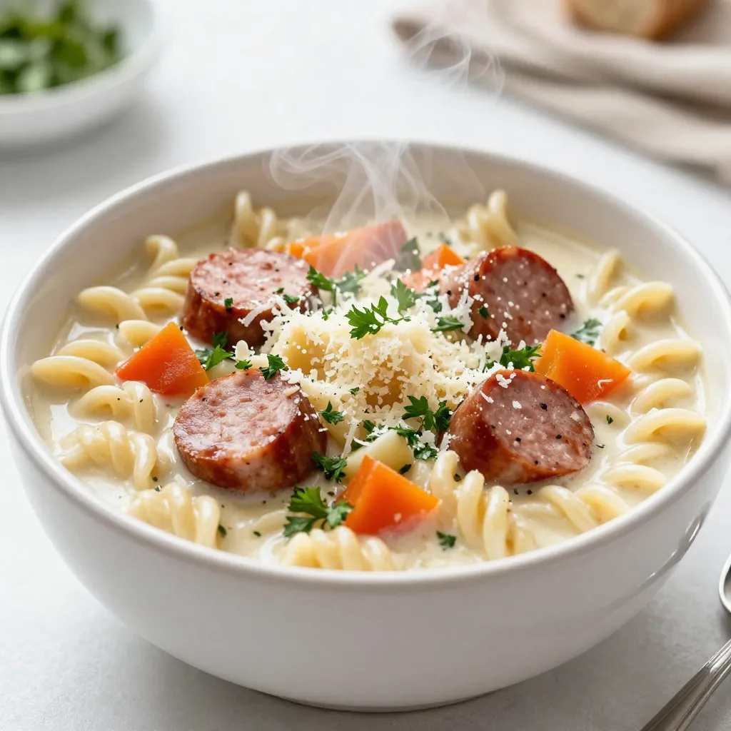 To make this tasty Parmesan sausage ditalini soup, gather these items: - 1 tablespoon olive oil - 1 pound Italian sausage (mild or spicy, casings removed) - 1 medium onion, diced - 2 cloves garlic, minced - 2 carrots, diced - 2 celery stalks, diced - 1 can (14 ounces) diced tomatoes, undrained - 4 cups chicken broth - 1 cup water - 1 cup ditalini pasta - 1 teaspoon dried oregano - 1 teaspoon dried basil - Salt and pepper to taste - 1 cup kale, chopped (or spinach) - 1 cup grated Parmesan cheese (plus more for serving) - Fresh parsley, chopped (for garnish) You can swap some ingredients for different flavors: - Use turkey or chicken sausage instead of Italian sausage. - For a vegetarian option, try canned beans in place of sausage. - If you have no ditalini pasta, any small pasta works well. - Feel free to change kale with spinach or Swiss chard. Garnishes can add extra flavor and fun: - Top each bowl with more grated Parmesan cheese. - Add a sprinkle of fresh parsley for color. - A dash of red pepper flakes can add heat. - Crusty bread makes a great side for dipping. {{ingredient_image_1}} First, gather all your ingredients. You need olive oil, Italian sausage, onion, garlic, carrots, celery, diced tomatoes, chicken broth, water, ditalini pasta, oregano, basil, salt, pepper, kale, Parmesan cheese, and parsley. Having everything ready makes cooking smooth and easy. 1. Heat olive oil in a large pot over medium heat. 2. Add the Italian sausage. Cook it for 5-7 minutes, breaking it apart as it cooks. You want it browned and tasty. 3. Next, toss in the diced onion, garlic, carrots, and celery. Sauté them for about 5 minutes. This makes the veggies soft and sweet. 4. Stir in the diced tomatoes, chicken broth, and water. Bring the mix to a boil. 5. Once boiling, add the ditalini pasta, oregano, and basil. Lower the heat and let it simmer. Cook the pasta for about 8-10 minutes, following the package instructions. 6. After the pasta is done, add the chopped kale. Let it wilt for 2-3 minutes. This adds color and nutrients. 7. Take the pot off the heat. Mix in the Parmesan cheese. Stir until it melts and makes the soup creamy. 8. Finally, season with salt and pepper to taste. - Use good quality sausage for better flavor. - Adjust the spices to fit your taste. - For a thicker soup, add more pasta or reduce the liquid. - Serve hot and garnish with extra Parmesan and parsley. This makes the dish look great! - Enjoy with crusty bread for a filling meal. When making Parmesan sausage ditalini soup, some common mistakes can affect the taste. One big mistake is not browning the sausage well. This step adds flavor, so take your time. Another mistake is overcooking the pasta. Follow the package instructions for perfect ditalini. If you add it too early, it may get mushy. Lastly, don't skip seasoning. Salt and pepper enhance all the flavors in your soup. To boost the flavor, use fresh herbs like basil and oregano. Fresh herbs bring a bright taste that dried ones can't match. You can also add a splash of lemon juice. This small touch brightens the soup and balances the richness of the cheese. Lastly, let the soup simmer for a bit before serving. This time allows the flavors to blend beautifully. For serving, bowl the soup and sprinkle extra Parmesan on top. This adds a nice touch and a cheesy kick. A sprinkle of fresh parsley not only looks great but adds fresh flavor too. Pair your soup with crusty bread for dipping. A side salad can also complement this dish well, adding freshness to your meal. Pro Tips Use Fresh Herbs: Fresh herbs like basil and oregano will enhance the flavor of the soup. Add them towards the end of cooking for the best aroma and taste. Optimize Sausage Flavor: For extra flavor, consider browning the sausage in the pot before adding the vegetables. This helps to build a deeper flavor base for the soup. Texture Variation: To add more texture, consider including a variety of vegetables such as zucchini or bell peppers. These can complement the existing ingredients well. Cheese Substitutions: If you’re out of Parmesan, try Pecorino Romano or Grana Padano for a similar salty and nutty flavor that will work well in the soup. {{image_2}} You can switch up the meat in this soup. Use ground turkey or chicken instead of Italian sausage. Both options give a lighter taste. If you like it spicy, use hot sausage. You may also mix meats for a unique flavor blend. Want a meat-free version? Use plant-based sausage. These products give a similar taste and texture. You can also skip the sausage and add more veggies. Consider mushrooms, zucchini, or bell peppers for depth. Use vegetable broth instead of chicken broth for a vegan option. Add-ins make this soup even better. Try adding beans like cannellini or chickpeas for extra protein. You can toss in corn for a sweet touch. Adding fresh herbs, like basil or thyme, brightens the flavor. Enjoy experimenting with these options to find your perfect mix! To keep your Parmesan Sausage Ditalini Soup fresh, store it in an airtight container. Let the soup cool to room temperature before sealing. This helps prevent steam from building up and keeps the soup tasty. You can store it in the fridge for up to three days. If you plan to keep it longer, freezing is the way to go. When you're ready to enjoy the soup again, reheat it on the stove. Pour the soup into a pot and heat over medium-low. Stir often to ensure even heating. You might need to add a splash of water or broth to loosen it up. Heat until it’s hot but not boiling. You can also use a microwave. Place the soup in a microwave-safe bowl. Cover it and heat in short bursts, stirring in between. If you want to freeze the soup, do so without the pasta. The ditalini can become mushy when thawed. Instead, freeze the soup base in a container. You can freeze it for up to three months. When you’re ready to eat, thaw the soup overnight in the fridge. Reheat it on the stove and cook the pasta fresh. This way, you will get a perfect texture every time. Yes, you can! While ditalini works great, feel free to swap in small pasta shapes like elbow macaroni or shells. Just adjust the cooking time based on the pasta type. For a fun twist, you might try orzo or even broken spaghetti. Each option brings a different texture and taste to the soup. Making this soup ahead is simple. Just follow all the steps, but stop before adding the cheese. Let it cool, then store it in the fridge for up to three days. When you're ready, heat it on the stove and mix in the Parmesan cheese before serving. This way, the soup stays fresh and tasty. This soup pairs well with crusty bread or a side salad. You can also serve it with garlic bread for a nice crunch. A sprinkle of fresh parsley on top adds color and flavor. For a complete meal, consider a light dessert, like fruit or sorbet, to finish. This blog post covered the essential ingredients, steps, tips, variations, and storage for making a delicious Parmesan Sausage Ditalini Soup. I shared common mistakes to avoid and helpful cooking techniques to enhance flavor. Remember, you can customize the soup with different meats or even make it vegan. Proper storage ensures your soup stays fresh and tasty. Using these guidelines will help you create a comforting meal every time. Enjoy experimenting and making this soup your own!