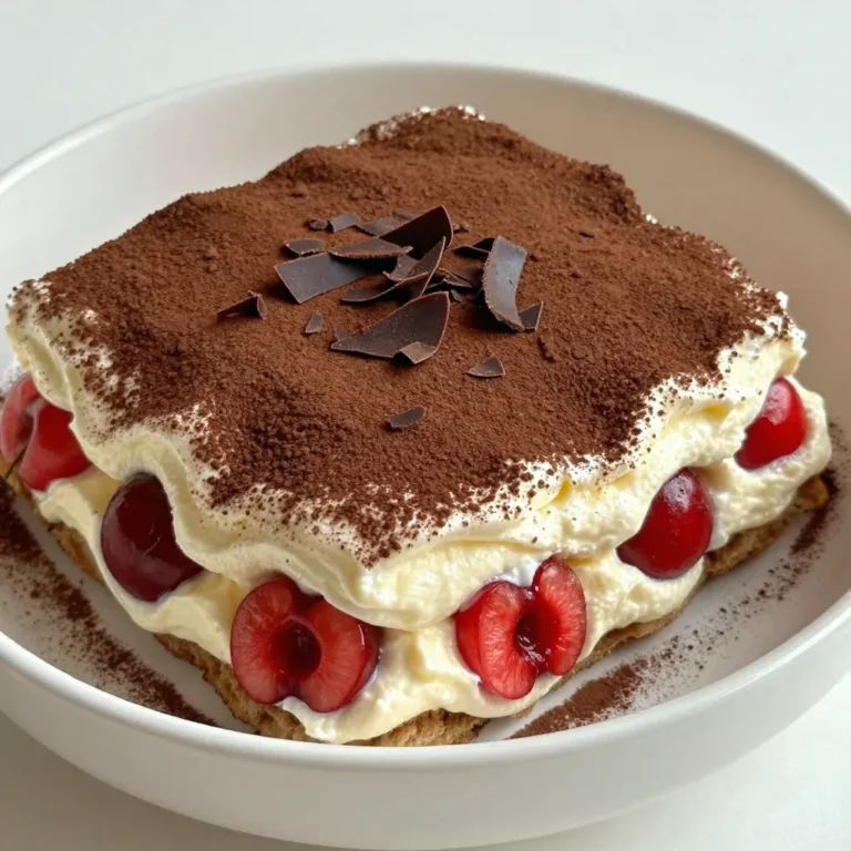 To make a Cherry Amaretto Tiramisu, you need the following: - 1 cup fresh cherries, pitted and halved - 1 cup strong brewed coffee, cooled - 1/2 cup almond syrup (non-alcoholic amaretto flavor) - 16 oz mascarpone cheese - 1 cup heavy cream - 1/2 cup powdered sugar - 1 teaspoon vanilla extract - 24 ladyfinger cookies - Cocoa powder for dusting - Dark chocolate shavings for garnish These ingredients work together to create a rich and creamy dessert. The fresh cherries add a burst of flavor, while the mascarpone cheese gives it a smooth texture. For a beautiful finish, consider these optional garnishes: - Whipped cream dollops - Mint leaves for freshness - Extra dark chocolate shavings These garnishes enhance the look and taste. They make your tiramisu stand out on the table. If you need alternatives, here are some ideas: - Use frozen cherries if fresh ones are not available. - Swap almond syrup with coffee liqueur for a richer flavor. - Substitute mascarpone with cream cheese for a lighter version. These substitutions still keep the dessert delicious while allowing for personal preference. {{ingredient_image_1}} Start by brewing a cup of strong coffee. Let it cool down. In a shallow dish, mix the cooled coffee with half a cup of almond syrup. Stir it well. This mixture adds flavor and moisture to the ladyfingers. Take a large mixing bowl. Pour in one cup of heavy cream. Add half a cup of powdered sugar and one teaspoon of vanilla extract. Use an electric mixer to whip it until soft peaks form. Stop when it looks fluffy. Be careful not to overwhip, or it will become grainy. In another bowl, take 16 ounces of mascarpone cheese. Gently fold this cheese into the whipped cream. Mix until it is smooth and creamy. Make sure there are no lumps. This will give your tiramisu a rich texture. Grab 24 ladyfinger cookies. Quickly dip each one into the coffee mixture. Make sure they soak but do not get too soggy. Arrange them in a single layer in a rectangular or square dish. Then, spread half of the mascarpone mixture over the ladyfingers. Scatter half of the halved cherries on top. Add another layer of dipped ladyfingers. Then, cover with the remaining mascarpone mixture. Top this layer with the remaining cherries. Cover the dish with plastic wrap. Chill it in the fridge for at least four hours, but overnight is best. When ready to serve, dust the top with cocoa powder. Add dark chocolate shavings for a fancy touch. Enjoy your delicious Cherry Amaretto Tiramisu! To get the best cream, it’s all about the right technique. Start with cold heavy cream. Use a mixing bowl that’s also cold. This helps the cream whip better. Whip until you see soft peaks. Be careful not to overwhip. Overwhipping can make your cream grainy. You want it smooth and fluffy. Gently fold in the mascarpone cheese. This keeps the cream light. A good texture makes your tiramisu taste amazing. Soaking ladyfingers is a key step. Dip each one quickly into the coffee mixture. Don’t let them soak too long. If you do, they become too soggy. You want them soft, but still holding shape. Lay them flat in your dish after dipping. This creates a nice base. Layering is where the magic happens. Be sure to alternate layers of mascarpone and cherries for the best flavor. Want to boost your tiramisu flavor? Consider adding a splash of almond extract. This brings out the amaretto taste. You can also sprinkle in some cinnamon for warmth. If you love chocolate, add dark chocolate shavings between layers. Fresh mint leaves can add a nice touch too. These small tweaks can make your dish stand out. Experiment to find your perfect balance! Pro Tips Use Fresh Cherries: Opt for ripe, fresh cherries for the best flavor and texture in your tiramisu. Chill Overnight: Allowing the tiramisu to chill overnight enhances the flavors and improves the overall texture. Perfectly Whipped Cream: Whip the cream until soft peaks form to ensure a light and fluffy mascarpone mixture. Layer Wisely: Make sure to evenly distribute the mascarpone and cherries in each layer for balanced flavor in every bite. {{image_2}} You can mix in other berries for a fresh twist. Use strawberries, raspberries, or blueberries. They add color and a nice tartness. Just layer them like you would with cherries. This keeps the sweet balance while adding new flavors. If you love chocolate, try adding cocoa to the mix. You can fold in melted dark chocolate with the mascarpone. This gives a rich taste. Top with chocolate shavings for an extra touch. The chocolate pairs well with the cherry and almond flavors. For a gluten-free option, use gluten-free cookies instead of ladyfingers. Look for brands that mimic the texture. You can also make your own using almond flour. This keeps the tiramisu creamy and delicious while being friendly for gluten-tolerant diets. Exploring these variations can keep your Cherry Amaretto Tiramisu exciting and fun! You can store leftover tiramisu in the fridge. Place it in an airtight container. This keeps it fresh and prevents it from drying out. Make sure to cover the dish tightly if you don’t have a container. Enjoy the leftover tiramisu within 3 days for the best taste. You can freeze tiramisu for longer storage. Cut it into individual servings before freezing. Wrap each piece in plastic wrap and then place them in a freezer bag. This method helps to keep the layers intact. For best quality, eat the frozen tiramisu within 2 months. Thaw it in the fridge overnight before serving. When you serve tiramisu after storage, check its texture. If it feels too firm, let it sit at room temperature for 10 to 15 minutes. This helps restore some creaminess. Dust the top with cocoa powder and add dark chocolate shavings just before serving. This keeps it looking fresh and appealing. Enjoy every bite! Yes, you can use frozen cherries. Just thaw them first. Drain any extra juice. Fresh cherries taste best, but frozen ones work well in a pinch. They add a nice, sweet flavor. Definitely! You can use almond syrup instead of amaretto. This gives the same nutty flavor without the alcohol. Just mix the syrup with brewed coffee. It’s simple and tasty. Cherry Amaretto Tiramisu lasts about 3 to 4 days in the fridge. Keep it covered to stay fresh. The flavors get even better as it sits. Yes, you can use cream cheese instead of mascarpone. It will change the taste a bit. Make sure to soften it before mixing. You can also blend it with some heavy cream for a smoother texture. In this post, we explored the delicious Cherry Amaretto Tiramisu. We covered essential ingredients, step-by-step instructions, and useful tips. I shared variations and storage info to help you enjoy this dessert anytime. Remember, perfecting this dish takes practice, so don’t rush. Use the tricks I shared to make it even better. Try different flavors and share with loved ones. Cherry Amaretto Tiramisu is a treat that can impress anyone. Enjoy making this dessert and savor every bite!
