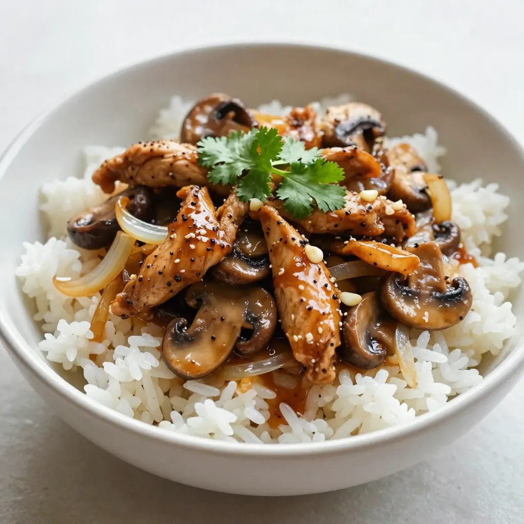 - 500g boneless chicken breast, sliced into strips - 200g button mushrooms, sliced - 1 medium onion, thinly sliced - 3 cloves garlic, minced - 1 tablespoon fresh ginger, grated - 2 tablespoons soy sauce - 1 tablespoon oyster sauce (optional for extra flavor) - 1 teaspoon black pepper (adjust to taste) - Salt to taste - 1 tablespoon cornstarch - 2 tablespoons vegetable oil - 1/4 cup chicken broth - Garnish: fresh cilantro, chopped The main ingredients create a tasty base for the dish. Chicken breast offers protein. Button mushrooms add earthiness. Onion, garlic, and ginger bring depth and warmth. Sauces and seasonings are key to flavor. Soy sauce gives a savory kick. Oyster sauce adds richness, while black pepper brings heat. Salt enhances all the flavors. Additional ingredients help bind the dish. Cornstarch thickens the sauce nicely. Vegetable oil prevents sticking during cooking. Chicken broth adds moisture, making everything juicy. Garnish with cilantro for a fresh touch. These ingredients come together for an amazing stir-fry experience. Each one plays a vital role. Get ready to enjoy a flavorful Black Pepper Mushroom Chicken! {{ingredient_image_1}} - In a mixing bowl, combine sliced chicken with soy sauce, oyster sauce, black pepper, and cornstarch. This mix gives the chicken great flavor and helps it stay tender. - Let the chicken marinate for at least 15 minutes. This step is crucial for great taste. - Heat 1 tablespoon of vegetable oil in a large skillet over medium-high heat. It’s best to use a non-stick skillet for easy cooking. - Add the marinated chicken to the hot oil. Stir-fry for about 5-7 minutes until the chicken turns golden brown and is fully cooked. - Once done, remove the chicken from the skillet and set it aside. This keeps it juicy while you cook the veggies. - In the same skillet, add the remaining tablespoon of oil. - Sauté the sliced onion, minced garlic, and grated ginger until the onions become soft and see-through. This usually takes about 2-3 minutes. The aroma will fill your kitchen! - Next, add the sliced mushrooms. Continue cooking for another 3-4 minutes until the mushrooms are soft and lightly browned. They add a nice texture to the dish. - Now it’s time to bring it all together. Return the cooked chicken to the skillet. - Pour in 1/4 cup of chicken broth, mixing everything well. This helps to create a rich sauce. - Allow the mixture to simmer for 2-3 minutes. It will thicken slightly and soak up all those tasty flavors. Adjust the seasoning with salt and extra black pepper if needed. You can adjust the black pepper to suit your taste. If you like heat, add more. If you prefer milder flavors, use less. A good tip is to start with one teaspoon. Then, taste and add more if needed. For extra flavor, think about adding sliced bell peppers or snap peas. They add crunch and color. You could also mix in a splash of sesame oil for a nutty taste. Fresh herbs like basil or chives can give a nice twist too. The best method for stir-frying is to use high heat. A large skillet or wok works great. It helps the chicken cook quickly and keeps it tender. Make sure the oil is hot before adding the chicken. Avoid crowding the pan; cook in batches if needed. This way, the chicken will brown nicely. To keep the chicken tender, marinate it for at least 15 minutes. The cornstarch helps seal in moisture. Stir-frying quickly at high heat also helps keep it juicy. Serving the Black Pepper Mushroom Chicken over rice or noodles looks appealing. The white rice contrasts nicely with the dark sauce. You can drizzle some sauce over the top for extra flavor. For garnish, sprinkle fresh cilantro on the dish. It adds a pop of color and freshness. If you have lime, a squeeze of juice can brighten the flavors too. Pro Tips Marinate for Maximum Flavor: Let the chicken marinate for at least 30 minutes or even overnight in the refrigerator to enhance the flavors. Choosing Mushrooms Wisely: While button mushrooms work well, feel free to experiment with shiitake or cremini mushrooms for a deeper flavor. Adjusting Spice Level: Taste your dish before serving; if you prefer more heat, add a pinch of crushed red pepper flakes or a dash of hot sauce. Perfecting the Sauce: For a thicker sauce, mix an additional teaspoon of cornstarch with water and add it to the skillet during simmering. {{image_2}} You can switch out the chicken for other proteins. Tofu works great. It absorbs flavors well. You can also use beef if you prefer. Slice it thin for quick cooking. Mushrooms add depth to this dish. You can try shiitake mushrooms for a richer taste. Portobello mushrooms bring a meaty texture. They can make your stir-fry feel hearty. Want more heat? Add extra black pepper. You can also try chili flakes for a kick. If you want a sweeter flavor, add some honey or sugar. Try different sauces, too. Hoisin sauce can add a sweet touch. You might enjoy adding sesame oil for a nutty flavor. Fresh herbs like basil or cilantro can brighten the dish. If you need low-sodium options, use low-sodium soy sauce. This keeps the flavor but lowers the salt. You can skip the oyster sauce if you want to cut sodium more. To make it gluten-free, use tamari instead of soy sauce. This keeps all the great taste without gluten. Check your chicken broth to ensure it’s gluten-free, too. To keep your Black Pepper Mushroom Chicken fresh, refrigerate it right after cooling. Use airtight containers to prevent moisture loss and keep flavors intact. Make sure to store the dish within two hours after cooking. This helps avoid bacteria growth. You can freeze this dish, too. Let it cool completely before packing it in freezer-safe bags or containers. Squeeze out as much air as possible to prevent freezer burn. When ready to eat, thaw in the fridge overnight. Reheat on the stove over low heat until hot. Refrigerated leftovers can last for about three to four days. Always check for signs of spoilage before eating. If it smells sour or has an odd color, toss it out. This keeps your meals safe and tasty. To tone down the heat, simply reduce the black pepper. You can use just a pinch instead of a full teaspoon. If you want more flavor without the spice, try adding a bit of sugar or sweet soy sauce. You can also add more vegetables to balance the spice. Bell peppers or carrots work well. Yes, you can use frozen chicken or vegetables. Just remember to thaw the chicken before cooking. This helps it cook evenly. For frozen vegetables, you can add them directly to the skillet. They might need a bit more time to cook through. Stir well to ensure even cooking. This dish goes great with steamed rice or noodles. Both soak up the tasty sauce well. You might also serve it with a side of stir-fried greens. Bok choy or broccoli add nice color and crunch. For a fresh touch, try a simple salad on the side. In this article, we explored the essential ingredients for your Black Pepper Mushroom Chicken. We learned how to marinate chicken, sauté vegetables, and combine flavors for a tasty dish. Plus, I shared tips to enhance your meal and variations for different diets. As you cook, remember to adjust spices to your taste and get creative with sides for unique experiences. Enjoy your cooking journey!