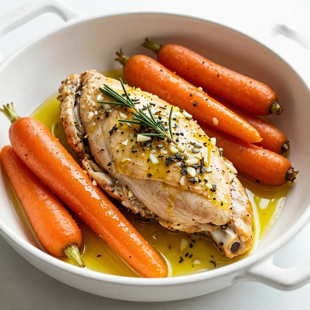 - 4 boneless, skinless chicken breasts - 1 pound baby carrots - 6 cloves garlic, minced - 2 tablespoons fresh rosemary, chopped - 1 tablespoon fresh thyme, chopped - 3 tablespoons olive oil - 1 teaspoon paprika - Juice of 1 lemon - Zest of 1 lemon - 1/4 cup chicken broth - Salt and pepper to taste Gathering the right ingredients is key to making Garlic Herb Chicken Carrots a success. First, you need chicken breasts. They are the star of this dish. Choose boneless and skinless to keep it simple and healthy. Next, grab a pound of baby carrots. Their sweetness pairs well with the savory chicken. The garlic adds depth to the flavor. You will need six cloves, minced well. Fresh herbs are a must. Rosemary and thyme add a lovely aroma and taste. Use two tablespoons of rosemary and one tablespoon of thyme for the best results. Now, let’s talk about additional ingredients. You will need olive oil to make a nice marinade. Paprika gives a pop of color and flavor. Don't forget the juice and zest of one lemon. They brighten the dish. Chicken broth keeps everything moist while baking. Lastly, have salt and pepper ready to enhance all the flavors. These ingredients come together to create a dish that is simple yet packed with flavor. Enjoy the process of preparing them! {{ingredient_image_1}} To start, mix the minced garlic and fresh herbs in a bowl. I love using rosemary and thyme for their strong flavors. Add olive oil to the bowl, along with paprika, lemon juice, lemon zest, salt, and pepper. This mix creates a bright and tasty marinade that gives the chicken a great flavor. Next, it's time to marinate the chicken. Place the chicken breasts in a large resealable bag or container. Pour the marinade over the chicken. Seal the bag and massage the marinade into the meat. This helps the flavors soak in well. Let it marinate for at least 30 minutes. For a deeper flavor, you can marinate it overnight in the fridge. Now, preheat your oven to 400°F (200°C). In a separate bowl, toss baby carrots with a drizzle of olive oil, salt, and pepper. This step makes the carrots tasty too. In a large oven-safe skillet, place the marinated chicken. Pour chicken broth around the chicken. Spread the carrots evenly around the chicken. Bake for 25-30 minutes until the chicken reaches 165°F (75°C) and the carrots are tender. For a golden finish, switch to broil for 2-3 minutes. Keep an eye on it to avoid burning. Once done, let the chicken rest for 5 minutes before slicing. Enjoy your meal! To make your marinade pop, add more garlic or a splash of vinegar. These small changes boost the flavor. You can also swap herbs based on your taste. Try basil or oregano for a twist. Fresh herbs give a bright taste, while dried herbs are great too. To check if your chicken is done, use a meat thermometer. It should read 165°F (75°C) in the thickest part. If you don’t have a thermometer, slice the chicken. The meat should be white and the juices clear. To keep your carrots tender, roast them alongside the chicken. This helps them absorb all the yummy juices. Pair your garlic herb chicken and carrots with rice or a fresh salad. They add color and balance. For garnishes, sprinkle fresh parsley or lemon zest on top. This makes your dish look even more appealing and tasty. Don’t forget to drizzle some pan juices over everything for added flavor! Pro Tips Marinating Time: For the best flavor, let the chicken marinate overnight in the refrigerator. This allows the herbs and spices to penetrate the meat thoroughly, resulting in a more delicious dish. Carrot Size: Choose baby carrots for a tender bite, or cut regular carrots into similar-sized pieces to ensure even cooking. Consistent size helps all ingredients cook evenly. Chicken Temperature: Use a meat thermometer to check the internal temperature of the chicken. It should reach 165°F (75°C) for safe consumption. This prevents overcooking and ensures juicy chicken. Broiling Technique: When broiling for a golden finish, keep a close eye on the oven. It can quickly go from perfectly browned to burnt, so watch it carefully during the last few minutes. {{image_2}} If you have food restrictions, you can alter this dish easily. For a gluten-free option, use gluten-free chicken broth. This swap keeps the flavor while meeting your needs. You can also make a low-carb version. Simply skip the carrots and add zucchini or cauliflower. Both options are tasty and healthy! To keep things exciting, try adding different vegetables. Bell peppers, green beans, or even asparagus work well. You can also mix in some cherry tomatoes for a pop of color. For spice substitutions, use herbs like oregano or basil. These herbs can change the flavor entirely and make it your own. You can choose different methods to cook this meal. Grilling gives the chicken a smoky taste. Cook it on medium heat for about 6-7 minutes per side. Baking is simpler and keeps it juicy. Just follow the recipe's baking time. If you want a hands-off approach, try a slow cooker. Add all ingredients and cook on low for 6-8 hours. This method makes the chicken super tender and flavorful! To keep your Garlic Herb Chicken and carrots fresh, store them properly. Place leftovers in an airtight container. Refrigerate within two hours of cooking. This helps prevent bacteria growth. Your meal will stay good for up to three days. If you want to keep it longer, freeze it. Freeze chicken and carrots in portions. Use freezer-safe bags or containers. They can last for up to three months in the freezer without losing flavor. When it’s time to enjoy leftovers, use the right methods. The oven is best for reheating chicken. Preheat your oven to 350°F (175°C). Place the chicken and carrots in a baking dish. Add a splash of chicken broth to keep them moist. Cover with foil to prevent drying out. Heat for about 20 minutes or until warmed through. Microwaving is okay too, but it can dry out the chicken. If you microwave, use a microwave-safe lid and add a little broth. Always check that the chicken reaches 165°F (75°C) when reheating. Meal prep makes weeknight dinners easy. Portion your Garlic Herb Chicken and carrots into individual containers. This way, you can grab a meal on busy days. You can also combine leftovers with rice or salad for a new dish. Try shredding the chicken for tacos or wraps. This gives you more tasty options for lunch or dinner. You should cook the chicken to an internal temperature of 165°F (75°C). This ensures it is safe to eat. Use a meat thermometer to check the thickest part of the chicken. This step prevents undercooking, which can lead to foodborne illness. Properly cooked chicken remains juicy and tender. Yes, you can use bone-in chicken. Bone-in chicken adds more flavor to the dish. However, it cooks more slowly than boneless chicken. Expect cooking times to increase by about 10 to 15 minutes. Always check that the internal temperature reaches 165°F (75°C) for safety. You can store leftovers in the fridge for up to 3 days. Make sure to place them in airtight containers. For longer storage, freeze the chicken and carrots for up to 3 months. When reheating, ensure the chicken reaches 165°F (75°C) to keep it safe to eat. This blog post covered a simple, tasty chicken dish. We explored key ingredients like chicken breasts, herbs, and spices. I shared step-by-step instructions for marinating and baking. You learned tips for perfecting the flavor and variations for different diets. Storage info and FAQs helped clarify common questions. Cooking should be fun and easy. Using fresh ingredients makes all the difference. Enjoy experimenting with new flavors and methods!