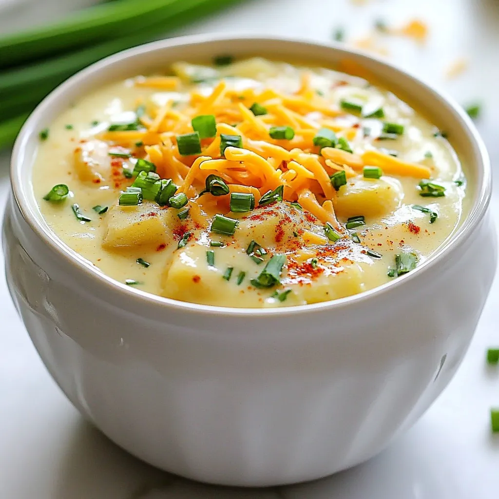 - 4 medium russet potatoes, peeled and diced - 1 medium onion, chopped - 3 cloves garlic, minced - 4 cups vegetable broth - 2 cups cream (or non-dairy alternative) - 1 cup shredded cheddar cheese, plus extra for topping - 1/2 cup sour cream (or non-dairy alternative) - 4 green onions, sliced - 1/4 cup cooked and crumbled turkey bacon (optional) - Salt and pepper to taste - 1 teaspoon smoked paprika - 2 tablespoons olive oil - 1 tablespoon fresh chives, chopped (for garnish) Gather these ingredients before you start cooking. Fresh russet potatoes work best for this soup. They give a creamy texture and rich flavor. You can swap out the cream for a non-dairy option if you prefer. I love using vegetable broth as it adds depth. For a tasty twist, top your soup with extra cheddar cheese and green onions. If you want a savory touch, add crumbled turkey bacon. The smoked paprika adds a unique flavor that enhances the soup's richness. Using fresh chives for garnish adds a pop of color. This simple list allows you to create a warm and inviting dish. Enjoy the process of cooking with these simple yet flavorful ingredients! {{ingredient_image_1}} 1. First, heat 2 tablespoons of olive oil in a large pot over medium heat. This oil adds flavor and helps cook the veggies. 2. Next, add 1 chopped onion to the pot. Sauté the onion until it turns soft and clear, about 5 minutes. This step builds a great base for the soup. 3. Stir in 3 minced garlic cloves and cook for 1 more minute. The smell will be amazing! 4. Now, add 4 peeled and diced russet potatoes to the pot. Pour in 4 cups of vegetable broth. Bring the mix to a boil. Once boiling, reduce the heat and let it simmer for 15-20 minutes. The potatoes should be tender at this point. 1. Grab an immersion blender for this next step. Blend the soup right in the pot until it’s smooth. If you like some chunks, blend only half. Then mix it back with the unblended soup. 2. If you don’t have an immersion blender, you can carefully transfer the soup to a regular blender. Just be careful; the soup is hot! 1. Return the pot to medium heat. Add 2 cups of cream, 1 cup of shredded cheddar cheese, and 1/2 cup of sour cream. Stir in 1 teaspoon of smoked paprika, and season with salt and pepper. 2. Keep stirring until everything is well mixed and heated through. This is where the soup gets its creamy, dreamy texture. Now, you’re ready to serve this comforting soup! To make your soup extra creamy, use more cream. You can swap regular cream with non-dairy options like coconut or cashew cream. This adds a nice richness. Another trick is to add a bit of cream cheese. It melts well and gives a smooth texture. To boost the flavor, try adding herbs. Fresh thyme or rosemary works great. You can also mix in a touch of garlic powder or onion powder for depth. Smoked paprika adds a smoky twist. If you like heat, a pinch of cayenne pepper can spice things up. For a lighter option, use low-fat cream or yogurt instead of sour cream. You can replace the cheese with nutritional yeast for a cheesy flavor without the fat. Swap out some potatoes for cauliflower. This will cut calories and add more nutrients. Pro Tips Use Different Potatoes: While russet potatoes are a classic choice for baked potato soup, you can experiment with Yukon Gold or red potatoes for a creamier texture and a slightly different flavor. Make It Vegan: Substitute the cream and sour cream with coconut milk or cashew cream, and use nutritional yeast for a cheesy flavor without dairy. Adding Depth of Flavor: Incorporate a splash of white wine or a tablespoon of Dijon mustard when adding the broth for an extra layer of flavor. Garnish Creatively: Try adding toppings like crispy kale chips, jalapeños, or a drizzle of spicy sauce for a unique twist on your loaded baked potato soup. {{image_2}} You can easily make this soup vegetarian or vegan. For a vegetarian version, just skip the turkey bacon. Use vegetable broth and substitute the cream and sour cream with non-dairy alternatives like coconut cream or cashew cream. You'll still get that creamy texture and rich flavor without the animal products. If you like heat, add some spice! Mix in diced jalapeños or a splash of hot sauce. You can also add a teaspoon of cayenne pepper while cooking. This will give your soup a nice kick and warm you up on chilly days. Garnish with sliced jalapeños or a sprinkle of chili powder for extra flavor. To make this soup gluten-free, ensure your vegetable broth is gluten-free. Most brands are, but it’s always good to check. If you're using cream, make sure it’s labeled gluten-free too. This soup remains hearty and comforting, just like the traditional version. You won’t miss a thing! Loaded baked potato soup pairs well with simple sides. You can serve it with: - Freshly baked bread or rolls - A crisp garden salad - Garlic bread for extra flavor - A side of roasted vegetables These sides add texture and balance to the soup's creaminess. You can even make a meal of it by combining your favorite sides. Serve your soup hot. A warm bowl brings out the best flavors. Heat it on the stove or in the microwave before serving. If you enjoy it cooler, let it sit for a few minutes. Just remember, it tastes best when it’s steaming! Garnishing adds a fun twist to your soup. Here are some ideas to try: - Add more shredded cheddar cheese for richness. - Top with sliced green onions for a fresh bite. - Sprinkle crumbled bacon or turkey bacon for crunch. - Finish with chopped fresh chives for color and flavor. These toppings make every bowl unique. You can mix and match based on your mood. Enjoy creating your own perfect bowl! Yes, you can freeze this soup. First, let it cool completely. Then, pour it into freezer-safe containers. Leave some space at the top, as the soup will expand when frozen. It will keep for up to three months in the freezer. To enjoy, thaw it in the fridge overnight and reheat on the stove. Loaded Baked Potato Soup lasts about three to four days in the fridge. Store it in an airtight container to keep it fresh. Before you eat it, check for any changes in smell or color. If it looks or smells off, it’s best to discard it. Absolutely! While russet potatoes work great, you can use Yukon Gold or red potatoes, too. Each type offers a different taste and texture. Yukon Golds make the soup creamier, while red potatoes offer a firmer bite. Experiment and find your favorite! This blog post covered a delicious loaded baked potato soup recipe. We explored key ingredients, preparation steps, and ways to enhance flavor. You learned about health tips and creative variations too. This soup suits any taste, with options for vegetarians and vegans. Remember to serve it warm and garnish it creatively for a nice touch. Enjoy making this comfort food that warms the soul and impresses your guests.