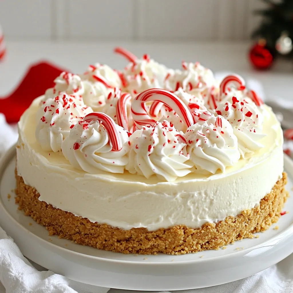 To make a No-Bake Peppermint Cheesecake, gather these items: - 1 ½ cups graham cracker crumbs - ½ cup unsalted butter, melted - 2 cups cream cheese, softened - 1 cup powdered sugar - 1 teaspoon vanilla extract - 1 teaspoon peppermint extract - 1 cup heavy whipping cream - 1 cup crushed candy canes - Extra candy canes for garnish - Whipped cream for topping You can swap ingredients if needed: - Graham cracker crumbs: Use crushed cookies or digestive biscuits. - Unsalted butter: Salted butter works, but it may alter the taste slightly. - Cream cheese: Try mascarpone cheese for a lighter texture. - Powdered sugar: Use granulated sugar, but blend it well to avoid graininess. - Heavy whipping cream: Use coconut cream for a non-dairy option. - Candy canes: Try crushed chocolate mints or chocolate chips for a twist. To ensure your cheesecake tastes great, pick the best ingredients: - Cream cheese: Look for a brand that feels smooth and soft in the package. - Butter: Choose unsalted for better control of flavors. - Heavy cream: Check the expiration date. Fresh cream whips better. - Candy canes: Pick bright and intact ones for crunch and flavor. - Powdered sugar: Ensure it is dry and free from lumps for easy mixing. Using fresh, quality ingredients will make your cheesecake shine! {{ingredient_image_1}} To make the crust, start with a bowl. Add 1 ½ cups of graham cracker crumbs. Pour in ½ cup of melted butter. Mix them well until all crumbs are coated. This step is key for a firm base. Next, take a 9-inch springform pan. Press the crumb mixture into the bottom. Make sure it is even and compact. This helps keep the crust together. Once pressed, place the pan in the fridge. Let it chill while you prepare the filling. Now, grab a large mixing bowl. Add 2 cups of softened cream cheese. Mix in 1 cup of powdered sugar. Use a hand mixer to blend until smooth. Then, add 1 teaspoon of vanilla extract and 1 teaspoon of peppermint extract. Mix again until everything is creamy. In another bowl, pour in 1 cup of heavy whipping cream. Whip it until stiff peaks form. This step adds air and fluffiness. Gently fold the whipped cream into the cream cheese mixture. Do this slowly to keep it light. Finally, fold in 1 cup of crushed candy canes. Save some for the top later. Once the filling is ready, it’s time to assemble. Spoon the cheesecake filling into the chilled crust. Use a spatula to smooth it out evenly. Cover the springform pan with plastic wrap. Place the cheesecake in the fridge for at least 4 hours. If you can, let it chill overnight. This helps it set perfectly. When you’re ready to serve, top with whipped cream. Sprinkle the reserved crushed candy canes on top. Enjoy this creamy treat! To get a smooth and creamy cheesecake, start with softened cream cheese. Cold cream cheese leads to lumps. Mix the cream cheese with the powdered sugar until it’s very smooth. Then, whip the heavy cream until it forms stiff peaks. This step gives your cheesecake a light and fluffy texture. When you fold the whipped cream into the cheese mixture, do it gently. This keeps the air in the cream, making it fluffy. One common mistake is not chilling the cheesecake long enough. It needs at least four hours, but overnight is best. If you skip this, the cheesecake won’t set properly and will be too soft. Another mistake is over-mixing the filling after adding the whipped cream. This can deflate the air you just whipped in. Lastly, don’t skip the crushed candy canes. They add flavor and a fun crunch to your cheesecake. For a stunning presentation, use a springform pan. This makes it easy to remove the cheesecake. Before serving, top your cheesecake with whipped cream. Add a sprinkle of crushed candy canes on top for color. You can also drizzle chocolate sauce around the plate for extra flair. If you want, add whole candy canes for decoration. This makes the dessert look festive and yummy. Pro Tips Chill the Cream Cheese: Ensure your cream cheese is at room temperature for easier mixing and a smoother filling. Whip Cream to Stiff Peaks: Take care when whipping the heavy cream; stiff peaks help the cheesecake maintain its structure. Crust Firmness: Press the graham cracker crust firmly into the pan to prevent it from crumbling when slicing. Garnish Wisely: For an impressive presentation, add a festive drizzle of chocolate sauce or fresh mint leaves along with the candy canes. {{image_2}} You can change up the flavor of your cheesecake easily. Instead of peppermint, try using lemon or orange zest. This adds a fresh, bright taste. For a chocolate twist, mix in cocoa powder. You can also add different extracts like almond or coconut. Each option gives you a new, fun cheesecake. While candy canes are festive, other toppings work well too. Consider using crushed nuts for crunch. Chopped fruit like strawberries or raspberries can add color and taste. Drizzling chocolate sauce or caramel gives sweetness. You can also use whipped cream for a light touch. Get creative with your toppings to make your cheesecake unique! If you need a gluten-free crust, use gluten-free graham crackers. You can also crush nuts like almonds or pecans for a tasty base. Another option is to use oats mixed with butter. This gives you a nice texture without gluten. Just make sure all your ingredients are gluten-free. Enjoy your cheesecake worry-free! After you enjoy your no-bake peppermint cheesecake, store any leftovers in the fridge. Use an airtight container or cover the springform pan with plastic wrap. This keeps the cheesecake fresh for up to five days. Make sure it is fully cooled before storing. I recommend adding a layer of wax paper between the cheesecake and the wrap. This helps avoid sticky spots on the surface. You can freeze this cheesecake for longer storage. First, let it set in the fridge for at least four hours. Once set, cover the cheesecake well with plastic wrap and then with aluminum foil. This helps prevent freezer burn. You can freeze it for up to two months. To serve, move it to the fridge for a few hours to thaw. Never refreeze a cheesecake after thawing. You do not need to reheat this cheesecake. It is best served cold. If you want to enjoy it slightly softer, take it out of the fridge 20 minutes before serving. This will help the flavors shine through. Just remember to keep it chilled if you are not serving it right away. Yes, you can make this cheesecake a day or two before serving. It needs at least four hours to chill and set. Make it the night before. This way, you save time on the big day. Just cover it well with plastic wrap. Keep it in the fridge. The flavors will blend nicely while it chills. If you want a dairy-free option, use vegan cream cheese. It works well and has a similar texture. You can also try mascarpone cheese for a richer taste. If you're looking for a lighter version, use Greek yogurt. It gives a nice tang, but keep in mind it will change the flavor a bit. To prevent cracks, avoid overmixing the filling. This keeps too much air from getting in. Make sure your cream cheese is soft before mixing. Cold cream cheese can cause lumps and cracks. Chill the cheesecake slowly in the fridge. A sudden change in temperature can also cause cracking. In this blog post, we covered the key ingredients, detailed steps for making cheesecake, and handy tips for success. I shared ways to switch ingredients and how to add your personal touch with different flavors and toppings. Remember, the right techniques ensure a perfect texture and prevent cracks. For those with dietary needs, gluten-free options make this treat accessible. Use these insights to create your perfect cheesecake and impress everyone. Enjoy the process and the tasty results!