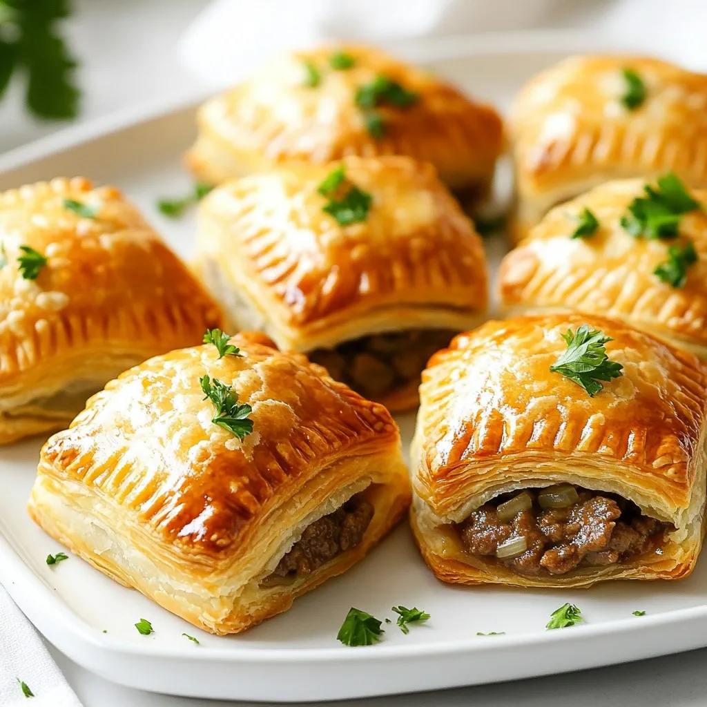 To make Mini Beef & Onion Hand Pies, you will need: - 1 lb ground beef - 1 medium onion, finely chopped - 2 cloves garlic, minced - 1 teaspoon dried thyme - 1 teaspoon Worcestershire sauce - 1 teaspoon soy sauce - Salt and pepper to taste - 1 package of pre-made puff pastry (2 sheets) - 1 egg, beaten (for egg wash) - Fresh parsley, chopped (for garnish) These ingredients work together to create a tasty filling and a flaky crust. You can easily swap some ingredients if you need to. For the beef, try ground turkey or chicken for a lighter option. If you want a plant-based version, use lentils or mushrooms. You can replace onion with shallots for a milder taste. If you don’t have thyme, any dried herb like oregano or basil will work. For the puff pastry, you can make your own if you prefer. However, pre-made pastry saves time and effort. Using fresh ingredients can enhance the flavor and texture of your hand pies. Fresh garlic and onion bring a punch that dried or jarred versions might lack. However, pre-made puff pastry simplifies the process. It cuts down the time for preparation and makes the recipe accessible for busy cooks. In the end, choose what works best for you. Fresh ingredients add quality, while pre-made options save time. Both methods can lead to delicious results. {{ingredient_image_1}} Start by preheating your oven to 400°F (200°C). This makes sure the hand pies bake evenly. Next, in a large skillet, add 1 pound of ground beef. Cook it over medium heat for 5 to 7 minutes. Break the beef apart with a wooden spoon as it cooks. Once it's browned, add 1 finely chopped medium onion and 2 minced garlic cloves. Cook until the onion turns clear, about 3 to 4 minutes. This brings out the sweet flavor of the onion. Now, stir in 1 teaspoon of dried thyme, 1 teaspoon of Worcestershire sauce, and 1 teaspoon of soy sauce. Add salt and pepper to taste. Mix everything well and let it simmer for 2 more minutes. This helps all the flavors blend together. After that, remove the skillet from the heat and let the mixture cool down a bit. Roll out 2 sheets of pre-made puff pastry on a lightly floured surface. Use a 4-inch round cutter to cut out circles. You should get around 10 to 12 circles from each sheet. Place about 1 tablespoon of the beef mixture in the center of each circle. This is the tasty filling for your hand pies. Next, fold the pastry over to create a half-moon shape. Press the edges together to seal them well. You can use a fork to crimp the edges for a nice look. This step is important to keep the filling inside while baking. Now, brush the tops of each hand pie with a beaten egg. This gives them a shiny finish when they bake. Place the hand pies on a baking sheet lined with parchment paper. Bake them in the oven for 20 to 25 minutes. They should turn golden brown and look delicious. Once baked, remove them from the oven and let them cool for a few minutes. Before serving, sprinkle some chopped parsley on top for a fresh touch. To make the beef filling shine, use fresh ingredients. Start with good quality ground beef. I prefer 80/20 beef for flavor. The fat gives it richness. Sauté the onions and garlic until soft. This step adds sweetness. Don't rush it; let the flavors blend well. Add thyme, Worcestershire sauce, and soy sauce for depth. Taste your mixture before filling the pastry. Adjust the seasoning if needed. A golden crust makes your hand pies look great. Roll the puff pastry to about 1/8 inch thick. This thickness ensures a flaky texture. After filling the pastry, brush the tops with beaten egg. This creates a nice shine. Place the pies on parchment paper for easy removal. Bake at 400°F until golden brown, about 20 to 25 minutes. Keep an eye on them to avoid burning. One common mistake is overfilling the hand pies. This can cause them to burst while baking. Use just a tablespoon of filling per pie. Another mistake is not sealing the edges well. Press firmly, and crimp with a fork. Lastly, don’t skip the egg wash. It’s key for that beautiful color. Follow these tips to enjoy perfect mini beef and onion hand pies. Pro Tips Use cold puff pastry: Keeping the puff pastry cold before baking helps it rise better and achieve a flaky texture. Experiment with fillings: Feel free to add other ingredients like cheese, mushrooms, or spinach to the beef mixture for extra flavor and variety. Seal well: Make sure to press the edges of the pastry firmly to avoid any filling leaking out during baking. Serve with dipping sauces: Enhance your hand pies by serving them with sauces like ketchup, mustard, or a spicy aioli for added flavor. {{image_2}} You can easily swap beef for veggies. Use mushrooms, spinach, or lentils. A mix of hearty vegetables works well too. Add diced carrots and peas for color and taste. Season with the same spices to keep the flavor. This way, everyone can enjoy a tasty hand pie. Try different meats for fun. Ground chicken or turkey makes a lighter version. Pork adds a nice twist, too. If you like spice, use chorizo for a kick. Just adjust the cooking time if you use raw meat. Always ensure it cooks fully for safety. Want to spice things up? Add cheese for creaminess. Sharp cheddar or feta works great. Fresh herbs like basil or cilantro offer a fresh taste. You can also mix in diced jalapeños for heat. Experiment with flavors to find your favorite combo. Each bite can be a new adventure! You can store leftover mini beef and onion hand pies in an airtight container. Place them in the fridge. They stay fresh for up to three days. If you have more than a few, consider freezing them instead. To freeze mini hand pies, let them cool completely first. Then, place them in a single layer on a baking sheet. Freeze for one to two hours until solid. After that, transfer them to a freezer-safe bag. They can last for up to three months in the freezer. To reheat, preheat your oven to 350°F (175°C). Place the hand pies on a baking sheet. Heat for about 15-20 minutes. Check that they are hot all the way through. You can also microwave them for a quick option. Just heat for 1-2 minutes, but they won’t be as crispy. Yes, you can use other types of pastry. Options include pie crust or biscuit dough. Each type will give a different taste and texture. Puff pastry makes the pies flaky and light. If you want a thicker crust, try pie crust. Biscuit dough will create a soft and fluffy hand pie. You can tell when the hand pies are done by their color. Look for a rich golden brown on top. You can also check the bottom for browning. If the pastry feels firm and crisp, they are ready. Baking time is typically 20-25 minutes at 400°F (200°C). You can find pre-made hand pies in grocery stores. Look in the frozen food section. Many stores sell them in various flavors. You can also check local bakeries or specialty shops. If you're short on time, these options save effort and still taste great. This blog post covered the key aspects of making delicious mini hand pies. You learned about the right ingredients, prep steps, and cooking methods for success. We explored tips for perfecting the beef filling and types of pies you can enjoy. You now know how to store and reheat leftovers effectively. Finally, we answered common questions to clear up any confusion. Enjoy making your hand pies with confidence and creativity!