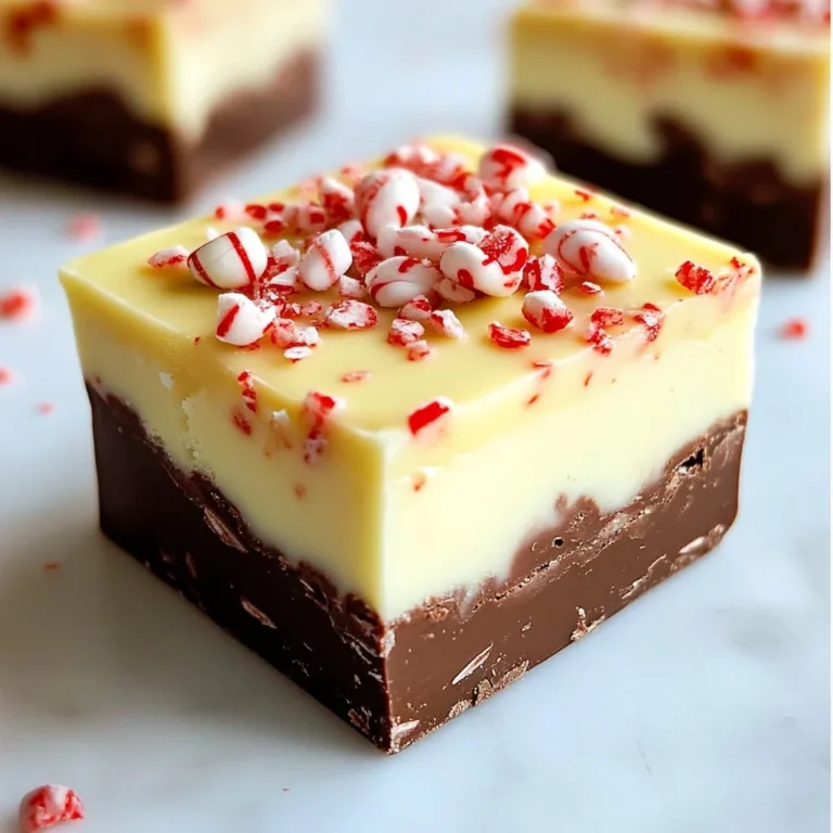 - 2 cups semi-sweet chocolate chips - 1 cup sweetened condensed milk - 1 cup white chocolate chips - 1 teaspoon peppermint extract - 1/2 cup crushed peppermint candies - 1/4 teaspoon salt - Optional: red food coloring To make peppermint Christmas fudge, gather these simple ingredients. Each one plays a vital role in creating a delightful treat. The semi-sweet chocolate chips give it a rich base, while the white chocolate adds a creamy top. Sweetened condensed milk helps bind everything together, making the fudge smooth and sweet. Peppermint extract brings that classic holiday flavor. Crushed peppermint candies add a fun crunch and a pop of color. The salt balances the sweetness, enhancing the overall taste. If you want a festive look, red food coloring can create a marbled effect. This list keeps the recipe easy. You can find all these ingredients at your local store. Always choose high-quality chocolate for the best flavor. Fresh peppermint candies will give a nice crunch and bright taste. Now that you have your ingredients ready, you can move on to the next steps for making this sweet treat! {{ingredient_image_1}} - Line the pan with parchment paper. - Allow parchment overhang for easy removal. To start, grab an 8x8 inch baking pan. I like to use parchment paper because it makes removing the fudge so easy. Just lay the paper flat, letting it hang over the edges. This overhang acts like a handle when you want to lift out the fudge later. - Combine ingredients in a saucepan. - Stir until melted and smooth. Next, take a medium saucepan. In it, mix 2 cups of semi-sweet chocolate chips, 1 cup of sweetened condensed milk, and 1/4 teaspoon of salt. Heat this over low heat. Keep stirring constantly. This will help prevent the chocolate from burning. When it is melted and smooth, take it off the heat. - Mix in peppermint extract. - Pour chocolate mixture into the baking dish. - Prepare white chocolate layer. Now, stir in 1 teaspoon of peppermint extract. This gives the fudge its holiday flavor. If you want a fun look, add a few drops of red food coloring to the mix. Then, pour this melted chocolate into the prepared baking dish. Spread it evenly with a spatula. For the next layer, melt 1 cup of white chocolate chips in the same saucepan. Stir until it is smooth. - Spread white chocolate mixture over the semi-sweet layer. - Sprinkle with crushed peppermint candies. - Chill and cut into squares. After the white chocolate is melted, take it off the heat. Stir in 1/2 cup of crushed peppermint candies for a nice crunch. Then, pour this mixture over the semi-sweet layer in the baking dish. Again, use a spatula to spread it evenly. To make it festive, sprinkle more crushed peppermint candies on top. Now, place the baking dish in the refrigerator. Let it chill for at least 2 hours until the fudge is firm. Once it's set, use the paper overhang to lift it out. Cut it into squares and enjoy your tasty treat! To make great fudge, stir constantly while melting. This keeps the chocolate smooth and creamy. If you stop stirring, the chocolate may clump. After you mix in all the ingredients, chill the fudge for at least two hours. This helps it set properly. If you skip this step, your fudge may be too soft and not hold its shape. Using high-quality chocolate chips makes a big difference. They melt better and taste richer. Look for brands that you enjoy eating on their own. For a festive touch, add edible glitter on top. It sparkles and makes your fudge look special. You can also use whole peppermint candies as decoration. This adds color and a fun twist to your holiday treat. Pro Tips Use Quality Chocolate: For the best flavor, choose high-quality chocolate chips. They melt better and enhance the overall taste of your fudge. Cool Gradually: Let the fudge cool at room temperature before chilling in the refrigerator. This helps in achieving a smoother texture. Experiment with Flavors: Try adding different extracts, like vanilla or almond, for a unique twist on the classic peppermint flavor. Storage Tips: Store the fudge in an airtight container at room temperature or in the fridge to keep it fresh for longer. {{image_2}} You can have fun with flavors in your fudge! Try different extracts to change the taste. Here are some ideas: - Vanilla extract gives a warm, classic flavor. - Almond extract adds a sweet, nutty twist. You might also want to add extra texture. Consider mixing in: - Chopped nuts like walnuts or pecans. - Dried fruit such as cranberries or cherries. These little changes can make your fudge unique and tasty! If you want to make your fudge fit different diets, it’s easy! Here are some ideas: - For a vegan version, use dairy-free chocolate instead of regular chocolate. - You can also find sugar-free chocolate to make a healthier treat. These swaps make the fudge more inclusive for everyone to enjoy! To keep your fudge fresh, always use an airtight container. This helps seal in moisture and flavor. Place parchment paper between layers of fudge to prevent sticking. Homemade fudge lasts about two weeks in the fridge. If you want it to last longer, consider freezing it. To freeze fudge, wrap each piece in plastic wrap. Then, place the wrapped fudge in a freezer-safe bag. Make sure to remove as much air as possible. This prevents freezer burn and keeps it tasty. When you're ready to enjoy it, take the fudge out of the freezer. Let it thaw in the fridge overnight for the best flavor. Peppermint fudge can last up to a week in the fridge. Store it in an airtight container. If you freeze it, it stays good for about three months. Just wrap it well to keep it fresh. Yes, you can use milk chocolate. This will make the fudge sweeter and creamier. The flavor will shift from rich to more sugary, changing the taste. You can use coconut milk or almond milk mixed with sugar for a dairy-free option. You may also use evaporated milk with added sugar for a similar texture. To avoid soft fudge, ensure you melt chocolate on low heat. Stir constantly and chill it for the full two hours. If it’s still soft, try adding a bit more chocolate next time. In this post, we covered the essential ingredients and steps to make delicious peppermint fudge. The guide included tips for achieving the right texture and flavor. You learned about variations to customize your fudge for different diets. Store your fudge properly to keep it fresh and tasty. With these easy methods, you can create delightful treats for yourself and loved ones. Enjoy experimenting in the kitchen, and don't forget to share your tasty results!