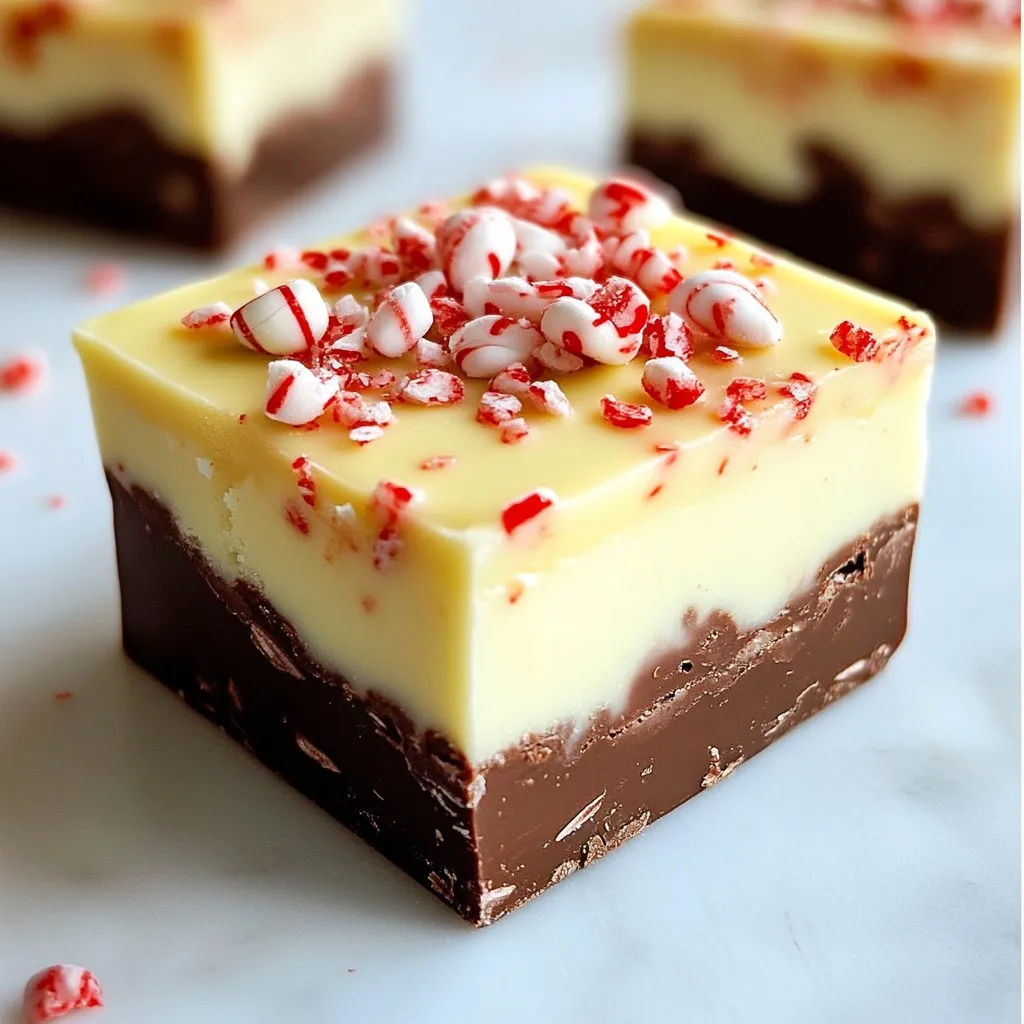 - 2 cups semi-sweet chocolate chips - 1 cup sweetened condensed milk - 1 cup white chocolate chips - 1 teaspoon peppermint extract - 1/2 cup crushed peppermint candies - 1/4 teaspoon salt - Optional: red food coloring To make peppermint Christmas fudge, gather these simple ingredients. Each one plays a vital role in creating a delightful treat. The semi-sweet chocolate chips give it a rich base, while the white chocolate adds a creamy top. Sweetened condensed milk helps bind everything together, making the fudge smooth and sweet. Peppermint extract brings that classic holiday flavor. Crushed peppermint candies add a fun crunch and a pop of color. The salt balances the sweetness, enhancing the overall taste. If you want a festive look, red food coloring can create a marbled effect. This list keeps the recipe easy. You can find all these ingredients at your local store. Always choose high-quality chocolate for the best flavor. Fresh peppermint candies will give a nice crunch and bright taste. Now that you have your ingredients ready, you can move on to the next steps for making this sweet treat! {{ingredient_image_1}} - Line the pan with parchment paper. - Allow parchment overhang for easy removal. To start, grab an 8x8 inch baking pan. I like to use parchment paper because it makes removing the fudge so easy. Just lay the paper flat, letting it hang over the edges. This overhang acts like a handle when you want to lift out the fudge later. - Combine ingredients in a saucepan. - Stir until melted and smooth. Next, take a medium saucepan. In it, mix 2 cups of semi-sweet chocolate chips, 1 cup of sweetened condensed milk, and 1/4 teaspoon of salt. Heat this over low heat. Keep stirring constantly. This will help prevent the chocolate from burning. When it is melted and smooth, take it off the heat. - Mix in peppermint extract. - Pour chocolate mixture into the baking dish. - Prepare white chocolate layer. Now, stir in 1 teaspoon of peppermint extract. This gives the fudge its holiday flavor. If you want a fun look, add a few drops of red food coloring to the mix. Then, pour this melted chocolate into the prepared baking dish. Spread it evenly with a spatula. For the next layer, melt 1 cup of white chocolate chips in the same saucepan. Stir until it is smooth. - Spread white chocolate mixture over the semi-sweet layer. - Sprinkle with crushed peppermint candies. - Chill and cut into squares. After the white chocolate is melted, take it off the heat. Stir in 1/2 cup of crushed peppermint candies for a nice crunch. Then, pour this mixture over the semi-sweet layer in the baking dish. Again, use a spatula to spread it evenly. To make it festive, sprinkle more crushed peppermint candies on top. Now, place the baking dish in the refrigerator. Let it chill for at least 2 hours until the fudge is firm. Once it's set, use the paper overhang to lift it out. Cut it into squares and enjoy your tasty treat! To make great fudge, stir constantly while melting. This keeps the chocolate smooth and creamy. If you stop stirring, the chocolate may clump. After you mix in all the ingredients, chill the fudge for at least two hours. This helps it set properly. If you skip this step, your fudge may be too soft and not hold its shape. Using high-quality chocolate chips makes a big difference. They melt better and taste richer. Look for brands that you enjoy eating on their own. For a festive touch, add edible glitter on top. It sparkles and makes your fudge look special. You can also use whole peppermint candies as decoration. This adds color and a fun twist to your holiday treat. Pro Tips Use Quality Chocolate: For the best flavor, choose high-quality chocolate chips. They melt better and enhance the overall taste of your fudge. Cool Gradually: Let the fudge cool at room temperature before chilling in the refrigerator. This helps in achieving a smoother texture. Experiment with Flavors: Try adding different extracts, like vanilla or almond, for a unique twist on the classic peppermint flavor. Storage Tips: Store the fudge in an airtight container at room temperature or in the fridge to keep it fresh for longer. {{image_2}} You can have fun with flavors in your fudge! Try different extracts to change the taste. Here are some ideas: - Vanilla extract gives a warm, classic flavor. - Almond extract adds a sweet, nutty twist. You might also want to add extra texture. Consider mixing in: - Chopped nuts like walnuts or pecans. - Dried fruit such as cranberries or cherries. These little changes can make your fudge unique and tasty! If you want to make your fudge fit different diets, it’s easy! Here are some ideas: - For a vegan version, use dairy-free chocolate instead of regular chocolate. - You can also find sugar-free chocolate to make a healthier treat. These swaps make the fudge more inclusive for everyone to enjoy! To keep your fudge fresh, always use an airtight container. This helps seal in moisture and flavor. Place parchment paper between layers of fudge to prevent sticking. Homemade fudge lasts about two weeks in the fridge. If you want it to last longer, consider freezing it. To freeze fudge, wrap each piece in plastic wrap. Then, place the wrapped fudge in a freezer-safe bag. Make sure to remove as much air as possible. This prevents freezer burn and keeps it tasty. When you're ready to enjoy it, take the fudge out of the freezer. Let it thaw in the fridge overnight for the best flavor. Peppermint fudge can last up to a week in the fridge. Store it in an airtight container. If you freeze it, it stays good for about three months. Just wrap it well to keep it fresh. Yes, you can use milk chocolate. This will make the fudge sweeter and creamier. The flavor will shift from rich to more sugary, changing the taste. You can use coconut milk or almond milk mixed with sugar for a dairy-free option. You may also use evaporated milk with added sugar for a similar texture. To avoid soft fudge, ensure you melt chocolate on low heat. Stir constantly and chill it for the full two hours. If it’s still soft, try adding a bit more chocolate next time. In this post, we covered the essential ingredients and steps to make delicious peppermint fudge. The guide included tips for achieving the right texture and flavor. You learned about variations to customize your fudge for different diets. Store your fudge properly to keep it fresh and tasty. With these easy methods, you can create delightful treats for yourself and loved ones. Enjoy experimenting in the kitchen, and don't forget to share your tasty results!