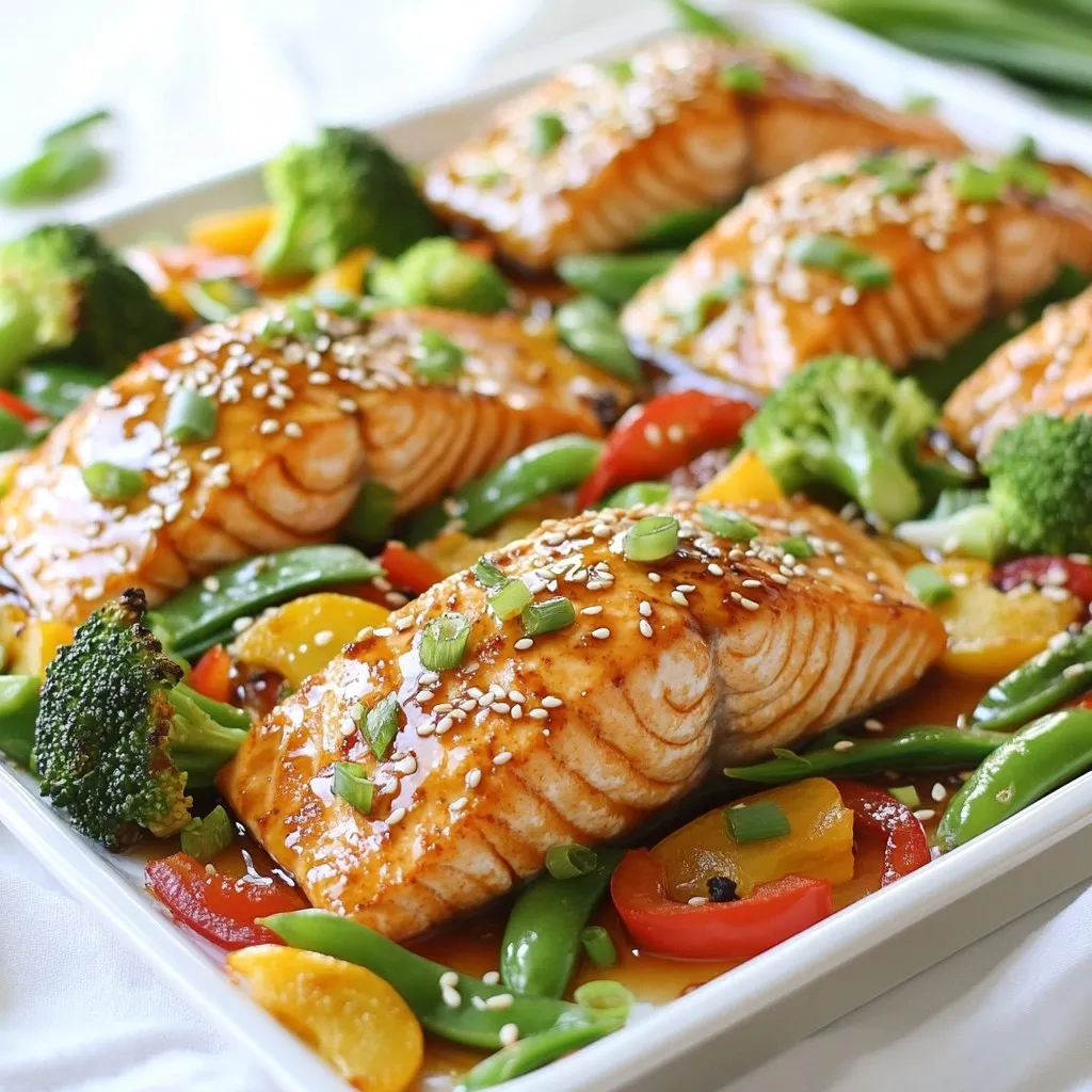 - 4 salmon fillets (6 oz each) - 1 cup broccoli florets - 1 red bell pepper, sliced - 1 cup snap peas - 2 tablespoons sesame oil - 1/2 cup teriyaki sauce - 2 cloves garlic, minced - 1 tablespoon fresh ginger, grated - 1 tablespoon sesame seeds - 2 green onions, chopped (for garnish) - Salt and pepper to taste To make Sheet Pan Teriyaki Salmon & Veggies, you need fresh ingredients. The salmon fillets are the star of the dish. They offer a rich flavor and firm texture. I use 4 fillets, each weighing 6 ounces. Next, I choose vibrant vegetables. Broccoli florets add crunch and nutrition. A sliced red bell pepper brings sweetness and color. Snap peas lend a fresh taste and snap to each bite. The teriyaki sauce is key to this recipe. It has a mix of flavors. I add minced garlic and grated ginger for depth. This combination makes the sauce fragrant and flavorful. For seasoning, sesame oil offers a nutty taste. I add salt and pepper for balance. Finally, I sprinkle sesame seeds and chopped green onions on top. These add a nice crunch and a pop of color when serving. Gathering these fresh ingredients helps create a tasty meal. Each component works together to make every bite delicious. {{ingredient_image_1}} 1. First, preheat your oven to 400°F (200°C). This helps cook the salmon just right. 2. In a small bowl, mix the teriyaki sauce, minced garlic, and grated ginger. This gives your dish a great flavor. Set this mixture aside for later. 3. On a large baking sheet, arrange the salmon fillets in the center. Place the broccoli, red bell pepper, and snap peas around the salmon. This makes for a colorful and tasty meal. 4. Next, drizzle the sesame oil over the salmon and veggies. Then, season everything with salt and pepper to your taste. 5. Pour the teriyaki sauce mixture evenly over the salmon and vegetables. This adds a rich flavor to your meal. 1. Bake everything in your preheated oven for 15-20 minutes. The salmon should flake easily with a fork when done. The veggies should be tender but still crisp. 2. To check for doneness, gently poke the salmon with a fork. If it flakes easily, it’s ready to eat! Enjoy your delicious Sheet Pan Teriyaki Salmon & Veggies. To ensure your salmon is perfectly cooked, use fresh fillets. Fresh salmon flakes easily when done. Bake at 400°F for 15-20 minutes. Check with a fork; it should easily break apart. Keep an eye on the veggies as well. Broccoli, bell pepper, and snap peas should be tender but still crisp. A colorful mix adds flavor and nutrition. For roasting vegetables, cut them into similar sizes. This helps them cook evenly. Toss them in sesame oil, salt, and pepper before baking. Spread them out on the sheet. Overcrowding can make them steam instead of roast. For aesthetic appeal, serve the salmon and veggies straight from the baking sheet. This adds a casual yet inviting look. Alternatively, plate each serving to impress your guests. Drizzle extra teriyaki sauce from the pan on top for flavor and visual appeal. For garnishing, sprinkle sesame seeds and chopped green onions on top. These add a pop of color and crunch. You can also add a slice of lime or lemon on the side for a fresh touch. This small detail can elevate your dish. Enjoy your beautiful meal! Pro Tips Choose Fresh Salmon: Opt for wild-caught salmon if possible for the best flavor and quality. Veggie Variety: Feel free to swap in other vegetables like asparagus or zucchini, depending on your preference or what's in season. Marinate for Flavor: If you have time, marinate the salmon in the teriyaki sauce for 30 minutes before cooking for an extra boost of flavor. Check for Doneness: Use a fork to check if the salmon flakes easily; this ensures it's perfectly cooked and not overdone. {{image_2}} You can switch up the veggies in this dish. Broccoli, red bell peppers, and snap peas are great. But feel free to try: - Carrots, sliced thin - Zucchini, cut into half-moons - Cauliflower florets These options add color and flavor. If you want different protein, salmon is tasty but not your only choice. You can use: - Chicken breast, cut into strips - Tofu, cubed for a plant-based meal - Shrimp, peeled and deveined These proteins will soak up the teriyaki sauce well. Making your own teriyaki sauce is easy. Start with: - 1/2 cup soy sauce - 1/4 cup honey or brown sugar - 2 tablespoons rice vinegar - 1 tablespoon cornstarch mixed with 2 tablespoons water Combine these in a pan over medium heat until thick. If you like heat, add chili flakes or sriracha. Adjust to taste, so everyone enjoys their meal. Store any leftovers in an airtight container. This keeps the meal fresh and tasty. Make sure to let the dish cool down before sealing it. You can store it in the fridge for up to three days. Using glass containers works best for reheating. They heat evenly and don’t absorb smells. To reheat, use the oven or a microwave. If you use the oven, preheat it to 350°F (175°C). Place the salmon and veggies on a baking sheet. Cover with foil to keep moisture in. Heat for about 10-15 minutes until warmed through. If you use the microwave, place the food in a safe dish. Heat for about 1-2 minutes, checking often. This keeps the flavors intact and avoids overcooking. Enjoy every bite just like the first time! You can tell if salmon is cooked by checking its color and texture. Cooked salmon turns from bright pink to a pale pink. It should flake easily with a fork. If it feels firm and breaks apart, it’s ready to eat. Using a food thermometer can help too. Aim for an internal temperature of 145°F (63°C). Yes, you can use frozen salmon! Just make sure to thaw it first. Place it in the fridge overnight. If you're short on time, you can run it under cold water for a quick thaw. This helps the salmon cook evenly. Just be aware that cooking time may change slightly. Teriyaki salmon goes great with rice, especially jasmine or brown rice. You can also serve it with quinoa for a healthy twist. Steamed or stir-fried vegetables work too. A fresh salad with a light dressing can add a nice crunch. Don't forget some pickled ginger for an extra zing! Most teriyaki sauces contain soy sauce, which has gluten. However, you can find gluten-free teriyaki sauces at the store. Check the labels to be sure. You can also make your own with tamari, a gluten-free soy sauce. This way, you can enjoy the flavor without the gluten. Absolutely! To cook teriyaki salmon in an air fryer, preheat it to 375°F (190°C). Place the salmon and veggies in the basket. Cook for about 10-12 minutes. Make sure the salmon flakes easily when done. This method gives a nice crisp to the salmon and veggies while keeping them juicy. This blog post covered everything you need to make teriyaki salmon with veggies. We discussed key ingredients, preparation steps, and cooking tips to ensure great results. I shared ways to present your meal beautifully and some variations for taste. Plus, we went over storage and reheating methods. Keep these tips in mind as you create this dish. With practice, you’ll serve delicious, healthy meals that impress everyone. Enjoy your cooking journey!