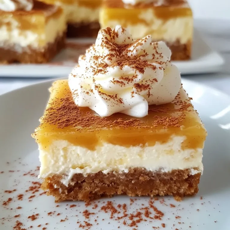 - 2 cups graham cracker crumbs - 1/2 cup unsalted butter, melted - 1/4 cup brown sugar - 1 teaspoon ground ginger - 1 teaspoon ground cinnamon - 1/4 teaspoon ground cloves - 1 (8 oz) package cream cheese, softened - 1 cup powdered sugar - 1 teaspoon vanilla extract - 2 large eggs - 1/2 cup sour cream - 1/4 cup molasses - 1/2 teaspoon salt - Whipped cream and ground cinnamon for garnish (optional) - Nuts for topping - Chocolate drizzle I love using graham cracker crumbs for the crust. They add a sweet crunch. Combine these with melted butter and brown sugar. The spices—ginger, cinnamon, and cloves—bring warmth and holiday cheer to the mix. For the creamy layer, I use softened cream cheese. It blends well with powdered sugar for sweetness. The eggs and sour cream make it rich and smooth. Molasses adds a deep, warm flavor that ties it all together. You can also get creative with toppings. Whipped cream and a sprinkle of cinnamon make it festive. Nuts add a nice crunch, and chocolate drizzle gives a sweet touch. These ingredients create a balance of flavors that make each bite delightful. {{ingredient_image_1}} - Preheat oven to 350°F (175°C). - Line an 8x8 inch baking pan with parchment paper. To make the crust, mix these ingredients in a bowl: - 2 cups graham cracker crumbs - 1/2 cup unsalted butter, melted - 1/4 cup brown sugar - 1 teaspoon ground ginger - 1 teaspoon ground cinnamon - 1/4 teaspoon ground cloves Stir until the mixture looks like wet sand. Press the mixture into the bottom of the pan. Bake it for 10 minutes, then let it cool. In a large bowl, beat one package of softened cream cheese until smooth. Add these ingredients one at a time: - 1 cup powdered sugar - 1 teaspoon vanilla extract - 2 large eggs - 1/2 cup sour cream - 1/4 cup molasses - 1/2 teaspoon salt Mix until everything blends well. Pour this cheesecake mixture over your cooled crust. Spread it out evenly. Bake for 30 to 35 minutes. The edges should be set, but the center will jiggle a bit. After baking, let it cool at room temperature for an hour. Then, put it in the fridge to chill for at least 4 hours or overnight. When ready, lift the bars out using the parchment paper. Cut them into squares and enjoy! To get the best texture, make sure your cream cheese is soft. If it’s too cold, your batter will be lumpy. Let it sit out for about 30 minutes before using. Also, avoid overmixing the cheesecake batter. Mix just enough to combine the ingredients. Overmixing can add too much air, causing cracks when it bakes. Garnishing makes your bars look and taste even better. I love using whipped cream and a sprinkle of ground cinnamon on top. It adds a nice touch and extra flavor. You can also explore other toppings like crushed nuts or a drizzle of chocolate. These toppings add a fun twist and a crunch. Sometimes, cracks can appear on the cheesecake. To fix this, avoid opening the oven door while baking. Also, letting the cheesecake cool slowly helps prevent cracks. If your bars do not set properly, ensure you baked them long enough. The edges should be firm, but the center can still jiggle slightly. If they do not set, chilling them longer in the fridge can help. Pro Tips Chill Thoroughly: Allowing the cheesecake bars to chill overnight ensures they set properly and enhances the flavors, making them more enjoyable. Use Room Temperature Ingredients: Make sure your cream cheese, eggs, and sour cream are at room temperature to achieve a smooth, lump-free batter. Don’t Overbake: The center should have a slight jiggle when you take it out of the oven; it will continue to set as it cools. Garnish with Care: A dollop of whipped cream and a sprinkle of cinnamon add a festive touch, but avoid overdoing it to keep the presentation elegant. {{image_2}} You can make these bars even more delightful with simple changes. Adding pumpkin pie spice gives a warm flavor twist. This spice mix pairs well with the ginger and cinnamon. You can also toss in chocolate chip pieces for a sweet surprise. These rich bits melt and add a creamy texture. For those with dietary needs, there are easy swaps. You can create a gluten-free crust using crushed gluten-free cookies. This keeps the base tasty without the gluten. If you want a vegan option, substitute the cream cheese with a plant-based version. Use flax eggs instead of regular eggs to keep it dairy-free. These bars shine at holiday gatherings. Pair them with a cup of coffee or spiced tea. The warmth of the drinks brings out the flavors of the cheesecake. You can also serve them at potlucks or festive dinners. The bars will impress your friends and family, making you the star of the event. To keep your gingerbread cheesecake bars fresh, store leftovers in the fridge. - Place them in an airtight container. - If you do not have a container, cover them tightly with plastic wrap. - This helps keep them moist and tasty. If you want to save them for later, freezing is a great option. - Cut the bars into pieces before freezing. - Wrap each piece in plastic wrap, then place them in a freezer bag. - Make sure to squeeze out as much air as possible. - These bars freeze well for up to three months. In the refrigerator, these bars last about five days. - Keep an eye on them, as they can dry out over time. When checking for spoilage, watch for these signs: - A change in color or texture. - Any unusual smells. - If you see mold, throw them away immediately. Storing them properly ensures you enjoy these treats longer! To cut cheesecake bars well, use a sharp knife. Dip the knife in hot water before cutting. Wipe the knife clean after each cut. This keeps the edges neat. For best results, chill the bars for a few hours before cutting. This makes them firm and easier to slice. Yes, you can make these bars ahead of time! They store well in the fridge. Make them up to three days in advance. Just cover them tightly with plastic wrap. This keeps them fresh and tasty. You can also freeze them for up to two months. Thaw in the fridge before serving. The cheesecake is done when the edges are set. The center should still jiggle slightly. This slight jiggle means it will firm up as it cools. You can also check with a toothpick. If it comes out mostly clean, it’s ready. Let it cool at room temperature before chilling. In this blog post, I shared how to make delicious cheesecake bars. We covered all the needed ingredients, step-by-step instructions, and helpful tips to get perfect results. Remember to soften the cream cheese, and enjoy fun toppings like whipped cream or nuts. These bars are great for gatherings and easy to store. With these insights, you can impress your friends and family with tasty treats. Now, grab your ingredients and start baking!