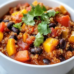 To make this tasty vegan chili, gather these main ingredients: - 1 cup quinoa, rinsed and drained - 1 can (15 oz) black beans, rinsed and drained - 1 can (15 oz) kidney beans, rinsed and drained - 1 can (14.5 oz) diced tomatoes (with juice) - 1 medium onion, chopped - 2 cloves garlic, minced - 1 red bell pepper, diced - 1 green bell pepper, diced - 1 jalapeño pepper, minced (seeds removed for less heat) - 1 tablespoon olive oil - 2 tablespoons chili powder - 1 teaspoon cumin - 1 teaspoon smoked paprika - ½ teaspoon cayenne pepper (adjust for heat) - Salt and pepper to taste - 4 cups vegetable broth - 1 cup corn (fresh, frozen, or canned) - 2 tablespoons lime juice - Fresh cilantro, chopped (for garnish) These ingredients create a rich and hearty dish. Quinoa adds a nice texture, while beans provide protein. You can customize your chili with these optional ingredients: - Zucchini, diced - Carrots, diced - Celery, chopped - Sweet potatoes, diced - Different beans, like pinto or white beans - Chili peppers, for extra heat Feel free to mix and match. Adding vegetables boosts nutrients and flavor. Choosing fresh ingredients makes your chili tastier. Here are some tips: - Look for firm, bright bell peppers. They should feel heavy for their size. - Choose tomatoes that are plump and fragrant. Avoid any with bruises. - Opt for quinoa that is clean and free of debris. - When selecting canned beans, check for low sodium options. Fresh ingredients elevate your dish. They also add more color and flavor to your vegan chili. {{ingredient_image_1}} Start by gathering all your ingredients. You will need: - 1 cup quinoa, rinsed and drained - 1 can (15 oz) black beans, rinsed and drained - 1 can (15 oz) kidney beans, rinsed and drained - 1 can (14.5 oz) diced tomatoes (with juice) - 1 medium onion, chopped - 2 cloves garlic, minced - 1 red bell pepper, diced - 1 green bell pepper, diced - 1 jalapeño pepper, minced (seeds removed for less heat) - 1 tablespoon olive oil - 2 tablespoons chili powder - 1 teaspoon cumin - 1 teaspoon smoked paprika - ½ teaspoon cayenne pepper (adjust for heat) - Salt and pepper to taste - 4 cups vegetable broth - 1 cup corn (fresh, frozen, or canned) - 2 tablespoons lime juice - Fresh cilantro, chopped (for garnish) Chopping the onion, garlic, and peppers gives you a head start. Rinse the quinoa well to remove any bitterness. This step is key for flavor. In a large pot, heat the olive oil over medium heat. Add the chopped onion and garlic. Sauté for about 3-4 minutes until the onion turns soft. Then, add the diced red and green bell peppers along with the jalapeño. Cook these for another 4-5 minutes until they soften. Now, it’s time to combine everything. Add the quinoa, black beans, kidney beans, diced tomatoes, corn, and vegetable broth to the pot. Sprinkle in the chili powder, cumin, smoked paprika, cayenne pepper, salt, and pepper. Stir well to mix all the flavors. Bring the mixture to a boil. After that, reduce the heat to low and let it simmer. Keep it uncovered for about 30-35 minutes. Stir occasionally. The quinoa will puff up, and the chili will get nice and thick. Once the chili has thickened, stir in the lime juice. This brightens the dish. Taste and adjust the seasoning if needed. Serve your vegan chili hot. Top it with freshly chopped cilantro for a pop of color and flavor. This chili pairs well with crusty bread or over rice. Enjoy your easy and flavorful weeknight meal! To make your chili burst with flavor, focus on the base. Start by sautéing onions and garlic in olive oil until they turn soft. This step adds depth. Next, add the bell peppers and jalapeño. Let them cook until they soften. This builds a great foundation. Use quality spices. Chili powder, cumin, and smoked paprika bring warmth and richness. Don't rush; let the spices bloom in the pot before adding other ingredients. This helps to release their full flavor. Finally, add lime juice at the end. It brightens the dish and ties everything together. Spice is personal. To control heat, start with milder peppers. You can remove seeds from the jalapeño for less kick. If you want more heat, add cayenne pepper. A little goes a long way. Taste as you cook. You can always add more spice, but it’s hard to take it out! For those who love heat, try adding a dash of hot sauce before serving. This gives a fresh burst of flavor and heat. Busy nights call for quick meals. Use canned beans and diced tomatoes to save time. They are already cooked and ready to go. Prep vegetables ahead of time. Chop onions and peppers the night before. Store them in the fridge for easy access. Cook the quinoa in the same pot as the chili. This saves you from washing extra dishes. Just stir it in with the other ingredients. Let it simmer together. In about 30 minutes, you’ll have a hearty meal. Pro Tips Adjust the Heat: If you prefer a milder chili, remove all the seeds from the jalapeño or use a smaller amount of cayenne pepper. Make it a Meal: Serve this chili over a bed of rice or quinoa for a heartier dish that adds extra texture and flavor. Store Leftovers Properly: This chili keeps well in the refrigerator for up to 5 days. For longer storage, freeze in airtight containers for up to 3 months. Garnish for Flavor: Fresh cilantro and a squeeze of lime juice enhance the flavors of the chili, making each bite refreshing. {{image_2}} You can switch ingredients to change the flavor. If you don't have quinoa, use rice or lentils. These grains offer great texture. You can also swap black beans for pinto beans. They provide a creamy taste. For a different twist, add chickpeas instead. They add protein and a unique flavor. If you dislike spicy food, skip the jalapeño. Use bell peppers for sweetness instead. Cooking methods can change how your chili tastes. If you want to use a slow cooker, add all ingredients to the pot. Cook on low for 6-8 hours. This method lets the flavors blend well. If you're short on time, try the Instant Pot. Set it to high pressure for 15 minutes. Let it release naturally for 10 minutes before opening. Both methods make a tasty chili. You can easily make this chili into a stew or soup. To turn it into a stew, add less broth. This keeps it thick and hearty. For a soup, add more vegetable broth. You can also include more veggies like carrots or zucchini. This boosts nutrition and adds color. Adjust the spices to fit your taste. Enjoy your creation in any form! After you enjoy your chili, let it cool. Then, transfer it to a clean, airtight container. Make sure to seal it well. You can keep it in the fridge for up to four days. If you want to save it longer, freezing is a great option. For long-term storage, use freezer-safe containers or heavy-duty freezer bags. Portion your chili into smaller amounts. This way, you can defrost only what you need. Label each container with the date and contents. It can last up to three months in the freezer. Reheating your chili is easy. You can use the stove or microwave. For the stove, pour your chili into a pot. Heat on medium, stirring often until it's warm. If using a microwave, place it in a microwave-safe dish. Heat in short bursts, stirring in between, until hot. If needed, add a splash of broth or water to loosen it up. The best topping for vegan chili is fresh cilantro. It adds a bright flavor. You can also use avocado for creaminess. Crumbled tortilla chips add a nice crunch. For a spicy kick, try sliced jalapeños. Vegan sour cream works well too. Each topping enhances the chili's taste, making it even more enjoyable. Yes, you can make vegan chili ahead of time. In fact, it tastes even better the next day! Just store it in an airtight container in the fridge. It will keep well for about 3 to 5 days. You can also freeze it for up to 3 months. Just thaw it overnight before reheating. To make vegan chili spicier, you can add more jalapeño or cayenne pepper. You can also include crushed red pepper flakes. A dash of hot sauce will do the trick too. Start with small amounts, then taste as you go. This way, you can find the right level of heat for you. In this post, we explored the best ingredients for vegan chili and how to prepare it. You learned tips to choose fresh ingredients and make it unique to your taste. The step-by-step guide made cooking easy, even for busy nights. We covered popular variations, storage tips, and answered common questions. You now have the tools to make a delicious chili. So grab your pot and start cooking! Enjoy every bite and share your creation with friends. Your homemade vegan chili awaits!