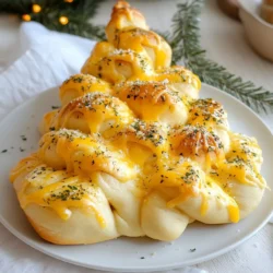 - 3 cups all-purpose flour - 1 packet (2 1/4 teaspoons) instant yeast - 1 teaspoon sugar - 1 teaspoon salt For Cheesy Christmas Tree Bread, you need some basic items. First, all-purpose flour gives structure to the bread. The instant yeast helps it rise quickly. Sugar adds a hint of sweetness, while salt brings out the flavors. - 2 tablespoons olive oil - 1 cup shredded mozzarella cheese - 1/2 cup grated Parmesan cheese - 1 teaspoon garlic powder - 1 teaspoon dried Italian herbs (oregano, basil) Next, we add flavor. Olive oil makes the dough rich and smooth. Mozzarella cheese gives that lovely stretch and melt. Parmesan cheese adds a nice sharpness. Garlic powder and dried Italian herbs boost the taste and aroma. - Sesame seeds or poppy seeds Finally, for a special touch, consider optional garnishes. Sesame seeds or poppy seeds add crunch and visual appeal. They make the bread look festive and inviting! {{ingredient_image_1}} 1. First, I activate the yeast. In a large bowl, mix warm water, sugar, and yeast. Let it sit for about 5 minutes. It should get frothy. 2. Then, I add olive oil, salt, and 2 cups of flour to the yeast mix. I stir it well. 3. I gradually add the rest of the flour. I do this one cup at a time until the dough forms. 4. Next, I knead the dough on a floured surface for about 5-7 minutes. It should feel smooth and elastic. 1. Now, I place the kneaded dough in a greased bowl. I cover it with a damp cloth. I let it rise in a warm spot for about 1 hour. The dough should double in size. 2. Once the dough has risen, I punch it down gently. I roll it out into a triangle shape on a floured surface. 1. I cut the triangle into smaller triangle-shaped pieces. These will be like the branches of the tree. 2. I sprinkle mozzarella cheese, Parmesan cheese, garlic powder, and Italian herbs on the bottom two-thirds of the dough. 3. Next, I fold the top part of the dough down over the cheese mix. I press gently to seal it. 4. I cut vertical strips from the base of the dough to the sealed top. I leave about an inch at the top uncut. 5. I twist each strip of dough to form the branches of the Christmas tree. 6. I arrange the twisted pieces in a tree shape on a baking sheet lined with parchment paper. 7. Lastly, I beat an egg and brush it over the dough for a shiny finish. I can sprinkle sesame or poppy seeds on top if I want. 8. I bake the bread in a preheated oven at 375°F (190°C) for 25-30 minutes. It should turn golden brown. I allow it to cool slightly before serving. To make the best dough, avoid common mistakes. One big mistake is adding too much flour. This can make the bread dry. Always measure flour carefully. Use a spoon to scoop flour into the cup, then level it off. Another tip is to knead the dough well. Knead it for about 5-7 minutes. This helps develop gluten. Gluten gives the bread its nice, chewy texture. If the dough feels sticky, add a little more flour, but don’t add too much! Cheese is key to this bread. For the best taste, mix mozzarella and Parmesan. Mozzarella gives a great melt, while Parmesan adds a nice sharpness. You can also try adding cheddar or gouda for a twist! Spices can boost flavor, too. Garlic powder is a must for a savory kick. Dried Italian herbs like oregano and basil make the taste even better. Experiment with your favorite spices. A pinch of crushed red pepper can add some heat! Baking time and temperature are crucial. Preheat your oven to 375°F (190°C). Bake the bread for 25-30 minutes. Keep an eye on it. You want it golden brown. To check if it’s done, tap the bottom of the bread. If it sounds hollow, it’s ready! Let it cool slightly before serving. This allows the cheese to set a bit, making it easier to slice. Pro Tips Perfect Dough Consistency: Ensure your dough is not too sticky or too dry. Adjust with small amounts of flour or water until it feels smooth and elastic. Flavor Enhancements: Experiment with adding herbs or spices to the dough, such as rosemary or thyme, for an extra layer of flavor in your bread. Cheese Variations: Feel free to mix different cheeses like cheddar or gouda for a unique twist on the classic cheesy flavor. Serve Warm: For the best taste experience, serve the bread warm out of the oven, accompanied by a dipping sauce like marinara or garlic butter. {{image_2}} You can switch up the cheese in your Cheesy Christmas Tree Bread. Try using provolone or gouda for a different flavor. If you want a sharper taste, use cheddar cheese. For a creamy twist, cream cheese works well. If you follow a vegan diet, use plant-based cheese. Look for options made from nuts or soy. These can melt nicely and add great flavor. Want to spice things up? Add spinach or sun-dried tomatoes to the cheese mix. These ingredients add color and taste. You can even add cooked bacon for extra richness. For dessert lovers, try a sweet version. Use Nutella or chocolate chips instead of cheese. This will create a fun holiday treat. How you serve the bread can make it even more special. Place the Cheesy Christmas Tree Bread on a wooden board. Garnish it with fresh herbs or even small holiday ornaments. Serve it with marinara sauce or garlic butter for extra flavor. You can even add a side of pesto for a fresh taste. These ideas will impress your guests and make the dish stand out. To keep your Cheesy Christmas Tree Bread fresh, wrap it tightly in plastic wrap or foil. This helps prevent it from drying out. Store it in the fridge for up to three days. If you have more bread than you can eat, consider freezing it. You can freeze the pre-baked dough or the baked bread. To freeze pre-baked dough, shape it into a tree and wrap it well. Store it in an airtight bag for up to three months. For baked bread, let it cool first. Wrap it tightly and freeze for up to three months as well. To reheat your bread and keep it tasty, use the oven. Preheat it to 350°F (175°C). Place the bread on a baking sheet and cover it loosely with foil. Bake for about 10-15 minutes. This method warms the bread without making it soggy. If you want to reheat individual pieces, the microwave works too. Heat for about 15-20 seconds. However, this may make the bread soft. To avoid sogginess, try to reheat it in the oven when possible. Enjoy your festive treat warmed and ready to share! Making Cheesy Christmas Tree Bread takes about 1 hour and 30 minutes. - Prep time: 20 minutes - Rise time: 1 hour - Cook time: 25-30 minutes This gives you time to enjoy the fun of baking while the dough rises. Yes, you can prepare this bread ahead of time. - Dough storage: After kneading, cover it and place it in the fridge for up to 24 hours. - Baked bread: Once baked, keep it in an airtight container for up to 2 days. This way, you can enjoy fresh bread without last-minute stress. Cheesy Christmas Tree Bread pairs well with many dips. - Dips: Marinara sauce or garlic butter dip enhance the flavors. - Complementary dishes: Serve with a fresh salad or a charcuterie board for variety. These options make your bread a star at any gathering. Cheesy Christmas Tree Bread is a fun and delicious dish. We covered its ingredients, from basic flour to tasty cheeses. You learned how to make the dough and shape it into a festive tree. Tips helped you avoid mistakes and bake it perfectly. Don’t forget the many variations and how to store leftovers. Now you can impress friends and family with your tasty creation. Enjoy making this treat and sharing it during the holidays!