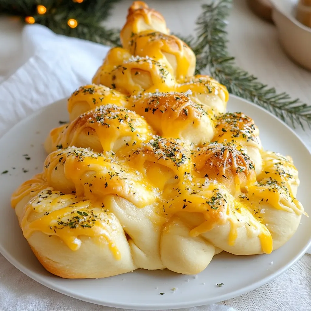 - 3 cups all-purpose flour - 1 packet (2 1/4 teaspoons) instant yeast - 1 teaspoon sugar - 1 teaspoon salt For Cheesy Christmas Tree Bread, you need some basic items. First, all-purpose flour gives structure to the bread. The instant yeast helps it rise quickly. Sugar adds a hint of sweetness, while salt brings out the flavors. - 2 tablespoons olive oil - 1 cup shredded mozzarella cheese - 1/2 cup grated Parmesan cheese - 1 teaspoon garlic powder - 1 teaspoon dried Italian herbs (oregano, basil) Next, we add flavor. Olive oil makes the dough rich and smooth. Mozzarella cheese gives that lovely stretch and melt. Parmesan cheese adds a nice sharpness. Garlic powder and dried Italian herbs boost the taste and aroma. - Sesame seeds or poppy seeds Finally, for a special touch, consider optional garnishes. Sesame seeds or poppy seeds add crunch and visual appeal. They make the bread look festive and inviting! {{ingredient_image_1}} 1. First, I activate the yeast. In a large bowl, mix warm water, sugar, and yeast. Let it sit for about 5 minutes. It should get frothy. 2. Then, I add olive oil, salt, and 2 cups of flour to the yeast mix. I stir it well. 3. I gradually add the rest of the flour. I do this one cup at a time until the dough forms. 4. Next, I knead the dough on a floured surface for about 5-7 minutes. It should feel smooth and elastic. 1. Now, I place the kneaded dough in a greased bowl. I cover it with a damp cloth. I let it rise in a warm spot for about 1 hour. The dough should double in size. 2. Once the dough has risen, I punch it down gently. I roll it out into a triangle shape on a floured surface. 1. I cut the triangle into smaller triangle-shaped pieces. These will be like the branches of the tree. 2. I sprinkle mozzarella cheese, Parmesan cheese, garlic powder, and Italian herbs on the bottom two-thirds of the dough. 3. Next, I fold the top part of the dough down over the cheese mix. I press gently to seal it. 4. I cut vertical strips from the base of the dough to the sealed top. I leave about an inch at the top uncut. 5. I twist each strip of dough to form the branches of the Christmas tree. 6. I arrange the twisted pieces in a tree shape on a baking sheet lined with parchment paper. 7. Lastly, I beat an egg and brush it over the dough for a shiny finish. I can sprinkle sesame or poppy seeds on top if I want. 8. I bake the bread in a preheated oven at 375°F (190°C) for 25-30 minutes. It should turn golden brown. I allow it to cool slightly before serving. To make the best dough, avoid common mistakes. One big mistake is adding too much flour. This can make the bread dry. Always measure flour carefully. Use a spoon to scoop flour into the cup, then level it off. Another tip is to knead the dough well. Knead it for about 5-7 minutes. This helps develop gluten. Gluten gives the bread its nice, chewy texture. If the dough feels sticky, add a little more flour, but don’t add too much! Cheese is key to this bread. For the best taste, mix mozzarella and Parmesan. Mozzarella gives a great melt, while Parmesan adds a nice sharpness. You can also try adding cheddar or gouda for a twist! Spices can boost flavor, too. Garlic powder is a must for a savory kick. Dried Italian herbs like oregano and basil make the taste even better. Experiment with your favorite spices. A pinch of crushed red pepper can add some heat! Baking time and temperature are crucial. Preheat your oven to 375°F (190°C). Bake the bread for 25-30 minutes. Keep an eye on it. You want it golden brown. To check if it’s done, tap the bottom of the bread. If it sounds hollow, it’s ready! Let it cool slightly before serving. This allows the cheese to set a bit, making it easier to slice. Pro Tips Perfect Dough Consistency: Ensure your dough is not too sticky or too dry. Adjust with small amounts of flour or water until it feels smooth and elastic. Flavor Enhancements: Experiment with adding herbs or spices to the dough, such as rosemary or thyme, for an extra layer of flavor in your bread. Cheese Variations: Feel free to mix different cheeses like cheddar or gouda for a unique twist on the classic cheesy flavor. Serve Warm: For the best taste experience, serve the bread warm out of the oven, accompanied by a dipping sauce like marinara or garlic butter. {{image_2}} You can switch up the cheese in your Cheesy Christmas Tree Bread. Try using provolone or gouda for a different flavor. If you want a sharper taste, use cheddar cheese. For a creamy twist, cream cheese works well. If you follow a vegan diet, use plant-based cheese. Look for options made from nuts or soy. These can melt nicely and add great flavor. Want to spice things up? Add spinach or sun-dried tomatoes to the cheese mix. These ingredients add color and taste. You can even add cooked bacon for extra richness. For dessert lovers, try a sweet version. Use Nutella or chocolate chips instead of cheese. This will create a fun holiday treat. How you serve the bread can make it even more special. Place the Cheesy Christmas Tree Bread on a wooden board. Garnish it with fresh herbs or even small holiday ornaments. Serve it with marinara sauce or garlic butter for extra flavor. You can even add a side of pesto for a fresh taste. These ideas will impress your guests and make the dish stand out. To keep your Cheesy Christmas Tree Bread fresh, wrap it tightly in plastic wrap or foil. This helps prevent it from drying out. Store it in the fridge for up to three days. If you have more bread than you can eat, consider freezing it. You can freeze the pre-baked dough or the baked bread. To freeze pre-baked dough, shape it into a tree and wrap it well. Store it in an airtight bag for up to three months. For baked bread, let it cool first. Wrap it tightly and freeze for up to three months as well. To reheat your bread and keep it tasty, use the oven. Preheat it to 350°F (175°C). Place the bread on a baking sheet and cover it loosely with foil. Bake for about 10-15 minutes. This method warms the bread without making it soggy. If you want to reheat individual pieces, the microwave works too. Heat for about 15-20 seconds. However, this may make the bread soft. To avoid sogginess, try to reheat it in the oven when possible. Enjoy your festive treat warmed and ready to share! Making Cheesy Christmas Tree Bread takes about 1 hour and 30 minutes. - Prep time: 20 minutes - Rise time: 1 hour - Cook time: 25-30 minutes This gives you time to enjoy the fun of baking while the dough rises. Yes, you can prepare this bread ahead of time. - Dough storage: After kneading, cover it and place it in the fridge for up to 24 hours. - Baked bread: Once baked, keep it in an airtight container for up to 2 days. This way, you can enjoy fresh bread without last-minute stress. Cheesy Christmas Tree Bread pairs well with many dips. - Dips: Marinara sauce or garlic butter dip enhance the flavors. - Complementary dishes: Serve with a fresh salad or a charcuterie board for variety. These options make your bread a star at any gathering. Cheesy Christmas Tree Bread is a fun and delicious dish. We covered its ingredients, from basic flour to tasty cheeses. You learned how to make the dough and shape it into a festive tree. Tips helped you avoid mistakes and bake it perfectly. Don’t forget the many variations and how to store leftovers. Now you can impress friends and family with your tasty creation. Enjoy making this treat and sharing it during the holidays!