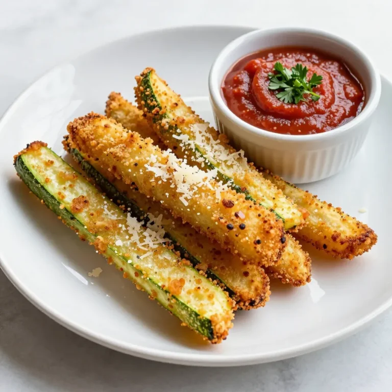 To make Air Fryer Parmesan Zucchini Fries, gather these items: - 2 medium zucchinis, cut into fry shapes - 1 cup panko breadcrumbs - ½ cup grated Parmesan cheese - 1 teaspoon garlic powder - 1 teaspoon onion powder - ½ teaspoon dried oregano - ½ teaspoon paprika - 2 large eggs - Salt and pepper to taste - Olive oil spray These ingredients create a crispy and tasty snack or side dish that everyone will love. You can swap some ingredients if needed: - Use regular breadcrumbs instead of panko for a different texture. - Try other cheeses like cheddar or mozzarella for a unique flavor. - Replace eggs with a flax egg for a vegan option. - Use fresh herbs instead of dried for a fresher taste. - If you want, add spices like cayenne for a kick. These alternatives help customize the dish to your taste. Here's a quick look at the nutrition per serving (based on 4 servings): - Calories: 220 - Protein: 9g - Fat: 10g - Carbohydrates: 28g - Fiber: 2g - Sugars: 2g These fries are a great way to enjoy veggies while keeping things tasty and healthy. {{ingredient_image_1}} Start with two medium zucchinis. Wash them well under cold water. Cut each zucchini into fry shapes. Aim for uniform sizes so they cook evenly. You want them about a quarter-inch thick. This size gives a nice crunch. After cutting, pat them dry with a paper towel. This step helps the coating stick better. In a mixing bowl, combine the coating ingredients. Use one cup of panko breadcrumbs and half a cup of grated Parmesan cheese. Add one teaspoon of garlic powder and one teaspoon of onion powder. Then, sprinkle in half a teaspoon of dried oregano and half a teaspoon of paprika. Season with salt and pepper to taste. Mix everything well so the flavors blend together. In a separate bowl, whisk two large eggs until smooth. This helps the coating stick to the zucchini fries. Preheat your air fryer to 400°F (200°C). This step is key for crispy fries. Dip each zucchini fry into the beaten eggs first. Let any extra egg drip off. Next, coat it in the breadcrumb mixture. Press lightly to make sure it sticks. Place the coated fries in a single layer in the air fryer basket. Do not let them touch. This ensures that each fry gets crispy. Lightly spray them with olive oil spray for even more crunch. Cook the zucchini fries for 10 to 12 minutes. Shake the basket halfway through for even cooking. They are ready when they turn golden brown and crispy. Once done, let them cool slightly before serving. Enjoy these tasty, crispy fries! To get your zucchini fries extra crispy, follow these tips: - Use Panko Breadcrumbs: They create a light and crunchy coating. Regular breadcrumbs won't have the same texture. - Dry the Zucchini: After cutting, pat the zucchini with paper towels. This step removes excess moisture. - Spray with Olive Oil: A light spray helps the fries crisp up. Too much oil can make them soggy. - Don’t Overcrowd the Basket: Arrange the fries in a single layer. This helps hot air circulate around each fry. Here are some best practices for using your air fryer: - Preheat the Air Fryer: Preheating ensures even cooking. Set it to 400°F (200°C) before you start. - Shake the Basket: At the halfway point, shake the basket gently. This helps fries cook evenly on all sides. - Adjust Time for Thickness: If your fries are thicker, add a minute or two to the cook time. Keep an eye on them to avoid burning. Watch out for these common mistakes: - Skipping the Egg Wash: The egg helps the coating stick. Don't skip this step for best results. - Not Seasoning Enough: Add salt and pepper generously. Seasoning enhances the flavor of the zucchini. - Ignoring Cook Times: Each air fryer is different. Check for doneness a minute before the time is up. You want them golden brown and crispy. Pro Tips Cut Evenly: Make sure to cut your zucchini fries into uniform sizes to ensure they cook evenly and achieve the perfect crispiness. Double-Dip for Crunch: For extra crunch, consider double-dipping your zucchini fries in the egg and breadcrumb mixture before air frying. Don’t Overcrowd: Place the zucchini fries in a single layer in the air fryer basket. Overcrowding can lead to soggy fries instead of crispy ones. Experiment with Spices: Feel free to customize the seasoning mix with your favorite spices or herbs to give your zucchini fries a unique flavor. {{image_2}} You can switch up the cheese for your zucchini fries. Instead of Parmesan, try using mozzarella for a gooey texture. Cheddar adds a sharp flavor that many love. For a twist, use feta cheese for a tangy kick. Each cheese will change the taste, keeping your fries fun and exciting. Spices and herbs can enhance your zucchini fries. Add Italian seasoning for a classic taste. Cayenne pepper gives a spicy kick for heat lovers. Fresh herbs like thyme or rosemary add a bright touch. You can even mix in lemon zest for a fresh zing. Experiment with what you like best! If you need a gluten-free option, swap panko breadcrumbs with crushed gluten-free crackers or almond flour. Both work well to give you a nice crunch. You can also use chickpea flour for a nutty flavor. These alternatives keep your fries crispy and delicious without gluten. To store leftover zucchini fries, let them cool first. Then, place them in an airtight container. Keep them in the fridge for up to three days. Make sure they are not stacked on top of each other. This will help keep them crispy. To reheat zucchini fries, use your air fryer. Set it to 350°F (175°C). Place the fries in a single layer. Heat for about 5 minutes. This method keeps them crispy. You can also use a toaster oven. Just avoid using the microwave. It makes them soggy. You can freeze zucchini fries for later use. First, cook the fries as usual. Once they cool, place them in a single layer on a baking sheet. Freeze them for about 1-2 hours. Then, move them to a freezer bag. They can last up to three months in the freezer. When ready to eat, cook them straight from frozen in the air fryer. Yes, you can use many other vegetables! Carrots, sweet potatoes, and eggplant work well. Cut them into fry shapes like zucchini. The same coating and cooking method can apply. You may need to adjust the cook time based on the vegetable's thickness or type. Experiment with your favorites for tasty results! You can still enjoy crispy zucchini fries. Preheat your oven to 425°F (220°C). Follow the same steps for coating zucchini in the recipe. Place the coated fries on a baking sheet lined with parchment paper. Bake for 20-25 minutes or until they are golden brown. Flip them halfway through for even cooking. Zucchini fries taste great with many sauces! Marinara sauce is a classic choice. Ranch dressing adds a creamy touch. You can also try garlic aioli or spicy ketchup for a fun twist. Experiment with different dips to find your favorite pairing! In this blog post, I covered how to make delicious air fryer parmesan zucchini fries. We looked at the ingredients, substitutions, and nutrition, then moved to step-by-step instructions. I shared tips for crispiness, variations, and storage. You can explore other vegetables and even make fries without an air fryer. I encourage you to try this recipe and enjoy a healthy snack. You will love how easy it is to make crispy zucchini fries that taste great and satisfy your cravings. Enjoy!