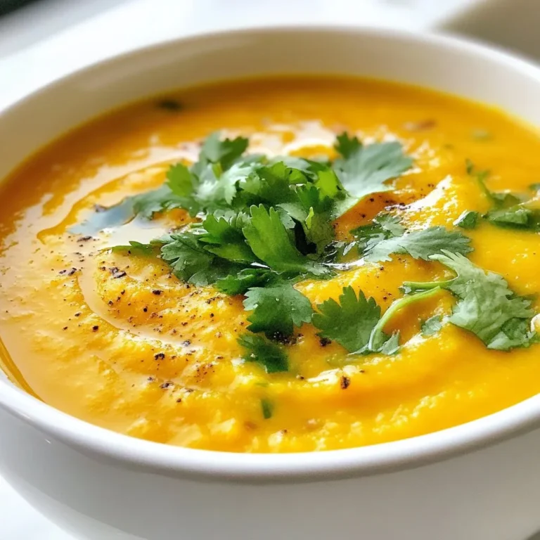 - 2 cups carrots, diced - 1 cup red lentils, rinsed - 1 onion, chopped - 3 cloves garlic, minced - 4 cups vegetable broth - 1 teaspoon ground cumin - 1 teaspoon ground coriander - 1/2 teaspoon smoked paprika - 1 tablespoon olive oil - Salt and pepper to taste - Fresh cilantro or parsley, for garnish - A squeeze of lemon juice Carrot lentil soup is both tasty and easy to make. The ingredients are simple but packed with flavor. Let’s break down what you need. First, you need 2 cups of diced carrots. They add sweetness and color. Next, use 1 cup of rinsed red lentils. These lentils cook fast and give the soup a nice texture. An onion adds depth. Chop one onion and toss it in. You’ll also need 3 cloves of minced garlic for a savory kick. Garlic is a must in many soups! For the base, we use 4 cups of vegetable broth. It keeps everything light and adds flavor. Spices are key in this recipe. You’ll need 1 teaspoon each of ground cumin and ground coriander, plus 1/2 teaspoon of smoked paprika. These spices give the soup its warm, earthy notes. You will also need 1 tablespoon of olive oil. This helps sauté the veggies. Don’t forget salt and pepper to taste. They are essential for balancing the flavors. Finally, for garnish, fresh cilantro or parsley adds a pop of color and freshness. A squeeze of lemon juice brightens the entire dish. This combination makes the soup healthy and flavorful. Enjoy your cooking! {{ingredient_image_1}} - Step 1: Sautéing onions and garlic Start by heating olive oil in a large pot over medium heat. Add the chopped onion and cook it for about 5 minutes. The onion should look clear and soft. Next, add the minced garlic. Cook for 1-2 minutes more until you smell the garlic. - Step 2: Adding carrots and spices Now it’s time to add the diced carrots. Sauté them for another 5 minutes, stirring so they cook evenly. Then, sprinkle in the ground cumin, ground coriander, and smoked paprika. Stir the spices for about 1 minute to bring out their flavors. - Step 3: Cooking lentils and broth Add the rinsed red lentils and vegetable broth to the pot. Bring the mix to a boil. Once it's boiling, turn the heat down to a simmer. Cover the pot and let it cook for 20-25 minutes. You want the lentils and carrots to be soft. - Using an immersion blender vs. regular blender You can use an immersion blender to puree the soup right in the pot. If you don’t have one, carefully transfer the soup to a regular blender in batches. Be careful with the hot soup! - Tips for achieving the desired consistency Blend until smooth. If you want a chunkier soup, blend less. You can always blend more later if needed. - Adjusting flavors with salt, pepper, and lemon juice After pureeing, return the soup to low heat. Taste it and add salt and pepper as needed. A squeeze of lemon juice will brighten the flavors. - Serving suggestions and presentation ideas Serve the soup hot in bowls. Garnish with fresh cilantro or parsley for a pop of color. You can also add a drizzle of olive oil on top for extra richness. - To cook lentils and carrots evenly, cut them into uniform pieces. This helps them cook at the same rate. - Use a large pot to avoid crowding. This allows heat to circulate well. - A wooden spoon works best for stirring. It won’t scratch your pot and feels nice in hand. - Add a pinch of cayenne for heat. It gives the soup a nice kick. - Fresh thyme or bay leaves can add depth to the flavor. Just remember to remove them before serving. - For a creamier texture, blend the soup longer. If you prefer chunks, blend just half. - Serve the soup with crusty bread or a side salad. This makes a hearty meal. - Grilled cheese pairs well, adding a nice crunch and richness. - A dollop of yogurt can add creaminess and balance the flavors. Add a sprinkle of fresh herbs for extra flair. Pro Tips Use Fresh Spices: Freshly ground spices enhance the flavor profile of your soup. Consider using whole spices and grinding them just before cooking for maximum aroma. Adjust Consistency: If you prefer a chunkier soup, reserve some of the carrots and lentils before blending, then stir them back in after pureeing for added texture. Experiment with Greens: Adding a handful of fresh spinach or kale in the last few minutes of cooking can boost nutrition and add a vibrant color to your soup. Store and Reheat: This soup tastes even better the next day! Store leftovers in an airtight container and reheat gently on the stove, adding a splash of water if it thickens too much. {{image_2}} For a vegan version, use vegetable broth instead of chicken broth. If you want oil-free soup, skip the olive oil. Use water or broth for sautéing. For gluten-free diets, check that all ingredients are certified gluten-free. Some broths may contain gluten, so read labels carefully. You can swap out carrots for sweet potatoes or butternut squash. These will give a different sweetness and flavor. Spinach or kale can add color and nutrients. For lentils, use green or brown lentils if you prefer. Just note that cooking times may change slightly. Changing spices can completely alter the taste. Try adding curry powder for an Indian twist or basil for a fresh flavor. You can also incorporate chili flakes for heat or a dash of soy sauce for umami. Look to cuisines from around the world for more ideas! Carrot lentil soup lasts about 4 to 5 days in the fridge. Make sure to store it in an airtight container. This keeps the soup fresh and tasty. Before you eat it, check for any off smells or changes in color. To freeze the soup, let it cool first. Pour the cooled soup into freezer-safe containers. Leave some space at the top for expansion. You can also use freezer bags. When reheating, thaw in the fridge overnight. Heat it on the stove or microwave until warm. This way, it retains its great flavor. Prep your ingredients ahead of time. Chop the carrots, onion, and garlic. Store them in the fridge for up to 3 days. This makes cooking faster. When ready, just toss everything in the pot. For reheating, add a splash of broth. This keeps the soup smooth and tasty. Carrot lentil soup stays good for about 5 days in the fridge. Proper storage is key. Always keep the soup in an airtight container. This helps keep out air and bacteria. If you want to keep it longer, freeze it. In the freezer, it can last up to 3 months. Remember to use freezer-safe containers. When you’re ready to eat, thaw it in the fridge overnight. Yes, you can add meat to your carrot lentil soup. Chicken or turkey works great. You can also use sausage for a spicy kick. Cook the meat separately first, then add it to the soup. This adds protein and makes the soup heartier. Just remember to adjust the seasoning, as meat might change the flavor. Carrot lentil soup is very healthy. Carrots provide vitamins A and C. Lentils are a great source of protein and fiber. Together, they make a filling meal. One serving of this soup has about 200 calories. This is a good amount for a light meal. The soup is low in fat, especially when you use olive oil. It is also great for those watching their diet. Enjoying this soup can help you meet your daily veggie goals. In this article, we explored how to make a delicious carrot lentil soup. We covered the key ingredients, preparation steps, and tips for blending, seasoning, and serving. I shared variations for different diets and storage tips to keep your soup fresh. Remember, cooking is fun and simple! Experiment with flavors to make it your own. Enjoy this soup as a healthy meal or a cozy snack any time. Make it today and share with friends or family for a warm treat.