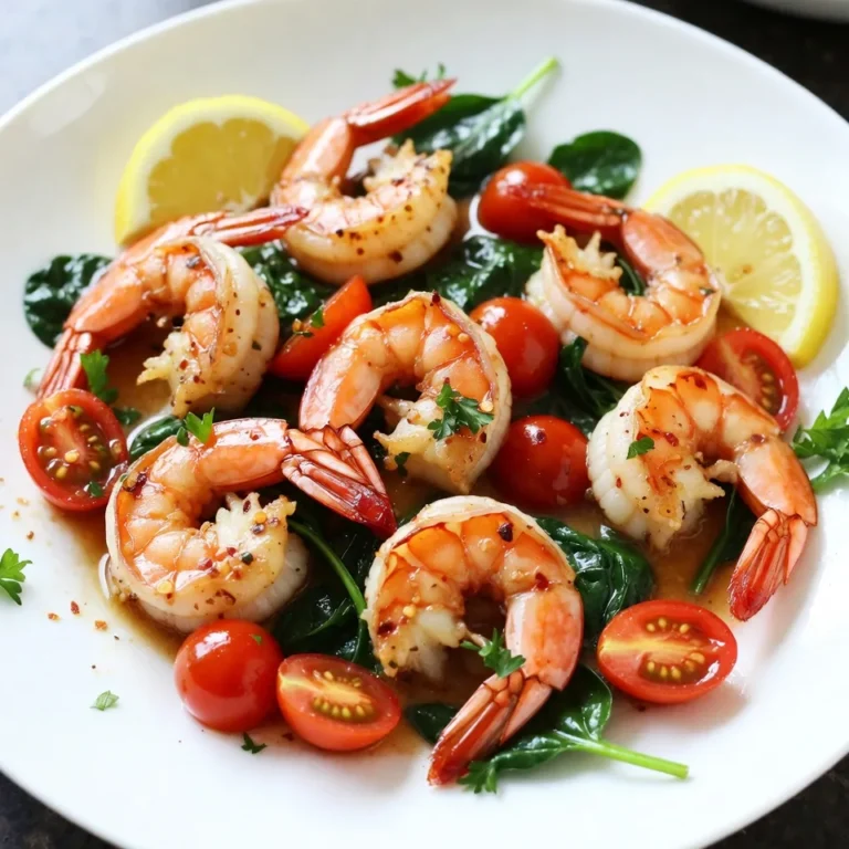 For this dish, you'll need: - 1 lb (450g) large shrimp, peeled and deveined - 4 tablespoons unsalted butter - 4 cloves garlic, minced - 1 teaspoon red pepper flakes (adjust based on spice preference) - 1 lemon, juiced - Salt and pepper to taste - Fresh parsley, chopped, for garnish These main ingredients come together to create a tasty garlic butter sauce. The shrimp provide a sweet and tender bite, while the garlic adds a rich aroma. You can also include: - 1 cup cherry tomatoes, halved - 1 cup spinach leaves - 1 teaspoon olive oil The cherry tomatoes add a pop of color and sweetness. The spinach brings a fresh, green touch. These veggies balance the richness of the butter. This dish serves four people. Each serving has: - Calories: about 360 - Protein: 30g - Fat: 20g - Carbohydrates: 8g This meal is high in protein, making it great for a quick dinner. The fats come mainly from butter, so enjoy in moderation. {{ingredient_image_1}} Start with one pound of large shrimp. Peel and devein them if needed. Rinse the shrimp under cold water and pat them dry. This step keeps the shrimp juicy and helps with cooking. Season the shrimp lightly with salt and pepper. Set them aside while you prepare the other ingredients. Grab a large skillet and melt two tablespoons of unsalted butter over medium-high heat. Add four minced garlic cloves and one teaspoon of red pepper flakes. Stir this mix for about one minute. You want it to smell great but not burn. Then, turn the heat up to high and add the shrimp. Cook them for two to three minutes until they turn pink and opaque. Once done, take them out of the skillet and set them aside. In the same skillet, add two more tablespoons of butter and one teaspoon of olive oil. Once melted, toss in one cup of halved cherry tomatoes. Cook them for about two minutes until they soften. Next, add one cup of fresh spinach leaves and sauté for one minute. The spinach should wilt quickly. Return the shrimp to the skillet and squeeze in the juice of one lemon. Stir everything together and cook for one more minute. Taste the dish and adjust the seasoning if needed. To get the best garlic taste, use fresh garlic. Mince it well for even cooking. Sauté the garlic briefly. You want it fragrant, not brown. Brown garlic can taste bitter. If you love garlic, feel free to add more cloves. To change the heat, play with red pepper flakes. Start with one teaspoon. If you like it hotter, add more. You can also add a pinch of cayenne pepper for extra kick. Always taste as you go to find your perfect level. This dish looks great on a big plate. Add fresh parsley on top for color. Lemon wedges add a bright touch. Serve with crusty bread to soak up the sauce. You can also pair it with rice or pasta for a hearty meal. Pro Tips Shrimp Freshness: Always use fresh or properly thawed shrimp for the best texture and flavor. Frozen shrimp should be thawed in the refrigerator overnight for optimal results. Garlic Cooking: Watch the garlic closely while sautéing to prevent it from burning. Burnt garlic can impart a bitter taste to your dish. Spice Adjustment: Tailor the amount of red pepper flakes to your spice preference. Start with less and add more if needed, especially if serving to guests. Serving Suggestions: To enhance the meal, consider serving the shrimp over a bed of creamy risotto or alongside a light salad for a refreshing contrast. {{image_2}} You can swap shrimp for chicken or tofu. Both options work well in this dish. If you use chicken, cut it into small pieces. Cook it until it is no longer pink. Tofu should be firm and cubed. Sauté until golden for great texture. Feel free to add any veggies you love. Bell peppers, zucchini, or asparagus add color and crunch. You can also use broccoli or green beans for more variety. Just make sure to cook them until tender. This makes the dish even healthier and more filling. Herbs can change the taste of your dish. Try adding fresh basil or thyme for a different twist. You can also use dill or cilantro for a fresh flavor. Just sprinkle them in at the end for the best taste. You can store One-Pan Garlic Butter Shrimp in the fridge. Place it in an airtight container. It stays fresh for up to three days. Before you store it, let it cool down. If you want the best taste, eat it sooner rather than later. To freeze, first, cool the shrimp dish completely. Then, transfer it to a freezer-safe bag. Make sure to remove as much air as possible. It can last in the freezer for up to three months. When you're ready to eat it, thaw it overnight in the fridge. Reheat the shrimp in a skillet over medium heat. This keeps the shrimp tender and flavorful. Stir often to avoid burning. You can also use the microwave. Heat it in short bursts to prevent overcooking. Add a splash of water or broth to keep it moist. Yes, you can use frozen shrimp. Just thaw them first. Place them in cold water for about 15 minutes. After thawing, pat them dry with a paper towel. This helps them cook evenly. Using frozen shrimp can save time when fresh shrimp is not available. To make this dish dairy-free, swap the butter for a plant-based alternative. Use olive oil or coconut oil instead. Both work well and add rich flavor. You can also find dairy-free butter at many grocery stores. This way, you keep the creamy taste without dairy. This shrimp dish pairs well with several sides. Here are some ideas: - Crusty bread to soak up the sauce - Steamed rice for a hearty base - Pasta for a quick twist - A fresh green salad for crunch Each option adds a nice touch to your meal. This article covered all you need for a tasty One-Pan Garlic Butter Shrimp dish. We discussed key ingredients, cooking steps, and tips for great flavor. Remember, you can adjust spice levels and try different veggies. Don’t forget the storage tips for leftovers. Cooking doesn't have to be hard; it can be fun! I hope these ideas inspire you to create your own garlic shrimp masterpiece. Enjoy every bite and share your dish with family and friends!