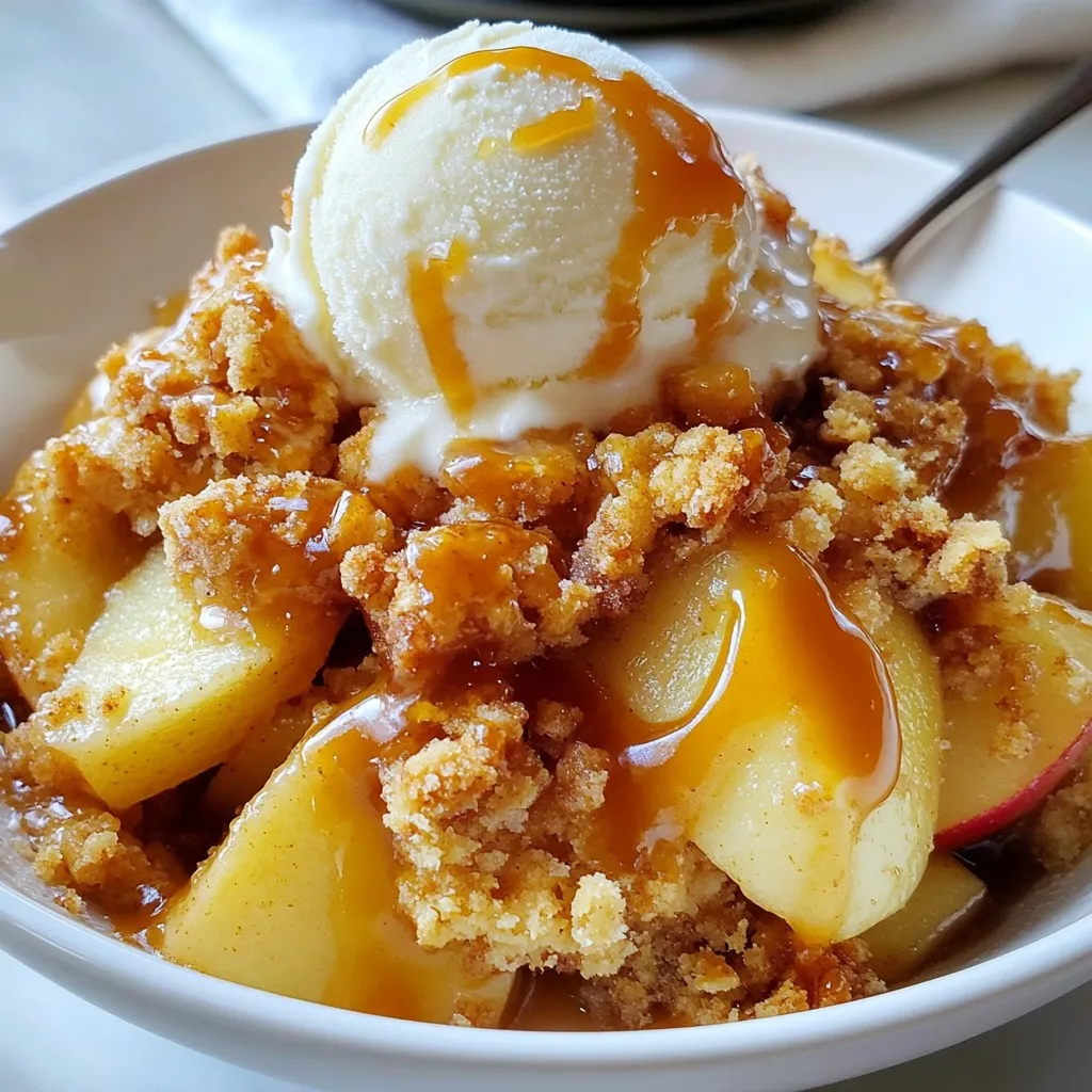 To make a delicious caramel apple crumble, gather these simple ingredients: - 4 medium apples (such as Granny Smith or Honeycrisp), peeled and sliced - 1 cup granulated sugar - 1/2 cup unsalted butter, melted - 1 cup all-purpose flour - 1 cup rolled oats - 1 teaspoon ground cinnamon - 1/2 teaspoon nutmeg - 1/4 teaspoon salt - 1 cup caramel sauce (store-bought or homemade) - Vanilla ice cream (for serving, optional) Using the right apples makes a big difference. I recommend these varieties: - Granny Smith: They are tart and hold their shape well when cooked. - Honeycrisp: Sweet and juicy, they add great flavor and texture. - Fuji: They are crisp and sweet, perfect for baking. These apples create a nice balance of tart and sweet in your crumble. Feel free to customize your crumble with these add-ins: - Chopped nuts: Walnuts or pecans add crunch. - Dried fruits: Raisins or cranberries bring a sweet touch. - Chocolate chips: They melt beautifully and add richness. - Extra spices: Try ginger or allspice for a warm twist. These options will enhance your caramel apple crumble and make it your own. {{ingredient_image_1}} Start by peeling and slicing four medium apples. I like using Granny Smith or Honeycrisp apples. They give a nice sweet and tart flavor. In a mixing bowl, toss the apple slices with half a cup of granulated sugar. Add one teaspoon of ground cinnamon, half a teaspoon of nutmeg, and a quarter teaspoon of salt. This mix makes the apples taste amazing. Spread the apple mixture evenly in a greased 9x13 inch baking dish. In a clean bowl, melt half a cup of unsalted butter. Combine this with the remaining half cup of sugar, one cup of all-purpose flour, and one cup of rolled oats. Stir it all until the mix looks crumbly. This crumble topping is the star of the dish. It adds texture and flavor. Make sure to break up any large clumps for even baking. Now it’s time to assemble and bake. Sprinkle the crumble topping evenly over the apples in your dish. Next, drizzle one cup of caramel sauce over the crumble. This adds a rich, sweet layer. Place the dish in the preheated oven at 350°F. Bake for about 35 to 40 minutes. You want the apples to get tender and the topping to turn golden brown. When it’s done, let it cool a bit before serving. Enjoy it warm, maybe with some vanilla ice cream on top! Choosing the right apples is key. I love using Granny Smith or Honeycrisp. Granny Smith gives a nice tartness. Honeycrisp adds sweetness and crunch. Look for firm apples with no bruises. Their skin should be smooth and shiny. Fresh apples will add the best flavor. For the perfect crumble, use a mix of butter and sugar. Combine melted butter with flour and oats. Mix until you get small crumbs. You want the texture to be crumbly, not wet. This helps create a nice crunch on top. If it feels too dry, add a little more melted butter. Serving your caramel apple crumble warm is a must. I suggest adding a scoop of vanilla ice cream on top. The cold ice cream melts into the warm crumble. It creates a tasty blend of flavors. Drizzling extra caramel sauce on top adds sweet goodness. You can also sprinkle some nuts for extra crunch. Pro Tips Choose the Right Apples: For the best flavor and texture, use a mix of tart and sweet apples like Granny Smith and Honeycrisp. Make Your Own Caramel Sauce: While store-bought caramel works well, homemade caramel adds a rich, personalized touch to your dish. Let It Rest: Allow the crumble to cool slightly before serving; this helps the caramel set and makes it easier to serve. Experiment with Toppings: Try adding nuts or a sprinkle of sea salt on top of the crumble for added texture and flavor contrast. {{image_2}} You can easily make this caramel apple crumble gluten-free. Instead of all-purpose flour, use gluten-free flour. Many blends work well. Make sure your oats are certified gluten-free. This way, everyone can enjoy this treat without worry. Nuts and dried fruits add fun textures and flavors. Try adding 1/2 cup of chopped walnuts or pecans to the crumble. For a fruity twist, mix in 1/2 cup of raisins or dried cranberries. Both options boost flavor and nutrition. Changing spices can create new taste experiences. Instead of just cinnamon and nutmeg, try adding ginger or allspice. You can use a pinch of cardamom for a warm touch. These small changes can make a big difference in flavor. To keep your caramel apple crumble fresh, store it in an airtight container. Place it in the fridge if you have leftovers. It will last for about three to four days. Always let it cool before covering. This helps prevent extra moisture from forming. When you’re ready to enjoy the leftovers, preheat your oven to 350°F (175°C). Place the crumble in an oven-safe dish. Heat it for about 15-20 minutes. This warms it up and keeps the crumble crispy. You can also use a microwave. Just heat it in short bursts, about 30 seconds at a time. Stir in between to ensure even heating. If you want to store your caramel apple crumble for a longer time, freezing is a great option. First, let it cool completely. Then, wrap it tightly in plastic wrap. Next, place it in a freezer-safe bag or container. It can stay fresh for up to three months. To enjoy later, thaw it overnight in the fridge. Then, reheat as mentioned above. This way, you get to savor the delicious flavors anytime! Yes, you can! Pears or peaches work well. They add a sweet twist. Berries also make a tasty choice. Just keep in mind that the cooking time may vary. You want the fruit to be tender, but not mushy. Always taste as you go! Homemade caramel sauce is rich and fresh. You control the flavor and sweetness. Store-bought sauce is convenient and quick. It may have added preservatives. If you love cooking, try making your own. It’s easy and fun! You can use dairy-free butter or coconut oil. For the caramel, look for dairy-free options. Many brands offer great choices. Check the labels to ensure they are safe. You can still enjoy this treat without dairy! In this blog post, we covered how to make a delicious caramel apple crumble. We discussed the best apple varieties and tasty add-ins to enhance flavor. You learned step-by-step instructions for preparing the apples and baking your crumble. We shared tips for choosing apples and perfecting the texture. You also saw storage tips and variations for different diets. Enjoy making this cozy dessert with your favorite fruits. With a few simple steps, you can create a dish that warms your heart and home. Happy baking!