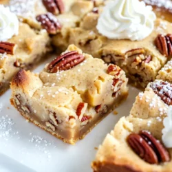 To make these delightful cookie bars, gather these items: - 2 cups all-purpose flour - 1 teaspoon baking powder - 1/2 teaspoon baking soda - 1/2 teaspoon ground nutmeg - 1/4 teaspoon ground cinnamon - 1/2 teaspoon salt - 1/2 cup unsalted butter, softened - 1 cup brown sugar, packed - 1/2 cup granulated sugar - 2 large eggs - 2 teaspoons vanilla extract - 1 cup eggnog (store-bought or homemade) These ingredients create the soft and rich base for the bars. The butter and sugars make them sweet and tender, while the spices add warmth. Feel free to customize your cookie bars! Here are some optional ingredients you can try: - 1/2 cup chopped pecans or walnuts - Whipped cream for topping Adding nuts gives your bars extra crunch. Topping them with whipped cream makes them even more festive and delicious. To make the process smooth, use these tools: - 9x13 inch baking pan - Mixing bowls (one large and one medium) - Whisk - Electric mixer or a sturdy wooden spoon - Rubber spatula - Wire rack These tools help mix the batter well and bake the cookie bars evenly. A wire rack cools them perfectly for cutting. {{ingredient_image_1}} Start by preheating your oven to 350°F (175°C). This step is important for even baking. Next, grab a 9x13 inch baking pan. You can either grease it or line it with parchment paper. Lining the pan makes it easy to remove the bars later. In a medium bowl, whisk together the dry ingredients. Combine 2 cups of all-purpose flour, 1 teaspoon of baking powder, and 1/2 teaspoon of baking soda. Add in 1/2 teaspoon of ground nutmeg, 1/4 teaspoon of ground cinnamon, and 1/2 teaspoon of salt. Mixing these well helps distribute the flavors. Now, take a large mixing bowl and cream together the softened butter and sugars. Use 1/2 cup of unsalted butter, 1 cup of packed brown sugar, and 1/2 cup of granulated sugar. Beat them until the mixture is light and fluffy. Next, add in 2 large eggs, one at a time, mixing well after each addition. Stir in 2 teaspoons of vanilla extract and 1 cup of eggnog. Gradually add the dry mixture into the wet mixture. Do this in parts, alternating with the eggnog. Start and end with the dry ingredients. Mix just until everything is combined. If you want, fold in 1/2 cup of chopped pecans or walnuts for extra texture. Pour your batter into the prepared baking pan. Spread it evenly to ensure even baking. Bake in your preheated oven for 25-30 minutes. To check if they are done, insert a toothpick in the center. It should come out clean when ready. Once baked, let the cookie bars cool in the pan on a wire rack. After they cool, cut them into squares. If you like, top them with whipped cream for a festive look. Serve them on a decorative plate and enjoy your delightful holiday treat. To get the right texture in eggnog cookie bars, start with softened butter. This helps create a light and fluffy mix. Cream the butter with sugars well, about three minutes. This adds air, making your bars soft. Use room-temperature eggs. They mix better and help the batter rise. When mixing, avoid overworking the batter. Overmixing can lead to dense bars. Mix just until combined. This means no dry flour bits remain but the batter should be slightly lumpy. If you want chewy bars, add a little more eggnog. For more cake-like bars, use less eggnog. Measuring ingredients accurately is key. Use a dry measuring cup for flour. Spoon the flour into the cup, then level it off with a knife. Don’t pack the flour down, as this can add too much. For brown sugar, pack it into the cup firmly. This ensures you get the right amount. When measuring liquid ingredients, use a clear liquid measuring cup. Pour the eggnog in and check the measurement at eye level. This way, you can see exactly how much you have. Always measure baking powder and baking soda carefully. Too much can change the taste and texture of your bars. If your cookie bars turn out too dry, you likely used too much flour or baked them too long. Always check for doneness with a toothpick inserted in the center. If it comes out clean or with a few crumbs, they are done. If your bars are too wet, you might need to add more flour next time. If they spread too much in the pan, try chilling the batter for about 30 minutes before baking. This helps firm it up. For those who find their bars too sweet, try cutting back on sugar next time. Adding a pinch of salt can also balance sweetness. Enjoy experimenting to find your perfect eggnog cookie bars! Pro Tips Use Fresh Spices: For the best flavor, use freshly grated nutmeg and cinnamon. The aroma and taste will enhance your cookie bars significantly. Chill the Dough: If you have time, chilling the batter for 30 minutes can help the flavors meld and improve the texture of the bars. Check for Doneness: Ovens can vary, so start checking your cookie bars a few minutes early. They should be golden around the edges and a toothpick should come out clean. Creative Toppings: Experiment with toppings like crushed candy canes or a sprinkle of cocoa powder for a festive twist! {{image_2}} You can make eggnog cookie bars even more fun. Adding nuts like pecans or walnuts gives a nice crunch. You can also use chocolate chips for a sweet twist. Dark or white chocolate chips work great. Just fold these extras into the batter before baking. This little change adds layers of taste, making each bite special. If you want gluten-free eggnog cookie bars, swap regular flour for a gluten-free blend. Most gluten-free mixes work well in baking. For a dairy-free option, use coconut oil instead of butter. You can also choose almond milk or a dairy-free eggnog. These simple swaps let everyone enjoy this treat during the holidays. How you serve these bars can make a big difference. Top them with whipped cream for a creamy finish. A sprinkle of nutmeg or cinnamon adds a festive touch. You can also serve them with a side of hot cocoa or coffee. This pairing warms up chilly nights and makes a cozy dessert. Presenting your bars on a decorative plate can impress guests, too. To keep your eggnog cookie bars fresh, store them in an airtight container. This helps prevent them from drying out. You can keep them at room temperature for up to three days. If you want to store them longer, consider the freezer. To freeze your cookie bars, first, let them cool completely. Then, cut them into squares. Wrap each square in plastic wrap and place them in a freezer bag. Be sure to remove as much air as possible. You can freeze these treats for up to three months. When you’re ready to enjoy them, just thaw them in the fridge overnight. Eggnog cookie bars last about three days at room temperature. If stored properly in the fridge, they can last up to a week. To reheat, place a bar in the microwave for about 10-15 seconds. This warms them and makes them soft again. If you topped them with whipped cream, add it after reheating for the best taste. You can use milk or cream mixed with spices. Combine one cup of milk with a pinch of nutmeg and cinnamon. This mix gives a similar flavor. Another option is to use a store-bought eggnog alternative. Yes, you can make these bars a day or two in advance. Just store them in an airtight container. This helps keep them fresh and tasty. You can also freeze them for up to three months. Check for a toothpick test. Insert a toothpick into the center of the bars. If it comes out clean or with a few crumbs, they are done. The edges should be lightly golden. Eggnog cookie bars taste great with spices like cinnamon and nutmeg. You can also add vanilla or even a touch of rum flavoring. Nuts like pecans or walnuts add crunch and depth. For a twist, try pairing them with caramel or chocolate. Eggnog cookie bars blend rich flavors with simple steps for success. You have all the tools and tips needed to create these treats. Remember, the right ingredients and careful mixing are key. Variations let you make these bars your own, while smart storage keeps them fresh. You can craft them ahead for holiday cheer. Enjoy your baking journey, and make every batch a tasty celebration!