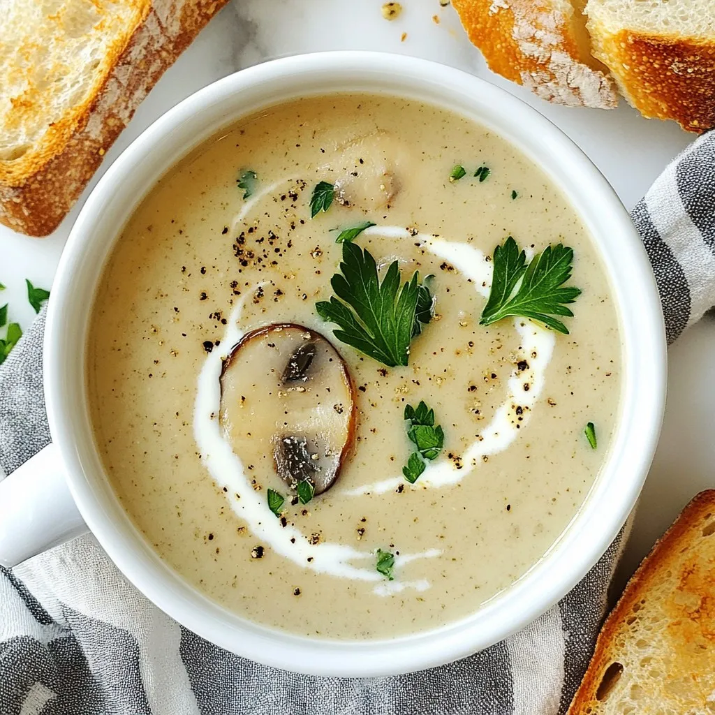 To make silky creamy mushroom soup, you need a few key ingredients: - 500g mixed mushrooms (button, cremini, shiitake), sliced - 1 medium onion, finely chopped - 3 cloves garlic, minced - 2 tablespoons olive oil - 4 cups vegetable broth - 1 cup heavy cream (or coconut cream for a dairy-free option) - 1 teaspoon fresh thyme leaves (or ½ teaspoon dried thyme) - Salt and black pepper to taste - 2 tablespoons fresh parsley, chopped (for garnish) These ingredients create a rich and flavorful bowl of soup that warms the soul. You can easily swap some ingredients for others. Here are a few ideas: - For mushrooms, use any variety you like. Portobello or oyster mushrooms can add a unique taste. - If you want a lighter soup, use half-and-half instead of heavy cream. - You can also replace vegetable broth with chicken broth if you prefer. This flexibility makes the recipe accessible for different diets and tastes. Fresh herbs and spices enhance flavor significantly. Thyme adds earthiness, while parsley gives a fresh pop. - Using fresh thyme over dried thyme brings vibrant flavor. - Always season with salt and pepper to taste. This step is crucial to balance the soup's richness. Fresh ingredients elevate your dish from good to gourmet. Don’t skip these! {{ingredient_image_1}} Start by heating olive oil in a large pot over medium heat. Once hot, add the finely chopped onion. Cook it for about five minutes until it turns translucent. Next, add the minced garlic and let it cook for one to two minutes. You want to smell that lovely garlic aroma fill your kitchen. Now, it's time for the mushrooms. Add in the sliced mixed mushrooms and stir. Cook them for seven to ten minutes. The mushrooms will release moisture and become tender. Make sure to stir occasionally for even cooking. Season your mushroom mix with fresh thyme, salt, and black pepper. Stir well so every bite is packed with flavor. After seasoning, pour in the vegetable broth. Bring the mixture to a gentle boil. Then reduce the heat and let it simmer for fifteen minutes. This allows all those flavors to come together beautifully. When the soup is ready, you can blend it directly in the pot with an immersion blender. This tool makes it easy to achieve that silky, creamy texture. Hold it at the bottom of the pot and turn it on. Move it slowly around to blend all the ingredients. If you don’t have an immersion blender, you can use a regular blender. Just be careful and blend in small batches. After blending, return the soup to low heat. Stir in the heavy cream, or coconut cream if you prefer dairy-free. Heat it through but avoid boiling. If the soup feels too thick, you can add more vegetable broth. If it’s too thin, let it simmer a bit longer. Taste the soup and adjust the seasoning if needed. Add more salt or pepper to suit your taste. Garnish your soup with fresh parsley before serving. Enjoy your rich and flavorful bowl of silky creamy mushroom soup! To get the best flavor from your mushrooms, use medium heat. Start with a hot pan and add olive oil. Make sure the mushrooms have space in the pan. If you crowd them, they will steam instead of sauté. Stir them often for even cooking. Cook until they soften and release water, about 7-10 minutes. This step adds depth to your soup. While thyme is great, you can add more herbs for extra flavor. Try adding fresh rosemary or tarragon. You can also use dried herbs if fresh ones aren't available. Just use half the amount since dried herbs are stronger. A splash of lemon juice at the end brightens the taste too. These small tweaks can elevate your soup to a new level. If you want a dairy-free option, coconut cream works well. Use the same amount as heavy cream. It adds richness and a hint of sweetness. Another option is to use unsweetened almond milk or oat milk. These keep the soup light but creamy. Just remember to adjust the seasoning, as these milks may change the taste slightly. Pro Tips Use Fresh Mushrooms: For the best flavor and texture, opt for fresh mushrooms rather than canned. They will give your soup a more vibrant taste. Blend for Creaminess: To achieve that silky texture, use an immersion blender or a standard blender. Be careful when blending hot liquids! Adjust Seasoning: Taste your soup before serving and adjust the seasoning as needed. A little extra salt or pepper can enhance the overall flavor. Garnish Creatively: Enhance the presentation by garnishing with a drizzle of cream, fresh herbs, or even sautéed mushrooms on top for a gourmet touch. {{image_2}} You can easily add protein to your silky creamy mushroom soup. Chicken is a great choice. Just cook diced chicken in the pot after the onions and garlic. This adds heartiness to your meal. For a vegan option, try tofu. Use firm tofu, cut it into cubes, and sauté it with the mushrooms. Both options boost protein and flavor. Mixing mushroom types makes your soup even better. Try adding portobello mushrooms for a rich taste. You can also use oyster mushrooms for a unique texture. Each type brings its own flavor. The mix of mushrooms creates a deep, earthy taste that makes each bite special. Don't be afraid to experiment! If you love spice, try adding chili! You can use fresh chilies or red pepper flakes. Add them when you sauté the onions and garlic. This gives the soup a nice kick. Adjust the spice level to your taste. A little heat can make the flavors pop and add excitement to your creamy soup. After making your silky creamy mushroom soup, let it cool down. This step is key. Pour the soup into airtight containers. Glass or plastic works well. Make sure to leave some space at the top. This allows for expansion when freezing. If you plan to eat it soon, store it in the fridge. It stays fresh for up to three days. When you're ready to enjoy the soup again, reheating is simple. Pour the soup into a pot. Heat it on medium-low, stirring often. This keeps it smooth and prevents burning. You can also use a microwave. Place the soup in a microwave-safe bowl and cover it. Heat in short bursts, stirring in between. This helps it warm evenly. Freezing soup is a great way to save it for later. Use the proper containers or freezer bags. Make sure to label them with the date. You can freeze the soup for up to three months. When you're ready to eat it, thaw it overnight in the fridge. Warm it on the stove, adding a splash of cream if needed. This restores its rich, creamy texture. Yes, you can make this soup ahead of time. It stays fresh in the fridge for up to three days. Just cool it down first and store it in an airtight container. When you're ready to eat, heat it up on the stove. Stir it well to bring back its creamy texture. I love using mixed mushrooms for this soup. Button, cremini, and shiitake work great together. Each type adds its own unique flavor. Button mushrooms are mild, cremini are earthy, and shiitake bring a rich taste. Feel free to mix and match based on what you find fresh at the store. If you want a thicker soup, try a few tricks. First, blend it longer to make it creamier. You can also add more heavy cream or coconut cream. Another option is to mix in a cornstarch slurry. Just mix equal parts cornstarch and cold water, then stir it into the soup while it simmers. This will make it thicker without altering the taste. This blog post covered key ingredients, cooking steps, and helpful tips for a creamy mushroom soup. I shared how fresh herbs boost flavor and how to adapt the recipe to your needs. Remember, using different mushrooms can change the taste. Try proteins or spices to make it your own. Proper storage ensures your soup stays fresh. With these methods, you can craft a delightful dish every time. Enjoy making your creamy mushroom soup!